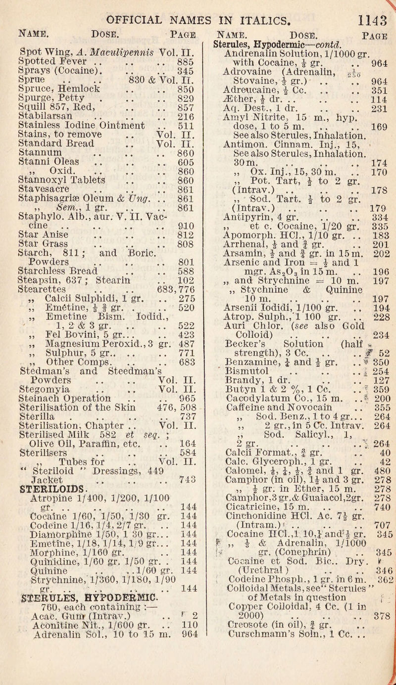 Name. Dose. Page Spot Wing, A. Maculi'pennis Vol. II. Spotted Fever .. Sprays (Cocaine). Sprue Spruce, Hemlock Spurge, Petty Squill 857, Fed, Stabilarsan Stainless Iodine Ointment Stains, to remove Standard Bread Stannum Stanni Oleas ,, Oxid. Stannoxyl Tablets Stavesacre Staphisagriae Oleum & TJng. Sem., 1 gr and Sta.phylo cine Star Anise Star Grass Starch, 811 Powders Starchless Bread Steapsin, 637 ; Stearin Stearettes „ Calcii Sulphidi, 1 ,, Emetine, i f gr. „ Emetine Bism. 1, 2 & 3 gr. ,, Fel Bovini, 5 gr... „ Magnesium Peroxid ,, Sulphur, 5 gr.. .. 885 .. 345 830 & Vol. II. .. 850 .. 829 .. 857 .. 216 . . 511 Vol. II. Vol. II. .. 860 .. 605 .. 860 .. 860 .. 861 .. 861 861 Alb., aur. V. II. Vac- .. 910 .. 812 808 Boric. .. 801 .. 588 . . 102 683,776 .. 275 . . 520 Iodid., .. 522 423 3 gr. 487 .. 771 683 gr. ,, Other Comps. Stedman’s and Steedman’s Powders .. .. Vol. II. Stegomyia .. .. Vol. II. Steinach Operation .. .. 965 Sterilisation of the Skin 476, 508 Sterilla . .. .. .. 737 Sterilisation, Chapter .. Vol. II. Sterilised Milk 582 et seq. ; Olive Oil, Paraffin, etc. .. 164 Sterilisers .. .. .. 584 ,, Tubes for . . Vol. II. “ Steriloid *’ Dressings, 449 Jacket .. .. .. 743 STERILOIDS. Atropine 1/400, 1/200, 1/100 gf .. .. . 144 Cocaine’1/60,l/50,'i/30 gr. 144 Codeine 1/16,1/4, 2/7 gr. .. 144 Diamorphine 1/50, 1 30 gr... 144 Emetine, 1/18,1/14,1/9 gr... 144 Morphine, 1/160 gr. .. 144 Quinidine, 1/60 gr. 1/50 gr. . 144 Quinine .. ..1/60 gr. 144 Strychnine,’1/360, 1/180, 1/90 gr. .. ’ .. .. .. 144 STERULES, HYPODERMIC. 760, each containing :— Acac. Gum (Intrav.) .. f 2 Aconitine Nit., 1/600 gr. .. 110 Adrenalin Sol., 10 to 15 m. 964 ' Name. dose. page Sterules, Hypodermic—contd. Andrenalin Solution, 1/1000 gr. with Cocaine, i gr. .. 964 Adrovaine (Adrenalin, Stovaine, i gr.) .. “.. 964 Adreucaine, i Cc. .. .. 351 ■TEther, i dr.114 Aq. Dest., 1 dr. .. .. 231 Amy! Nitrite, 15 m., hyp. dose, 1 to 5 m. .. .. 169 See also Sterules, Inhalation. Antimon. Cinnam. Inj., 15, See also Sterules, Inhalation. 30 m.. 174 „ Ox. Inj., 15, 30 m. .. 170 ,, Pot. Tart, | to 2 gr. (Intrav.) .. .. .. 178 ,, Sod. Tart. J to 2 gr. (Intrav.).179 Antipyrin, 4 gr.334 ,, et c. Cocaine, 1/20 gr. 335 Apomorph. HCJ., 1/10 gr. .. 183 Arrhenal, i and f gr. .. 201 Arsamin, | and f gr. in 15 m. 202 Arsenic and Iron = | and 1 mgr. As2Os in 15 m. .. 196 „ and Strychnine = 10 m. 197 ,, Stychnine & Quinine 10 m. .. .. .. 197 Arsenii lodidi, 1/100 gr. .. 194 Atrop. Sulph.,'l 100 gr. .. 228 Auri Chlor. (see also Gold Colloid) .. .. .. 234 Becker’s Solution (half » strength), 3 Cc. .. .. W 52 Benzamine, i and \ gr. .. v 350 Bismutol .. .. .. | 254 Brandy, 1 dr. .. .. ~ 127 Butyn 1 & 2 %, 1 Cc. .. I 359 Cacodylatum Co., 15 m. . .f 200 Caffeine and Novocain .. 355 ,, Sod. Benz., 1 to 4gr... 264 ,, 2 gr., in 5 Cc. Intrav. 264 „ Sod. Salicyl., 1, 2 gr. .1 264 Calcii Format., f gr. .. 40 Calc. Glyceroph., 1 gr. .. 42 Calomel, i, £, f and 1 gr. 480 Camphor (in oil), 1J and 3 gr. 278 ,, i gr. in Ether, 15 m. 278 Camphor,3 gr.& Guaiacol,2gr. 278 Cicatricine, 15 m. .. .. 740 Cinchonidine HC1. Ac. 7\ gr. (Intram.) * .. .. .. 707 Cocaine HC1.,1 10,£ and5! gr. 345 £ ,, J & Adrenalin, 1/1000 if gr. (Conephrin) .. 345 Cocaine et Sod. Bic.. Dry. (Urethra!) .. .. 346 Codeine Phosph., 1 gr. in 6 m. 362 Colloidal Metals, see“ Sterules ” of Metals in question ; Copper Colloidal, 4 Cc. (1 in 2000) 378 Creosote (in oil), f gr. Curschmann’s Soln., 1 Cc. ..