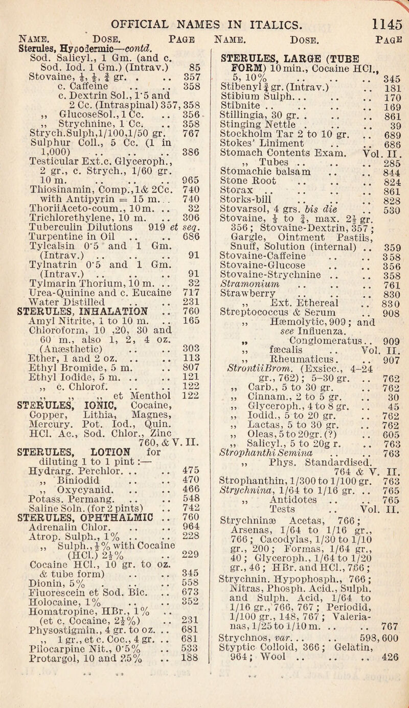 Name. Dose. Sterules, Hypodermic—contcl. Sod. Salicyl., 1 Gm. (and c. Sod. Iod. 1 Gm.) (Intrav.) 85 Stovaine, £, £, f gr. . .. 857 c. Caffeine .. .. 358 c. Dextrin Sol., 1‘5 and 2 Cc. (Intraspinal) 357, 358 ,, GlucoseSol., 1 Cc. .. 356 ,, Strychnine, 1 Cc. .. 358 Strych.Sulpli, 1/100,1/50 gr. 767 Sulphur Coll., 5 Cc. (1 in 1,000) . Testicular Ext.c. Glyceroph., 2 gr., c. Strych., 1/60 gr. 10 m. Thiosinamin, Comp.,l&2Cc. with Antipyrin = 15m... ThoriiAceto-coum., 10m. .. Trichlorethylene, 10 m. Tuberculin Dilutions Turpentine in Oil Tylcalsin O’5 and 1 Gm. (Intrav.) Tylnatrin O'5 and 1 Gm. (Intrav.) Tylmarin Thorium, 10 m. Urea-Quinine and c. Eucaine Water Distilled STERULES, INHALATION .. Amyl Nitrite, 1 to 10 m. Chloroform, 10 ,20, 30 and 60 m., also 1, 2, 4 oz. (Anaesthetic) Ether, 1 and 2 oz. . Ethyl Bromide, 5 m. Ethyl Iodide, 5 m. . ,, c. Chlorof. ,, ,, ,, et Menthol STERULES, IONIC, Cocaine, Copper, Lithia, Magnes, Mercury. Pot. Iod., Quin. HC1. Ac., Sod. Chlor., Zinc 760, & V. II. LOTION 1 to 1 pint Page Name. Dose. Page 386 965 740 740 32 306 919 et seq. .. 686 91 91 32 717 281 760 165 303 113 807 121 122 122 for STERULES, diluting Hydrarg. Perchlor. .. .. 475 ,, Biniodid .. .. 470 ,, Oxycyanid. .. .. 466 Potass. Permang. .. .. 548 Saline Soln. (for 2 pints) .. 742 STERULES, OPHTHALMIC .. 760 Adrenalin Chlor. .. .. 964 Atrop. Sulph., 1% .. .. 228 ,, Sulph.,\% with Cocaine (HC1.) 24% .. 229 Cocaine HC1., 10 gr. to oz. & tube form) .. .. 345 Dionin, 5% . .. .. 558 Fluorescein et Sod. Bic. .. 673 Holocaine, 1% .. .. 352 Homatropine, HBr., 1% (et c. Cocaine, 2J%) .. 231 Physostigmin., 4 gr. to oz. .. 681 ,, 1 gr., et c. Coc., 4 gr. .. 681 Pilocarpine Nit., 0'5% .. 533 Protargol, 10 and 25% .. 188 STERULES, LARGE (TUBE FORM) 10 min., Cocaine HC]., 5, 10% Stibenyl £ gr. (Intrav.) Stibium Sulph. Stibnite Stillingia, 30 gr. . Stinging Nettle . Stockholm Tar 2 to 10 gr. Stokes’ Liniment Stomach Contents Exam. Vol ,, Tubes Stomachic balsam Stone Root Storax Storks-bill Stovarsol, 4 grs. bis die Stovaine, £ to f, max. 24 gr. 356 ; Stovaine-Dextrin, 357 ; Gargle, Ointment Pastils, Snuff, Solution (internal) .. Stovaine-Caffeine Stovaine-Glucose Stovaine-Strychnine Stramonium Strawberry ,, Ext. Ethereal Streptococcus & Serum Haemolytic, 909; and see Influenza. Conglomerate.. faecalis .. Vol. ,, Rheumaticus. StrontiiBrom. (Exsicc., 4-24 gr., 762); 5-30 gr. .. ,, Carb., 5 to 30 gr. ,, Cinnam., 2 to 5 gr. „ Glyceroph., 4 to 8 gr. .. ,, lodid., 5 to 20 gr. ,, Lactas, 5 to 30 gr. ,, Oleas,5to20gr.(?) „ Salicyl., 5 to 20g r. Strophanthi Semina ,, Phys. Standardised. 764 & V. Strophanthin, 1/300 to 1/100 gr. Strychnina, 1/64 to 1/16 gr. .. ,, Antidotes Tests .. Vol. »> 345 181 170 169 861 39 689 688 . II. 285 844 824 861 828 530 359 3 58 356 358 761 830 830 908 909 II. 907 762 762 30 45 762 762 605 763 763 II. 763 765 765 II. Strychninae Acetas, 766 ; Arsenas, 1/64 to 1/16 gr., 766 ; Cacodylas, 1/30 to 1/10 gr., 200; Formas, 1/64 gr., 40 ; Glyceronh., 1/64 to 1/20 gr., 46 ; HBr. and HC1., 7,86 ; Strychnin. Hypophosph., 766; Nitras, Phosph. Acid., Sulph. and Sulph. Acid, 1/64 to 1/16 gr.,'766, 767 ; Periodid, 1/100 gr., 148, 767 ; Valeria- nas, 1/25to 1/10 m. .. .. 767 Strychnos, var. .. .. 598, 600 Styptic Colloid, 366 ; Gelatin, 964; Wool.426