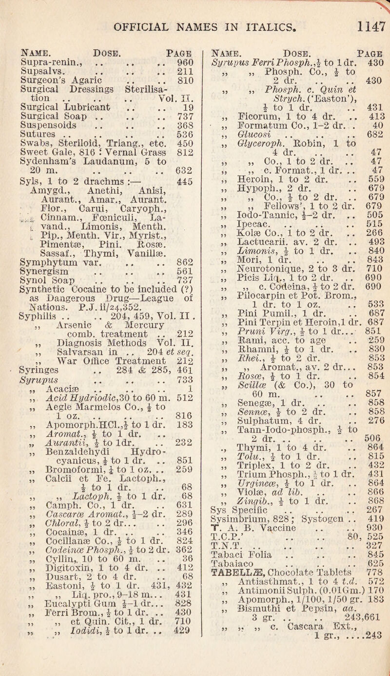 Name. Dose. Page Supra-renin., * # 960 Supsalvs. • • 211 Surgeon’s Agaric , # 810 Surgical Dressings Sterilisa- tion Vol . II. Surgical Lubricant .. 19 Surgical Soap # # 737 Suspensoids ., 368 Sutures 536 Swabs, Steriloid, Triang., etc. 450 Sweet Gale, 816 Vernal Grass 812 Sydenham’s Laudanum, 5 to 20 m. 632 Syls, 1 to 2 drachms :— 445 Amygd., Anethi, Anisi, Aurant., Amar., Aurant. Flor., Cami, Caryoph., Cinnam., Fceniculi, La- t vand., Limonis, Menth. , Pip., Menth. Vir., Myrist., Pimentse, Pini. Rosse. Sassaf., Thymi, Vanillas. Symphytum var. .. .. 862 Synergism .561 Synol Soap .. .. .. 737 Synthetic Cocaine to be included (?) as Dangerous Drug—League of Nations. P. J. ii/24,352. Syphilis .. .. 204, 459, Vol. II. ,, Arsenic & Mercury comb, treatment .. 212 ,, Diagnosis Methods Vol. II. ,, Salvarsan in .. 204: etseq. ,, War OiRce Treatment 212 Syringes .. 284 & 285, 46l Syrupus ,. .. .. 733 ,, Acacise . * .. .« 1 ,, Acid Hydriodic,30 to 60 m. 512 ,, Aegle Marmelos Co., £ to 1 oz.816 „ Apomorph.HCl.,^ to 1 dr. 183 ,, Aromal., J to 1 dr. „ Aurantii, J to ldr. .. 232 ,, Benzaldehydi Hydro - cyanicus, i to 1 dr. .. 851 ,, Bromoformi, i to 1 oz. .. 259 „ Calcii et Pe. Lactoph., \ to 1 dr. .. 68 „ ,, Lactoph. i to 1 dr. 68 ,, Camph. Co., 1 dr. .. 631 „ Cascaroe Aromat., \~2 dr. 289 „ Chloral, \ to 2 dr.296 ,, Cocainse, 1 dr. .. .. 346 „ Cocillanse Co., \ to 1 dr. 824 ,, Codeinoe Phosph., \ to 2 dr. 362 „ Cyllin,, 10 to 60 m. .. 36 „ Digitoxin, 1 to 4 dr. .. 412 „ Dusart, 2 to 4 dr. .. 68 ,, Eastoni, \ to 1 dr. 431, 432 ,, ,, Liq. pro., 9-18 m... 431 ,, Eucalypti Gum J-ldr... 828 ,, Eerri Brom., i to 1 dr. .. 430 ,, ,, et Quin. Cit., 1 dr. 710 „ ,, lodidi, \ to 1 dr. .. 429 Name. Dose. Page Syrupus FerriPhosph.Qz to 1 dr. 430 ,, ,, Phosph. Co., i to 2 dr. .. .. 430 ,, ,, Phosph. c. Quin et Strych. (‘Easton’), J to 1 dr. .. 431 ,, Eicorum, 1 to 4 dr. .. 413 ,, Eormatum Co., 1-2 dr. . 40 ,, Glucosi .. .. .. 682 ,, Glyceroph. Robin, 1 to 4 dr. .. .. 47 ,, „ Co., 1 to 2 dr. .. 47 ,, ,, c. Format., 1 dr. .. 47 ,, Heroin, 1 to 2 dr. .. 559 ,, Hypoph., 2 dr. .. 679 ,, m Co., J to 2 dr. .. 679 ,, ,, Fellows’, 1 to 2 dr. 679 ,, Iodo-Tannic, J-2 dr. .. 505 „ Ipecac. .. .. .. 515 „ Kobe Co., 1 to 2 dr. .. 266 ,, Lactucarii. av. 2 dr. .. 493 ,, Limonis, § to 1 dr. .. 840 ,, Mori, 1 dr. .. .. 843 ,, Neurotonique, 2 to 3 dr. 710 ,, Picis Liq., 1 to 2 dr. .. 690 ,, ,, c. Codeina, J to 2 dr. 690 „ Pilocarpin et Pot. Brom., 1 dr. to 1 oz. .. 533 ,, Pini Pumil., 1 dr. .. 687 ,, Pini Terpin et Heroin,1 dr. 687 ,, Pruni Virg., 4 to 1 dr... 851 ,, Rami, acc. to age .. 259 ,, Rhamni, \ to 1 dr. .. 830 ,, Rhei., i to 2 dr. 853 ,, „ Aromat., av. 2 dr... 853 ,, Rosoe, J to 1 dr. . # 854 ,, Scillce (& Co.), 30 to 60 m. # . 857 ,, Senegse, 1 dr. # # 858 ,, Sounce, l to 2 dr. # # 858 ,, Sulphatum, 4 dr. . , 276 ,, Tann-Iodo-phosph., 1 r to 2 dr. .. # # 506 ., Thymi, 1 to 4 dr. 864 ,, Tolu., \ to 1 dr. # # 815 ,, Triplex, 1 to 2 dr. . . 432 „ Trium Phosph., \ to 1 dr. 431 „ Urginece, 4 to 1 dr. , . 864 ,, Viohe, ad lih. 866 ,, Zingib., 4 to 1 dr. # # 868 Sys Specific , • • 267 Sysimbrium, 828 : Systogen .. 419 T. A. B. Vaccine , . 930 T.C.P.’ 80, 525 T.N.T. , . 327 Tabaci Folia 845 Tabaiaco # * 625 TABELLZE, Chocolate Tablets 778 ,, Antiasthmat., 1 to 4 t.d. 572 ,, Antimonii Sulph. (O.OIGm.) 170 ,, Apomorph., 1/100, 1/50 gr. 183 ,, Bismut hi et Pepsin, aa. 3 gr.' .. .. 243,661 „ ,. ,, c. Cascara Ext., 1 gr., .243