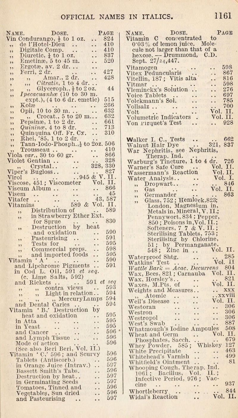 Name. Dose. Page Vin Condurango, £ to 1 oz. .. 824 ,, de l’Hotel-Dieu .. .. 410 ,, Digitale Comp. .. .. 410 ,, Diuretic, J to 1 oz. .. 837 ,, Emetinse, 5 to 45 m. .. 520 ,, Ergotae, av. 2 dr. .. ,, Ferri, 2 dr. .. .. 427 ,, ,, Amar., 2 dr. .. 428 , ,,, Citratis, 1 to 4 dr. .. ,, ,, Glyceroph., 4 to 2 oz. 44 ,, Ipecacuanha? (10 to 30 m. expt.), (4 to 6 dr. emetic) 515 „ Kolte .. .. .. 266 ,, Opii, 10 to 30 m. .. .. 632 ,, ,, Crocat., 5 to 20 m... 632 ,, Pepsinse, 1 to 2 dr. .. 661 ,, Quinince, 4 to 8 dr. .. 713 ,, Quinquina Off. Fr. Cx. .. 310 ,, Phei, ’85, 1 to 2 dr. ,, Tann-Iodo-Phosph.,! to 2oz. 506 ,, Trousseau .. .. .. 410 Viola var., 30 to 60 gr. .. 866 Violet Gentian .. .. .. 328 ,, Crystal.. .. 328,330 Viper’s Bugloss.. .. .. 827 Virol .. .. . .945 &V. II. Viscose, 451; Viscometer Vol. II. Viscum Album .. .. .. 866 Visem .. .. .. .. 45 Vitafer .. .. .. 43, 587 Vitamins .. 589 & Vol. II. ,, Distribution of .. 589 ,, in Strawberry Ether Ext. for Sprue .. .. 830 ,, Destruction by heat and oxidation .. 590 „ Pasteurising .. .. 591 ,, Tests for .. .. 595 ,, Commercial preps. .. 598 ,, and imported foods .. 595 Vitamin ‘ A ’ .. .. .. 590 and Lipchrome Pigments .. 591 in Cod L. Oil, 591 et seq. (c. Lime Salts, 592) and Pickets .. .. 591 et seq „ ,, contra views .. 593 ,, ,, Light in relation.. 594 ,, ,, ,, MercuryLamps 594 and Dental Caries .. .. 594 Vitamin ‘ B,’ Destruction by heat and oxidation .. 595 in Atta .. .. .. 595 in Yeast .. .. .. 595 and Cancer .. .. .. 596 * and Lymph Tissue .. .. 596 Mode of action . . .. 596 (See also Beri Beri, Vol. II.) Vitamin ‘ C,’ 596; and Scurvy 596 Tablets (Antiscorb.) .. 596 in Orange Juice (Intrav.) .. 597 Bassett Smith’s Tabs. .. 596 Destruction by heat.. .. 597 in Germinating Seeds .. 597 Tomatoes, Tinned and .. 596 Vegetables, Sun dried .. 596 and Pasteurising .. .. 597 Name. Dose. Page Vitamin C concentrated to 0'03% of lemon juice. Mole¬ cule not larger than that of a hexose. — Drummond, C.D. Sept. 27/24,447 Vitamogen # # .. 598 Vitex Peduncularis ,. 867 Vitellin, 187 ; Vitis alta .. 816 Vitmar . . 598 Vleminckx’s Solution .. 276 Voice Tablets .. • . .. 697 Volckmann’s Sol. , , .. 785 Vollsalz . , . . 700 Volt Vol. II. Volumetric Indicators . Vol. II. Von rirquet’s Test • • .. 928 Walker I. C., Tests • • .. 662 Walnut Hair Dye • • 321, 837 War Nephritis, see Eephntis, Therap. Ind. • • • . Warburg’s Tincture, 1 to 4 dr. 726 Warner’s Safe Cure , * Vol. II. Wassermann’s Reaction Vol. II. Water Analysis.. • • Vol. I. ,, Dropwart.. • • .. 846 ,, Gas • • Vol. II. ,, Germander .. .. 863 „ Glass, 752 ; Hemlock,823; London, Magnesium in, Metals in, Mineral, v. II.; Pennywort, 834; Pepper, 850 ; Poisons in,Vol. II.; Softeners, 7 7 & V. II. ; Sterilising Tablets, 753; Sterilising by Chlorine, 51; by Permanganate, 548; Zinc in .. Vol. II. Waterproof Shtg. .. . • 285 Watkins’ Test .. .. Vol. II Wattle Bark = Acac. Decunens 804 Wax, Bees, 821; Carnauba Vol. II. Wax, Horsley’s.. .. .. 821 Waxes, M.Pts. of .. Vol. II. Weights and Measures.. .. xxx ,, Atomic.xxviii Vol. II. .. 306 .. 306 ..306 . . 887 Weil’s Disease Westoran W estron Westropol West’s Swab Whatmough’s Iodine Ampoules 508 Wheat and Germ Phosphates, Sacch. Whey Powder, 585 White Precipitate Whitehead’s Varnish .. Whitfield’s Ointment .. Whooping Cough, The rap 1061; Bacillus, Vol. Infective Period, 976 ; cine Whortleberry Widal’s Reaction Vol. II. .. 679 Whiskey 127 .. 463 .. 499 81 Ind. II.; Vac- .. 937 .. 844 Vol. II.