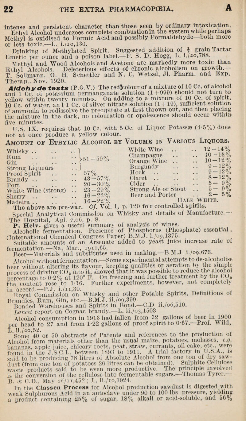 intense and persistent character than those seen by ordinary intoxication. Ethyl Alcohol undergoes complete combustion in the system while perhaps Methyl is oxidised to Formic Acid and possibly Formaldehyde both more or less toxic.—L. i./2o,130. Drinking of Methylated Spirit. Suggested addition of ^ grain Tartar Emetic per ounce and a poison label.—F. S. D. Hogg, L. i./2o,788. Methyl and Wood Alcohols and Acetone are markedly more toxic than Ethyl Alcohols. Deleterious effects of chronic alcoholism on growth.— T. Sollmann, O. H. Schettler and N. C. Wetzel, Jl. Pharm. and Exp. Therap.. Nov. 1920. Aldehyde tests (P.G.V.) The redjcolour of a mixture of 10 Cc. of alcohol and 1 Cc. of potassium permanganate solution (1 + 999) should not turn to yellow within twenty minutes. On adding to a mixture of 10 Cc. of spirit, 10 Cc. of water, and 1 Cc. of silver nitrate solution (1 + 19), sufficient solution of ammonia to redissolve the precipitate at first thrown out, and then placing the mixture in the dark, no colouration or opalescence should occur within five minutes. U.S. IX. requires that 10 Cc. with 5 Cc. of Liquor Potassse (4-5%) does not at once produce a yellow colour. Amount of Ethylic Alcohol by Volume in Various Liquors. Whisky Rum Gin Strong Liqueurs Proof Spirit Brandy Port White Wine (strong) Sherry Madeira 1 [-51—59 O/ /o 57% 43-57% 20-30% 23-29% 16-22% 16-22% White Wine Champagne Orange Wine Burgundy Hock Claret .. Cider Strong Ale or Stout Beer and Porter Hale 12-14% 10-13% 10-12% 9-12% 9-12% 8-12% 5- 5- 2- White. 9% 9% 5% The above are pre-war. Cf. Vol. I, p. 120 for controlled spirits. Special Analytical Commission on Whisky and details of Manufacture.- The Hospital/ Apl. 7,06, p. 8. . P. Helv. gives a useful summary of analysis of wines. Alcoholic fermentation. Presence of Phosphorus (Phosphate) essential . (International Chemical Congress Paper) B.M.J. i./o9,1375. > Suitable amounts of an Arsenate added to yeast juice increase rate of fermentation.—Na, Mar., 1911,65. . P5eer—Materials and substitutes used m making—B.M.J. i./o9,673. Alcohol without fermentation.—Some experimental attempts to de-alcoholise beer without altering its flavour, keeping qualities or aeration by the simple process of driving C02 into it, showed that it was possible to reduce the alcohol percentage to 0-2% at 120° F. On freezing and further treatment by the C02 the content rose to 1-16- Further experiments, however, not completely Royal^Commission on Whisky and other Potable Spirits, Definitions of Brandies, Rum, Gin, etc.—B.M.J. ii./o9,399. .. • Bonded Warehouses and Spirits in Bond.—C.D n./o6,510. Lancet report on Cognac brandy.—L. ii./o3,1503 Alcohol consumption in 1913 had fallen from 32 gallons of beer in 1900 per head to 27 and from 1*22 gallons of proof spirit to 0-67—Prof. Wild, L. ii./2o,52. Some 40 or 50 abstracts of Patents and references to the production of Alcohol from materials other than the usual maize, potatoes, molasses, e.g. bananas, apple juice, chicory roots, peat, straw, currants, oil cake, etc., were found in the J.S.C.T.. between 1893 to 1911. A trial factory 111 U.S.A., is said to be producing 78 litres of Absolute Alcohol from one ton of dry saw¬ dust (from one ton of potatoes 20 litres can be obtained). Sulphite Cellulose waste products said to be even more productive. The principle involved is the conversion of the cellulose into fermentable sugars.—Thomas Tyrer.— B. & C.D., May 26/11,452; L. ii./io,1924. In the Classen Process for Alcohol production sawdust is digested with weak Sulphurous Acid in an autoclave under 90 to 100 lbs pressure, yielding a product containing 25% of sugar, 18% alkali or acid-soluble, and 56%