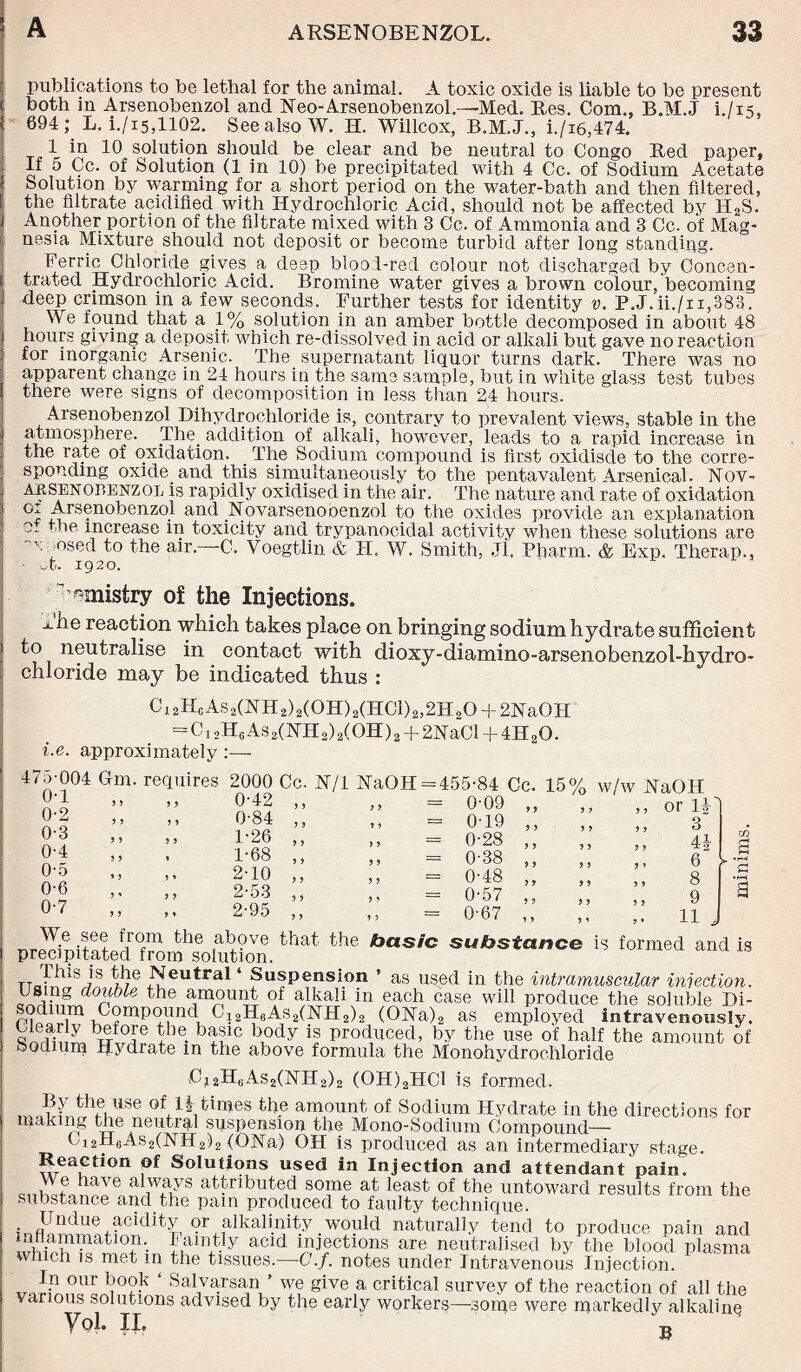publications to be lethal for the animal. A toxic oxide is liable to be present both in Arsenobenzol and Neo-Arsenobenzol.—Med. Res. Com., B.M.J i./is, 694 ; L. i./15,1102. See also W. H. Willcox, B.M.J., i./i6,474. 1 in 10 solution should be clear and be neutral to Congo Red paper, If 5 Cc. of Solution (1 in 10) be precipitated with 4 Cc. of Sodium Acetate Solution by warming for a short period on the water-bath and then filtered, the filtrate acidified with Hydrochloric Acid, should not be affected by H2S. Another portion of the filtrate mixed with 3 Cc. of Ammonia and 3 Cc. of Mag¬ nesia Mixture should not deposit or become turbid after long standing. Ferric Chloride gives _a deep blood-red colour not discharged by Concen¬ trated Hydrochloric Acid. Bromine water gives a brown colour, becoming deep crimson in a few seconds. Further tests for identity v. P.J.ii./n,383. We found that a 1% solution in an amber bottle decomposed in about 48 hours giving a deposit which re-dissolved in acid or alkali but gave no reaction for inorganic Arsenic. The supernatant liquor turns dark. There was no apparent change in 24 hours in the same sample, but in white glass test tubes there were signs of decomposition in less than 24 hours. Arsenobenzol Dihydrochloride is, contrary to prevalent views, stable in the j atmosphere. The. addition of alkali, however, leads to a rapid increase in the rate of oxidation. . The Sodium compound is first oxidisde to the corre¬ sponding oxide, and this simultaneously to the pentavalent Arsenical. Nov- arsenobenzol is rapidly oxidised in the air. The nature and rate of oxidation Arsenobenzol and Novarsenooenzol to the oxides provide an explanation °* ■ ■ e increase in toxicity and trypanocidal activity when these solutions are osed to the air. C. Voegtlin & II. W. Smith, Jl. Pharm. & Exp. Therap., • A. 1920. ministry of the Injections. xhe reaction which takes place on bringing sodium hydrate sufficient to neutralise in contact with dioxy-diamino-arsenobenzol-hydro- chloride may be indicated thus : Ci2HcAs2(NH2)2(0H)2(HCl)2,2H20 +2NaOH = C! 2HGAs2(NH2)2(OH)2 + 2NaCl + 4H20. i.e. approximately 475-0°4 Gm. requires 2000 Cc. H/l NaOH = 455-84 Cc. 15% w/w JNTaOH 0-1 0-2 0-3 0-4 0-5 0-6 0-7 0-42 0-84 1-26 1-68 2-10 2-53 2-95 0-09 0-19 0-28 0-38 0-48 0-57 0-67 or 1| 3 41 6 8 9 11 a •r-i a the ,ah?ve that the basic substance is formed and is precipitated from solution. TTaf^SJS ^eutral ‘ Suspension ’ as used in the intramuscular injection. Us ng double the amount of alkali in each case will produce the soluble Di- . ocUum Compound Ci2H6As2(NH2)2 (ONa)2 as employed intravenously. before the basic body is produced, by the use of half the amount of bodium Hydrate in the above formula the Monohydrochloride C,2H6As2(HH2)2 (OH)2HCl is formed. By the use of 1| times the amount of Sodium Hydrate in the directions for making the neutral suspension the Mono-Sodium Compound— Ci2H0As2(NH.2)2 (ONa) OH is produced as an intermediary stage. Reaction of Solutions used in Injection and attendant pain. We have always attributed some at least of the untoward results from the substance and the pain produced to faulty technique. • Undue acidity or alkalinity would naturally tend to produce pain and !!nn-;!.7Una 'IOf1'- +1allVt- y acid hi-jections are neutralised by the blood plasma wh ch is met in the tissues.—C.f. notes under Intravenous Injection. *.n our hook ‘ Salvarsan ’ we give a critical survey of the reaction of all the various solutions advised by the early workers—some were markedly alkaline ypi. 11. -g
