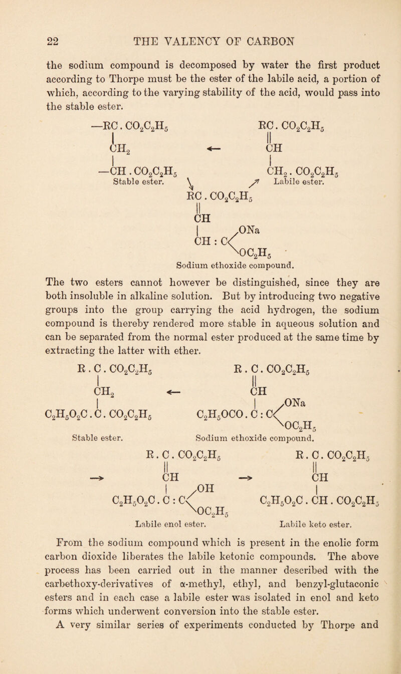 the sodium compound is decomposed by water the first product according to Thorpe must be the ester of the labile acid, a portion of which, according to the varying stability of the acid, would pass into the stable ester. —EC. C02C2H5 Ah2 I —CH . CO/J2IL Stable ester. EC. C02C2H5 II CH CH2. C02C2H5 y? Labile ester. EC. C02C2H5 II CH | yONa CH : C< \oc2H5 Sodium ethoxide compound. The two esters cannot however be distinguished, since they are both insoluble in alkaline solution. But by introducing two negative groups into the group carrying the acid hydrogen, the sodium compound is thereby rendered more stable in aqueous solution and can be separated from the normal ester produced at the same time by extracting the latter with ether. E.C. CG2C2H5 ch2 I CJLO/J • C. C02C2H5 Stable ester. E.C. C02C2H5 II CH | yONa C2H5OCO. C : Q< \ oc2h5 Sodium ethoxide compound. E.C. C02C2H5 CH E.C. C02C2H5 II CH /OH C2H502C. C : C< xoc2h5 Labile enol ester. C2H502C . CH . C02C2H3 Labile keto ester. From the sodium compound which is present in the enolic form carbon dioxide liberates the labile ketonic compounds. The above process has been carried out in the manner described with the carbethoxy-derivatives of a-methyl, ethyl, and benzyl-glutaconic esters and in each case a labile ester was isolated in enol and keto forms which underwent conversion into the stable ester. A very similar series of experiments conducted by Thorpe and