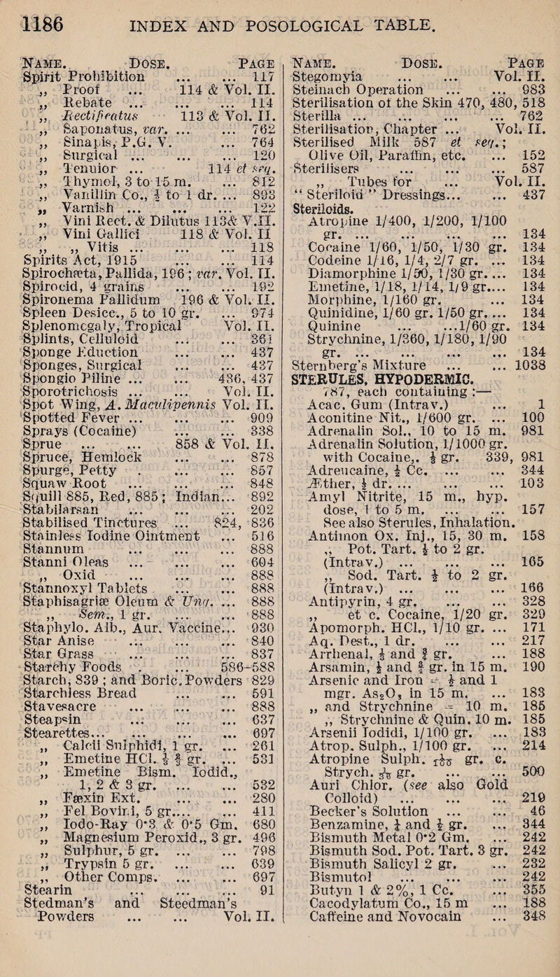 Name. Dose. Page Spirit Prohibition . 117 „ Proof ... 114 & Yol. II. „ Debate . ... 114 „ Rectifratus 113 & Yol. II. „ Saponatus, var.. 762 „ Sinapis, P.G. V. ... 764 ,, Surgical. 120 „ Tenuior ... 114 et aeq. „ 1 hyniol, 3 to 15 ra. ... 812 ,, Vanillin Co., 1 to 1 dr. ... 893 „ Varnibh. 122 ,, Yini Rect. & Dilutus 113& V.II. ,, Vini Gallici 118 & Vol. II ,, ,, Vitis. 118 Spirits Act, 1915 114 Spirochfeta, Pallida, 196 ; var. Vol. TI. Spiro odd, 4 grains . 192 Spironema Pallidum 196 & Vol. II. Spleen Desice., 5 to 10 gr. ... 974 Splenomegaly, Tropical Vol. II. Splints, Celluloid . 361 Sponge Eduction . 437 Sponges, Surgical . 437 Spongio Piline. 436, 437 Sporotrichosis ... ... Yol. II. Spot Wing, A. Macvlipennis Vol. II. Spotted Fever. 909 Sprays (Cocaine) . 338 Sprue ... ... 858 & Vol. II. Spruce, Hemlock . 878 Spurge, Petty . 857 Squaw Root ... ... ... 848 Squill 885, Red, 885 ; Indian... 892 Stabilarsan ... ... ... 202 Stabilised Tinctures ... 824, 836 Stainless Iodine Ointment ... 516 Stannum . 888 Stanni Oleas . 604 ,, Oxid . 888 Stannoxyl Tablets . 888 Sta.phisagria3 Oleum & Una. ... 888 ,, Sem., 1 gr. ... ... 888 Staphylo. Alb., Aur. Vaccine... 930 Star Anise .840 Star Grass ... ... ... 837 Starchy Foods . ... 586-588 Starch, S39 ; and Boric.Powders 829 Starch Jess Bread . 591 Stavesacre ... . 888 Steapcin 637 Stearettes. 697 „ Calcii Sulphidi, 1 gr. ... 261 „ Emetine HC1. £ f gr. ... 531 „ Emetine Bism. lodid.. 1, 2 & 3 gr. „ Fwxin Ext. 532 280 „ Fel Bovir.i, 5 gr. 411 „ lodo-Ray 0*3 & 0*5 Gm. 680 „ Magnesium Peroxid., 3 gr. 496 „ Sulphur, 5 gr. 798 ,, Trypsin 5 gr.639 ,, Other Comps. 697 Stearin ... ... ... 91 Stedman’s and Steedman’s Pov/ders . Vol. II, Name. Dose. Page Stegomyia . Vol. II. Steinach Operation ... ... 983 Sterilisation of the Skin 470, 480, 518 Sterilla ... ... ... ... 762 Sterilisation, Chapter ... Vol. II. Sterilised Milk 587 et seq.; Olive Oil, Paraffin, etc. ... 152 Sterilisers . ... 587 „ Tubes for ... Vol. II. “ Steriloid ” Dressings. 437 Steriioids. Atropine 1/400, 1/200, 1/100 gr. ... ... ... ... 134 Cocaine 1/60, 1/50, 1/30 gr. 134 Codeine l/i6, 1/4, 2/7 gr. ... 134 Diamorphine 1/50, 1/30 gr.... 134 Emetine, 1/18, 1/14, 1/9 gr.... 134 Morphine, 1/160 gr. ... 134 Quinidine, 1/60 gr. 1/50 gr.... 134 Quinine .1/60 gr. 134 Strychnine, 1/360, 1/180,1/90 gr.134 Sternberg’s Mixture .1038 STERULES, HYPODERMIC. 787, each containing :— Acac. Gum (Intrav.) ... 1 Aconitine Nit., 1/600 gr. ... 100 Adrenalin Sol., 10 to 15 m. 981 Adrenalin Solution, 1/1000 gr. with Cocaine,. £ gr. 339, 981 Adreucaine, £ Cc. ... ... 344 ./Ether, | dr. ... ... ... 103 Amyl Nitrite, 15 m„ hyp. dose, I to 5 m. 157 See also Sterules, Inhalation. Antimon Ox. Inj., 15, 30 m. 158 ,, Pot. Tart, i to 2 gr. (Intrav.) ... . 165 ,, Sod. Tart. £ to 2 gr. (Intrav.) . ... 166 Antipyrin, 4 gr.328 ,, et c. Cocaine, 1/20 gr. 320 Apomorph. HC1., 1/10 gr. ... 171 Aq. Pest., 1 dr.217 Arrhenal, £ and | gr. ... 188 Arsamin, J and f gr. in 15 m. 190 Arsenic and Iron ^ £ and 1 mgr. As20, in 15 m. ... 183 „ and Strychnine - 10 m. 185 „ Strychnine & Quin. 10 m. 185 Arsenii lodicii, 1/100 gr. ... 183 Atrop, Sulph., 1/100 gr. ... 214 Atropine Sulph. ^ gr. c. Strych. ^ gr.500 Auri Chior. {see also Gold Colloid) .219 Becker’s Solution . 46 Benzamine, J and £ gr. ... 344 Bismuth Metal 0*2 Gm. ... 242 Bismuth Sod. Pot. Tart. 3 gr. 242 Bismuth Salicyl 2 gr. ... 232 Bismutol ... ... ... 242 Butyn 1 & 2%, 1 Cc. ... 355 Cacodylatum Co., 15 m ... 188 Caffeine and Novocain ... 348