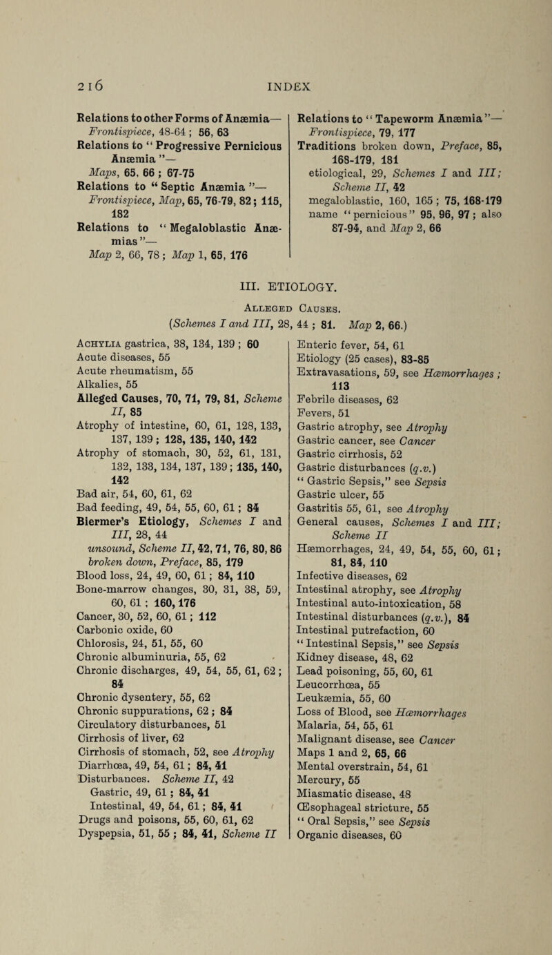 Relations to other Forms of Anaemia— Frontispiece, 48-64 ; 56, 63 Relations to “ Progressive Pernicious Anaemia ”— Maps, 65, 66 ; 67-75 Relations to “ Septic Anaemia ”— Frontispiece, Map, 65, 76-79, 82; 115, 182 Relations to “ Megaloblastic Anae¬ mias ”— Map 2, 66, 78; Map 1, 65, 176 Relations to “ Tapeworm Anaemia ”— Frontispiece, 79, 177 Traditions broken down, Preface, 85, 168-179, 181 etiological, 29, Schemes I and III; Scheme II, 42 megaloblastic, 160, 165 ; 75, 168-179 name “pernicious” 95, 96, 97; also 87-94, and Map 2, 66 III. ETIOLOGY. Alleged Causes. (Schemes I and III, 28, 44 ; 81. Map 2, 66.) Achylia gastrica, 38, 134, 139 ; 60 Acute diseases, 55 Acute rheumatism, 55 Alkalies, 55 Alleged Causes, 70, 71, 79, 81, Scheme II, 85 Atrophy of intestine, 60, 61, 128, 133, 137, 139 ; 128, 135, 140, 142 Atrophy of stomach, 30, 52, 61, 131, 132, 133, 134, 137, 139; 135, 140, 142 Bad air, 54, 60, 61, 62 Bad feeding, 49, 54, 55, 60, 61; 84 Biermer’s Etiology, Schemes I and III, 28, 44 unsound, Scheme II, 42, 71, 76, 80, 86 broken down, Preface, 85, 179 Blood loss, 24, 49, 60, 61; 84, 110 Bone-marrow changes, 30, 31, 38, 59, 60, 61 ; 160,176 Cancer, 30, 52, 60, 61; 112 Carbonic oxide, 60 Chlorosis, 24, 51, 55, 60 Chronic albuminuria, 55, 62 Chronic discharges, 49, 54, 55, 61, 62 ; 84 Chronic dysentery, 55, 62 Chronic suppurations, 62 ; 84 Circulatory disturbances, 51 Cirrhosis of liver, 62 Cirrhosis of stomach, 52, see Atrophy Diarrhoea, 49, 54, 61; 84, 41 Disturbances. Scheme II, 42 Gastric, 49, 61; 84, 41 Intestinal, 49, 54, 61; 84, 41 Drugs and poisons, 55, 60, 61, 62 Dyspepsia, 51, 55 ; 84, 41, Scheme II Enteric fever, 54, 61 Etiology (25 cases), 83-85 Extravasations, 59, see Hcemorrliacjes ; 113 Febrile diseases, 62 Fevers, 51 Gastric atrophy, see Atrophy Gastric cancer, see Cancer Gastric cirrhosis, 52 Gastric disturbances (q.v.) “ Gastric Sepsis,” see Sepsis Gastric ulcer, 55 Gastritis 55, 61, see Atrophy General causes, Schemes I and III; Scheme II Haemorrhages, 24, 49, 54, 55, 60, 61; 81, 84, 110 Infective diseases, 62 Intestinal atrophy, see Atrophy Intestinal auto-intoxication, 58 Intestinal disturbances (q.v.), 84 Intestinal putrefaction, 60 “ Intestinal Sepsis,” see Sepsis Kidney disease, 48, 62 Lead poisoning, 55, 60, 61 Leucorrhoea, 55 Leukaemia, 55, 60 Loss of Blood, see Hcemorrhages Malaria, 54, 55, 61 Malignant disease, see Cancer Maps 1 and 2, 65, 66 Mental overstrain, 54, 61 Mercury, 55 Miasmatic disease, 48 (Esophageal stricture, 55 “ Oral Sepsis,” see Sepsis Organic diseases, 60
