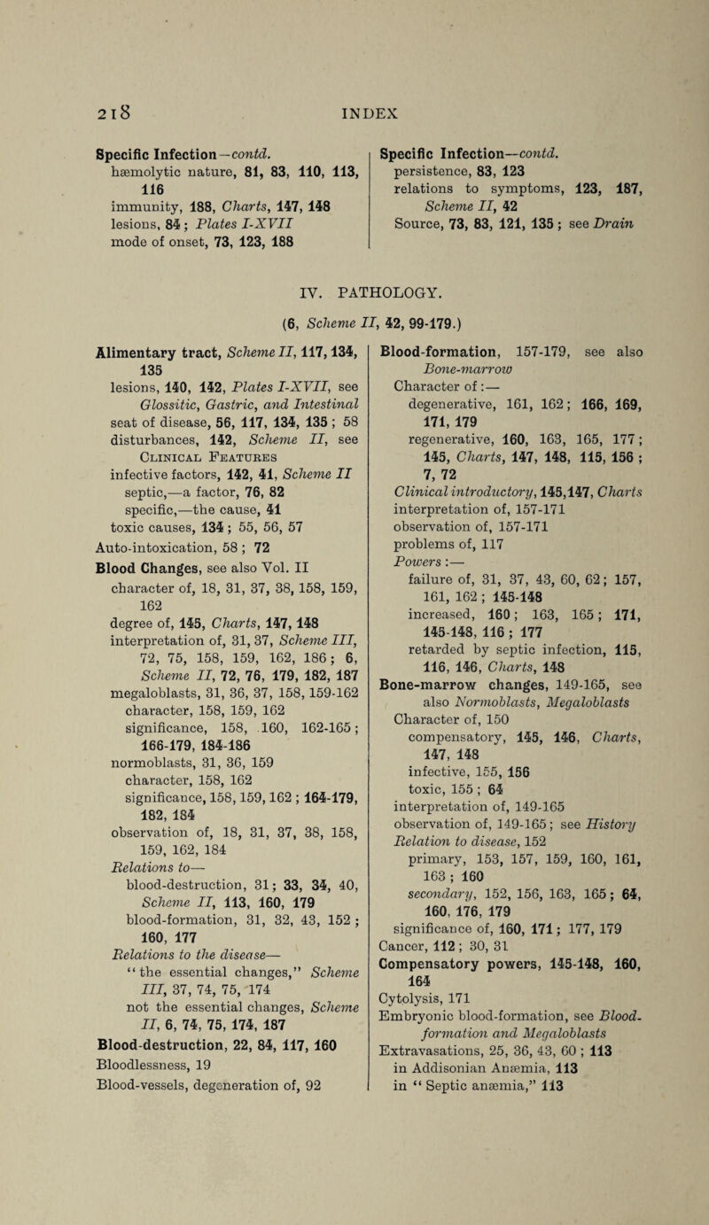 Specific Infection—contd. haemolytic nature, 81, 83, 110, 113, 116 immunity, 188, Charts, 147, 148 lesions, 84 ; Plates I-XVII mode of onset, 73, 123, 188 Specific Infection—contd. persistence, 83, 123 relations to symptoms, 123, 187, Scheme II, 42 Source, 73, 83, 121, 135 ; see Drain IV. PATHOLOGY. (6, Scheme II, 42, 99-179.) Alimentary tract, Scheme II, 117,134, 135 lesions, 140, 142, Plates I-XVII, see Glossitic, Gastric, and Intestinal seat of disease, 56, 117, 134, 135 ; 58 disturbances, 142, Scheme II, see Clinical Features infective factors, 142, 41, Scheme II septic,—a factor, 76, 82 specific,—the cause, 41 toxic causes, 134 ; 55, 56, 57 Auto-intoxication, 58 ; 72 Blood Changes, see also Vol. II character of, 18, 81, 37, 38, 158, 159, 162 degree of, 145, Charts, 147,148 interpretation of, 31, 37, Scheme III, 72, 75, 158, 159, 162, 186; 6, Scheme II, 72, 76, 179, 182, 187 megaloblasts, 31, 36, 37, 158, 159-162 character, 158, 159, 162 significance, 158, .160, 162-165; 166-179, 184-186 normoblasts, 31, 36, 159 character, 158, 162 significance, 158,159,162 ; 164-179, 182, 184 observation of, 18, 31, 37, 38, 158, 159, 162, 184 Relations to— blood-destruction, 31; 33, 34, 40, Scheme II, 113, 160, 179 blood-formation, 31, 32, 43, 152 ; 160, 177 Relations to the disease— “the essential changes,” Scheme III, 37, 74, 75, 174 not the essential changes, Scheme II, 6, 74, 75, 174, 187 Blood-destruction, 22, 84, 117, 160 Bloodlessness, 19 Blood-vessels, degeneration of, 92 Blood-formation, 157-179, see also jBone-marroio Character of:— degenerative, 161, 162; 166, 169, 171, 179 regenerative, 160, 163, 165, 177; 145, Charts, 147, 148, 115, 156 ; 7, 72 Clinical introductory, 145,147, Charts interpretation of, 157-171 observation of, 157-171 problems of, 117 Powers :— failure of, 31, 37, 43, 60, 62; 157, 161, 162 ; 145-148 increased, 160; 163, 165; 171, 145-148, 116 ; 177 retarded by septic infection, 115, 116, 146, Charts, 148 Bone-marrow changes, 149-165, see also Normoblasts, Megaloblasts Character of, 150 compensatory, 145, 146, Charts, 147, 148 infective, 155, 156 toxic, 155 ; 64 interpretation of, 149-165 observation of, 149-165 ; see History Relation to disease, 152 primary, 153, 157, 159, 160, 161, 163 ; 160 secondary, 152, 156, 163, 165; 64, 160, 176, 179 significance of, 160, 171; 177, 179 Cancer, 112 ; 30, 31 Compensatory powers, 145-148, 160, 164 Cytolysis, 171 Embryonic blood-formation, see Blood- formation and Megaloblasts Extravasations, 25, 36, 43, 60 ; 113 in Addisonian Anaemia, 113 in “ Septic anaemia,” 113