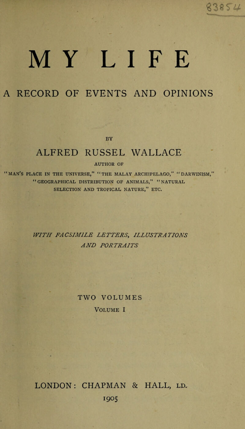 A RECORD OF EVENTS AND OPINIONS BY ALFRED RUSSEL WALLACE AUTHOR OF “MAN’S PLACE IN THE UNIVERSE,” “THE MALAY ARCHIPELAGO,” “DARWINISM, “GEOGRAPHICAL DISTRIBUTION OF ANIMALS,” “NATURAL SELECTION AND TROPICAL NATURE,” ETC. WITH FACSIMILE LETTERS, ILLUSTRATIONS AND PORTRAITS TWO VOLUMES Volume I LONDON: CHAPMAN & HALL, ld.