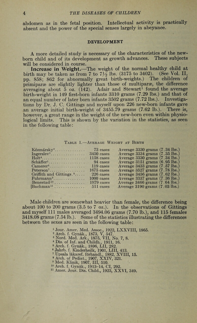 abdomen as in the fetal position. Intellectual activity is practically absent and the power of the special senses largely in abeyance. DEVELOPMENT A more detailed study is necessary of the characteristics of the new¬ born child and of its development as growth advances. These subjects will be considered in course. Increase in Weight.—The weight of the normal healthy child at birth may be taken as from 7 to 7^2 lbs. (3175 to 3402). (See Vol. II, pp. 858; 862 for abnormally great birth-weights.) The children of primiparse are slightly lighter than those of multipart, the difference averaging about 5 oz. (142). Adair and Stewart1 found the average birth-weight in 149 first-born infants 3310 grams (7.29 lbs.) and that of an equal number of later born infants 3502 grams (7.72 lbs.). Investiga¬ tions by Dr. J. C. Gittings and myself upon 226 new-born infants gave an average initial birth-weight of 3455.79 grams (7.62 lb.). There is, however, a great range in the weight of the new-born even within physio¬ logical limits. This is shown by the variation in the statistics, as seen in the following table: Table 1.—Average Weight at Birth Kezmarsky2. 73 cases Average 3330 grams (7.34 lbs.) Ingerslev3. 3450 cases Average 3334 grams (7.35 lbs.) Holt4. 1158 cases Average 3330 grams (7.34 lbs.) Schaffer5. 94 cases Average 3151 grams (6.95 lbs.) Camerer6. 119 cases Average 3433 grams (7.57 lbs.) Peterson7. 1675 cases Average 3527 grams (7.78 lbs.) Griffith and Gittings.8. 226 cases Average 3456 grams (7.62 lbs.) Fuhrmann9.,. 1000 cases Average 3337 grams (7.36 lbs.) iBenestad10 . 1979 cases Average 3466 grams (7.64 lbs.) [Bachman11. 511 cases Average 3190 grams (7.03 lbs.) Male children are somewhat heavier than female, the difference being about 100 to 200 grams (3.5 to 7 oz.). In the observations of Gittings and myself 111 males averaged 3494.06 grams (7.70 lb.), and 115 females 3418.08 grams (7.54 lb.). Some of the statistics illustrating the differences between the sexes are seen in the following table: 1 Jour. Amer. Med. Assoc., 1922, LXXVIII, 1865. 2 Arch. f. Gynak., 1873, V, 547. 3 Nord. Med. Ark., 1875, VII, No. 7, 8. 4 Dis. of Inf. and Childh., 1911, 16. 5 Arch. f. Gynak., 1896, LII, 282. 6 Jahrb. f. Kinderheilk, 1901, LIII, 413. 7 Upsala lakaref. forhandl., 1882, XVIII, 15. 8 Arch, of Pediat., 1907, XXIV, 321. 9 Med. Klinik, 1907, III, 510. 10 Arch. f. Gynak., 1913-14, Cl, 292.