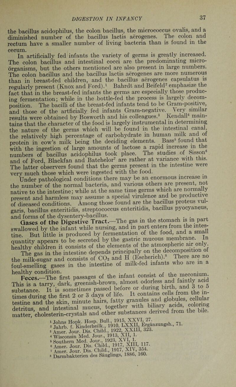the bacillus acidophilus, the colon bacillus, the micrococcus ovalis, and a diminished number of the bacillus lactis aerogenes. The colon and rectum have a smaller number of living bacteria than is found in the cecum. In artificially fed infants the variety of germs is greatly increased. The colon bacillus and intestinal cocci are the predominating micro¬ organisms, but the others mentioned are also present in large numbers. The colon bacillus and the bacillus lactis aerogenes are more numerous than in breast-fed children, and the bacillus aerogenes capsulatus is regularly present (Knox and Ford).1 Bahrdt and Beifeld2 emphasize the fact that in the breast-fed infants the germs are especially those produc¬ ing fermentation; while in the bottle-fed the process is largely decom¬ position. The bacilli of the breast-fed infants tend to be Gram-positive, and those of the artficially fed infants Gram-negative. Very similar results were obtained by Bosworth and his colleagues.3 4 Kendall main¬ tains that the character of the food is largely instrumental in determining the nature of the germs which will be found in the intestinal canal, the relatively high percentage of carbohydrate in human milk and of protein in cow’s milk being the deciding elements. . Bass5 6 found that with the ingestion of large amounts of lactose a rapid increase m the numbers of bacillus acidophilus took place. The studies of Sisson and of Ford, Blackfan and Batchelor7 are rather at variance with this. The latter observers found that the germs present in the intestine were very much those which were ingested with the food. Under pathological conditions there may be an enormous increase in the number of the normal bacteria, and various others are present, not native to the intestine; while at the same time germs which are normally present and harmless may assume a special virulence and be productive of diseased conditions. Among those found are the bacillus proteus vul¬ garis, bacillus enteritidis, streptococcus ententidis, bacillus pyocyaneus, and forms of the dysentery-bacillus. . , , • • Gases of the Digestive Tract.—The gas m the stomach is in part swallowed by the infant while nursing, and m part enters from the intes¬ tine. But little is produced by fermentation of the food, and a small quantity appears to be secreted by the gastric mucous membrane. In healthy^children it consists of the elements of the atmospheric air oniy. The gas in the intestine depends principally on the decompositio:no the milk-sugar and consists of C02 and H (Eschench) 8 There are no foul-smelling gases in the intestine of milk-fed infants who are m a heaFeces?—CThe^rst passages of the infant consist of f^e meconium. This is a tarry, dark, greenish-brown almost odorless and faintly acid ■substance It is sometimes passed before or during birth, and 3 to o times during'the first 2 or 3 days of life. It contains cells from the in¬ testine and the skin, minute hairs fatty granules and globules, cehular detritus, and intestinal mucus, together with ¥“£1 d from the bile matter, cholesterin-crystals and other substances derived from the bile. i Tnhns Monk Hosp. Bull., 1915, XXVI, 27. 3 Jahrb. f. Kinderheilk., 1910, IM. Erganzungsh., 71. 3 Amer. Jour. Dis. Child., 1922, XXin, 323. 4 Wisconsin Med. Jour., 1913, All, i. 3 Southern Med. Joar., 1923 X.V1, l. 6 Amer. Jour. Dis. Child., 1917, XII1, 117. ^ Amer. Jour. Dis. Child., 1917, XIV, 3o4. 3 Darmbakterien des Sauglmgs, 188b, lbU.