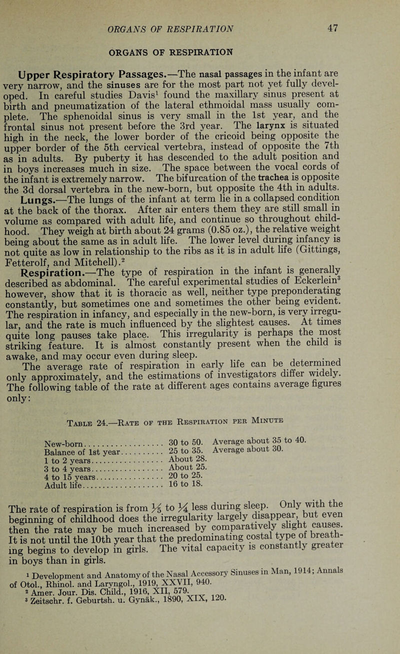ORGANS OF RESPIRATION Upper Respiratory Passages.—The nasal passages in the infant are very narrow, and the sinuses are for the most part not yet fully devel¬ oped. In careful studies Davis1 found the maxillary sinus present at birth and pneumatization of the lateral ethmoidal mass usually com¬ plete. The sphenoidal sinus is very small in the 1st year, and the frontal sinus not present before the 3rd year. The larynx is situated high in the neck, the lower border of the cricoid being opposite the upper border of the 5th cervical vertebra, instead of opposite the 7th as in adults. By puberty it has descended to the adult position and in boys increases much in size. The space between the vocal cords of the infant is extremely narrow. The bifurcation of the trachea is opposite the 3d dorsal vertebra in the new-born, but opposite the 4th in adults. Lungs.—The lungs of the infant at term lie in a collapsed condition at the back of the thorax. After air enters them they are still small in volume as compared with adult life, and continue so throughout child¬ hood. They weigh at birth about 24 grams (0.85 oz.), the relative weight being about the same as in adult life. The lower level during infancy is not quite as low in relationship to the ribs as it is in adult life (Gittings, Fetterolf, and Mitchell).2 Respiration.—The type of respiration in the infant is generally described as abdominal. The careful experimental studies of Eckerlein however, show that it is thoracic as well, neither type preponderating constantly, but sometimes one and sometimes the other being evident. The respiration in infancy, and especially in the new-born, is very irregu¬ lar, and the rate is much influenced by the slightest causes. At times quite long pauses take place. This irregularity is perhaps the most striking feature. It is almost constantly present when the child is awake, and may occur even during sleep. , The average rate of respiration in early life can be determined only approximately, and the estimations of investigators differ widely. The following table of the rate at different ages contains average figures only: Table 24.—Rate of the Respiration per Minute New-born... 30 to 50. Average about 35 to 40. Balance of 1st year. 25 to 35. Average about 30. 1 to 2 years. About 28. 3 to 4 years. About 25. 4 to 15 years. 20 to 25. Adult life. 16 to 18. rhe rate of respiration is from H to less during sleep. Only with the aeginning of childhood does the irregularity largely disappear but even then the rate may be much increased by comparatively slight causes. It is not until the 10th year that the predominating costal type of breath- .ng begins to develop in girls. The vital capacity is constantly greater m boys than in girls. * Development and Anatomy of the Nasal Accessory Sinuses in Man, 1914; Annals of Otol., Rhinol. and Laryngol., 1919, XXVII, 940. 2 Amer. Jour. Dis. Child., 1916, XII, 579. 3 Zeitschr. f. Geburtsh. u. Gynak., 1890, XIX, 12U.