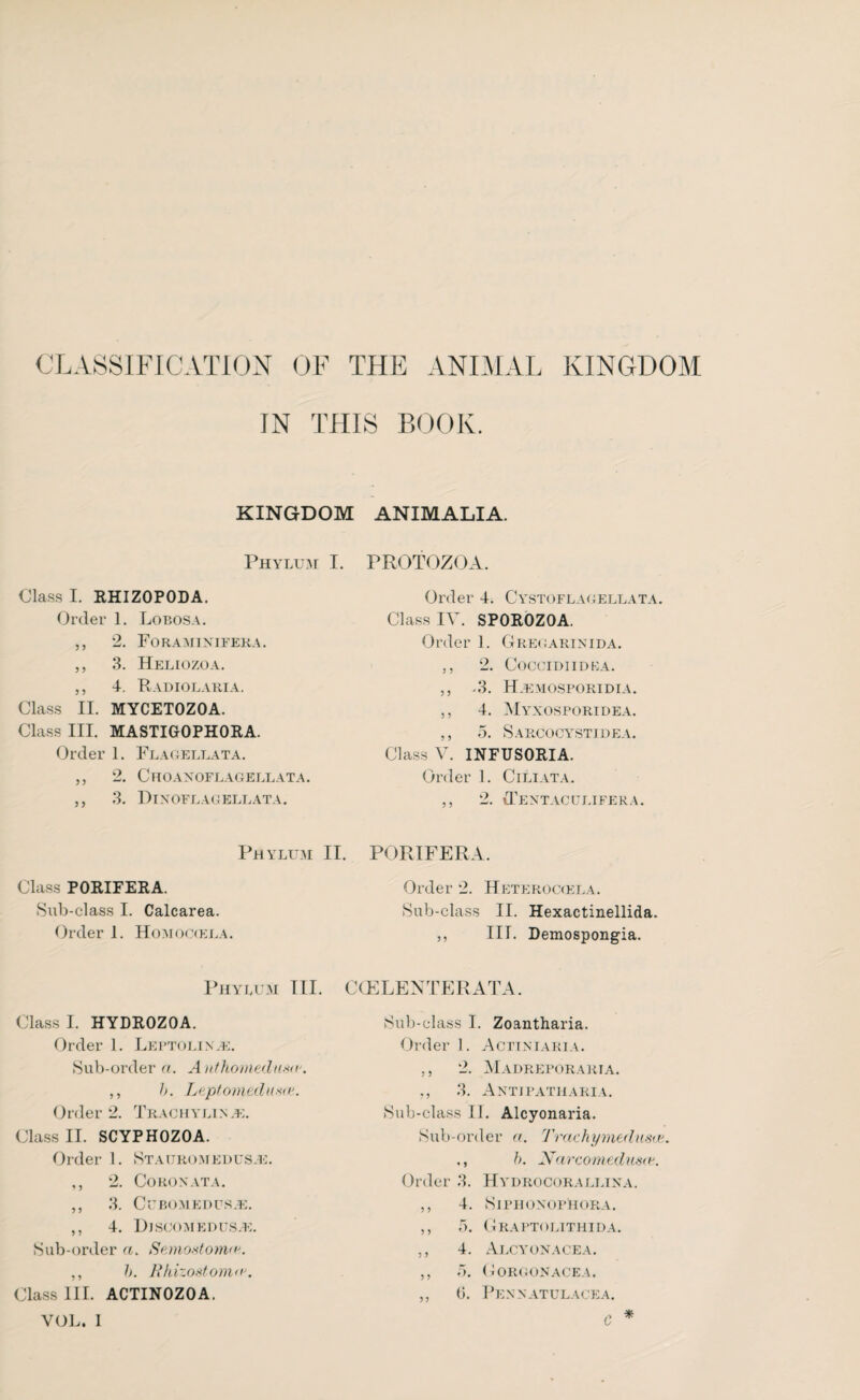 CLASSIFICATION OF THE ANIMAL KINGDOM IN THIS BOOK. KINGDOM Phylum I Class I. RHIZOPODA. Order 1. Lobosa. ,, 2. Foraminifera. ,, 3. Heliozoa. ,, 4. Radiolaria. Class II. MYCETOZOA. Class III. MASTIGOPHORA. Order 1. Flagellata. ,, 2. Choanoflagellata. ,, 3. Dinoflagellata. Phylum II Class PORIFERA. Sub-class I. Calcarea. Order 1. Homociela. Phylum III. Class I. HYDROZOA. Order 1. Leptolinje. Sub-order a. Anthomedumv. ,, h. Leptometlusm. Order 2. Trachylin je. Class II. SCYPHOZOA. Order 1. Stauromedusje. ,, 2. Co RON AT A. ,, 3. CUBOMEDUS.E. ,, 4. DjSCOMEDUS/E. Sub-order a. Semostonw'. ,, h. Rhizostom<t\ Class III. ACTINOZOA. ANIMALIA. PROTOZOA. Order 4. Cystoflagellata. Class IV. SPOROZOA. Order 1. Gregarinida. ,, 2. Coccidiidba. ,, -3. Hjemosporidia. ,, 4. Myxosporidea. ,, 5. Sarcocystidea. Class V. INFUSORIA. Order 1. Ciliata. ,, 2. Tentaculifera. PORIFERA. Order 2. Heteroccela. Sub-class II. Hexactinellida. ,, III. Demospongia. CCELENTERATA. Sub-class I. Zoantharia. Order 1. Actiniaria. ,, 2. Madreporaria. ., 3. A NTI PATH ARIA. Sub-class II. Alcyonaria. Sub-order a. Trachymedusoi. ., h. Narcomedusa\ Order 3. Hydrocorallina. ,, 4. SlPHONOPHORA. ,, 5. Graptolithida. ,, 4. Alcyonacea. ,, 5. Gorgonacea. ,, 6. Pennatulacea.