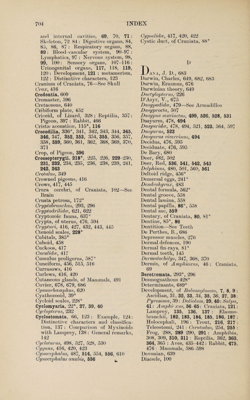 and internal cavities, 69, 70, 71 : {Skeleton, 72 84 : Digestive organs, 84, 85, 86, 87 : Respiratory organs, 88, 89: Blood-vascular system, 90-97 : Lymphatics, 97 : Nervous system, 98, 99, 100: Sensory organs, 107-116: Urinogenital organs, 117, 118, 119, 120 : Development, 121 : metamerism, 122 : Distinctive characters, 123 Cranium of Craniata, 76—See Skull Crax, 416 Credontia, 609 Cremaster, 596 Cretaceous, 640 Cribiform plate, 452 Cricoid, of Lizard, 328 ; Reptilia, 357: Pigeon, 397 : Rabbit, 466 Cristee acousticse, 115*, 116 Crocodilia, 336*, 341, 342, 343, 344, 345, 346, 347, 352, 353, 354, 355, 356, 357, 358, 359, 360, 361, 362, 368, 369, 370, 371 Crop, of Pigeon, 396 Crossopterygii, 218*, 225, 226, 229-230, 231, 232, 234, 235, 236, 238, 239, 241, 242, 243 Grotalus, 349 Crowned pigeons, 416 Crows, 417, 445 Crura cerebri, of Cr'aniata, 102—See Brain Crusta petrosa, 172* Oryptobranchus, 293, 296 Cryptodrilidoi, 621, 622 Cryptozoic fauna, 637* Crypts, of uterus, 476, 594 Crypturi, 416, 427, 432, 443, 445 Ctenoid scales, 228* Cubitals, 385* Cuboid, 458 Cuckoos, 417 Guculidce, 417 Cumulus proligerus, 587* Cuneiform, 456, 515, 516 Currasows, 416 Curlews, 416, 420 Cutaneous glands, of Mammals, 491 Cuvier, 678, 679, 686 Gyanorhamphus, 620 Cyathozooid, 39* Cycloid scales, 228* Cyclomyaria, 22*, 27, 39, 40 Gydopterus, 232 Cyclostomata, 66, 123: Example, 124: Distinctive characters and classifica¬ tion, 137 : Comparison of Myxinoids with Lamprey, 138 : General remarks, 142 Gydoturus, 498, 527, 528, 530 Cyynus, 416, 420, 423 Gynocephalus, 487, 514, 554, 556, 610 Gynoceyihalus anubis, 556 u Gypsdidae,, 417, 420, 422 Cystic duct, of Craniata, 88* 'O D Dana, J. D., 683 Darwin, Charles, 649, 682, 683 Darwin, Erasmus, 676 Darwinian theory, 649 Dactylopterus.; 226 D’Azyr, V., 675 Dasypodidce, 479—See Armadillos Dasyproda, 507 Dasypus sexcinctus, 499, 526, 528, 531 Dasyures, 478, 494 Dasyuridce, 478, 494, 521, 523, 564, 597 Dasyurus, 523 Dasyurus viverrinus, 494 Decidua, 476, 595 Deciduate, 476, 595 De Bary, 680 Deer, 4 82, 502 Deer, Red, 536, 541, 542, 543 Delphinus, 480, 501, 560, 561 Deltoid ridge, 456* Demersal eggs, 241* Dendrohyrax, 483 Dental formula, 562* Dental groove, 558 Dental lamina, 558 Dental papilla, 86*, 558 Dental sac, 559 Dentary, of Craniata, 80, 81* Dentine, 85*, 86 Dentition—See Teeth De Perthes, B., 686 « Depressor muscles, 276 Dermal defences, 190 Dermal fin-rays, 81* Dermal teeth, 145 Dermalochelys, 347. 368, 370 Dermis, of Amphioxus, 46 : Craniata, 69 Derotremata, 293*, 296 Desmognathous 428* Determinants, 689* Development, of Balanoylotsms, 7, 8, 9 : Ascidian, 31, 32, 33, 34, 35, 36, 37, 38: Pyrosoma, 39: Doliolum, 39, 40: Salpa, 41: Amphv xus, 56-65 : Craniata, 121: Lamprey, 135, 136, 137 : Elasmo- branchii, 182, 183, 184, 185, 186, 187 : Holocephali, 196 : Trout, 216, 217 : Teleostomi, 241 : Geralodus, 254, 255 : Frog, 288, 289 290, 291 : Amphibia, 308, 309, 310, 311 : Reptilia, 362, 363, 364, 365 : Aves, 435-442: Rabbit, 475, 476 : Mammals, 586-598 Devonian, 639 Diaceele, 100