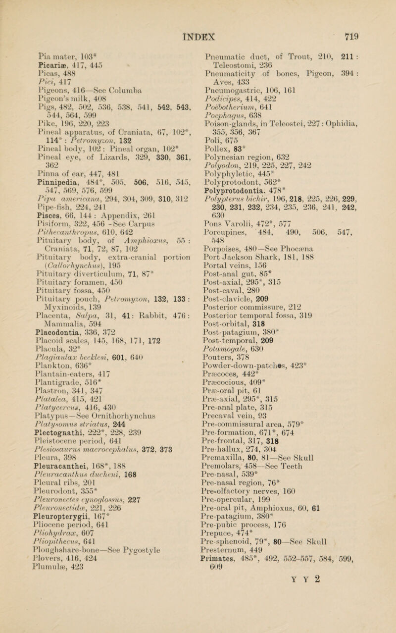 Pia mater, 103* Picariae, 417, 445 Picas, 488 Pici, 417 Pigeons, 416—See Columba Pigeon’s milk, 408 Pigs, 482, 502, 536, 538, 541, 542, 543, 544, 564, 590 Pike, 196, 220, 223 Pineal apparatus, of Craniata, 67, 102*, 114* : Petromyzon, 132 Pineal body, 102 : Pineal organ, 102* Pineal eye, of Lizards, 329, 330, 361, 362 Pinna of ear, 447, 481 Pinnipedia, 484*, 505, 506, 516, 545, 547, 569, 576, 599 Pipa americana, 294, 304, 309, 310, 312 Pipe-fish, 224, 241 Pisces, 66, 144 : Appendix, 261 Pisiform, 322, 456 -See Carpus Pithecanthropus, 610, 642 Pituitary body, of Amphioxus, 55 : Craniata, 71, 72, 87, 102 Pituitary body, extra-cranial portion (Cailorhynchus), 195 Pituitary diverticulum, 71, 87* Pituitary foramen, 450 Pituitary fossa, 450 Pituitary pouch, Petromyzon, 132, 133 : Myxinoids, 139 Placenta, Salpa, 31, 41: Rabbit, 476: Mammalia, 594 Placodontia, 336, 372 Placoid scales, 145, 168, 171, 172 Placula, 32* Plagiaulax becklesi, 601, 640 Plankton, 636* Plantain-eaters, 417 Plantigrade, 516* Plastron, 341, 347 Platalea, 415, 421 Platycercus, 416, 430 Platypus —See Ornithorhynchus Platysomus striatus, 244 Plectognathi, 222*, 228, 239 Pleistocene period, 641 Plesiosaurus macrocephalus, 372, 373 Pleura, 398 Pleuracanthei, 168*, 188 Pleuracanthus ducheui, 168 Pleural ribs, 201 Pleurodont, 355* Pleuronectes cynoglossus, 227 Pleuronectidce, 221, 226 Pleuropterygii, 167* Pliocene period, 641 PUohydrax, 607 PHopithecus, 641 Ploughshare-bone—See Pygostyle Plovers, 416, 424 Plumulse, 423 Pneumatic duct, of Trout, 210, 211 : Teleostomi, 236 Pneumaticity of bones, Pigeon, 394 : Aves, 433 Pneumogastric, 106, 161 Podicipes, 414, 422 Poebotherium, 641 Poephagus, 638 Poison-glands, in Teleostei, 227 : Ophidia, 355, 356, 367 Poli, 675 Pollex, 83* Polynesian region, 632 Polyodon, 219, 225, 227, 242 Polyphyletic, 445* Polyprotodont, 562* Polyprotodontia. 478* Polypterus bichir, 196, 218, 225, 226, 229. 230, 231, 232, 234, 235, 236, 241, 242, 630 Pons Varolii, 472*, 577 Porcupines, 484, 490, 506, 547, 548 Porpoises, 480—See Phocaena Port Jackson Shark, 181, 188 Portal veins, 156 Post-anal gut, 85* Post-axial, 295*, 315 Post-caval, 280 Post-clavicle, 209 Posterior commissure, 212 Posterior temporal fossa, 319 Post-orbital, 318 Post-patagium, 380* Post-temporal, 209 Potamogale, 630 Pouters, 378 Powder-down-patches, 423* Prsecoces, 442* Prsecocious, 409* Pne-oral pit, 61 Prse-axial, 295*, 315 Pre-anal plate, 315 Precaval vein, 93 Pre-commissural area, 579* Pre-formation, 671*, 674 Pre-frontal, 317, 318 Pre-hallux, 274, 304 Premaxilla, 80, 81—See Skull Premolars, 458—See Teeth Pre-nasal, 539* Pre-nasal region, 76* Pre-olfactory nerves, 160 Pre-opercular, 199 Pre-oral pit, Amphioxus, 60, 61 Pre-patagium, 380* Pre-pubic process, 176 Prepuce, 474* Pre-sphenoid, 79*, 80—See Skull Presternum, 449 Primates, 485*, 492, 552-557, 584, 599, 609 Y Y 2