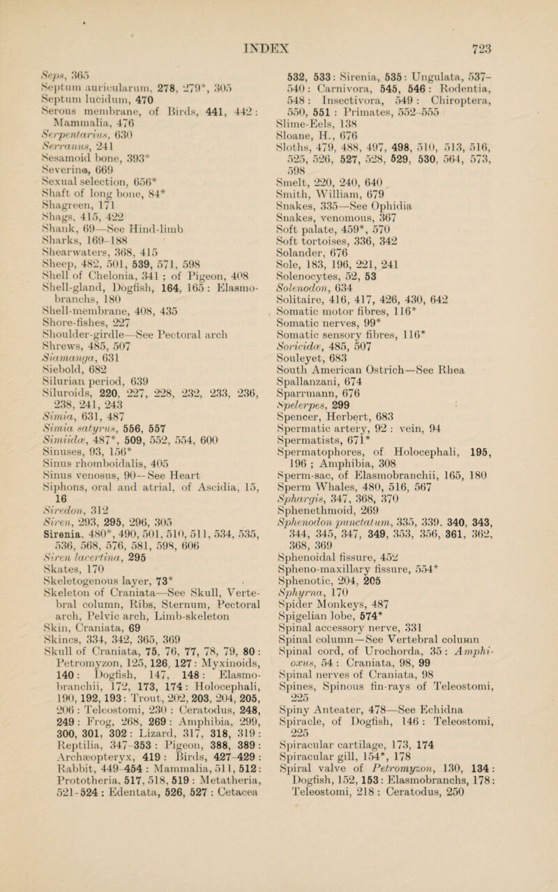 Sep*, 365 Septum auricularum, 278, 270*, 305 Septum lucidum, 470 Serous membrane, of Birds, 441, 442: Mammalia, 476 Serpent aril is, 630 Sen-anus, 241 Sesamoid bone, 393* Severina, 660 Sexual selection, 656* Shaft of long bone, 84* Shagreen, 171 Shags, 415, 422 Shank, 69—See Hind-limb Sharks, 169-188 Shearwaters, 368, 415 Sheep, 482, 501, 539, 571, 598 Shell of Chelonia, 341 ; of Pigeon, 408 Shell-gland, Dogfish, 164, 165 : Elasmo- branchs, 180 Shell-membrane, 408, 435 Shore-fishes, 227 Shoulder-girdle—See Pectoral arch Shrews, 485, 507 Siamanga, 631 Siebold, 682 Silurian period, 639 Siluroids, 220, 227, 228, 232, 233, 236, 238, 241, 243 Simla, 631, 487 Simla satyrus, 556, 557 Simiidce, 487*, 509, 552, 554, 600 Sinuses, 93, 156* Sinus rhomboidalis, 405 Sinus venosus, 90—See Heart Siphons, oral and atrial, of Ascidia, 15, 16 Siredon, 312 Siren, 293, 295, 296, 305 Sirenia. 480*, 490, 501. 510, 511, 534, 535, 536, 568, 576, 581, 598, 606 Siren lacertina, 295 Skates, 170 Skeletogenous layer, 73* Skeleton of Craniata—See Skull, Verte¬ bral column, Ribs, Sternum, Pectoral arch. Pelvic arch, Limb-skeleton Skin, Craniata, 69 Skincs, 334, 342, 365, 369 Skull of Craniata, 75, 76, 77, 78, 79, 80 : Petromyzon, 125, 126, 127: Myxinoids, 140: Dogfish, 147, 148: Elasmo- branchii, 172, 173, 174: Holocephali, 190, 192, 193 : Trout, 202, 203, 204, 205, 206 : Teleostomi, 230 : Ceratodus, 248, 249 : Frog, 268, 269 : Amphibia, 299, 300, 301, 302: Lizard, 317, 318, 319: Reptilia, 347 353 : Pigeon, 388, 389 : Archaeopteryx, 419 : Birds, 427 429 : Rabbit, 449 454 : Mammalia, 511, 512: Prototheria, 517, 518, 519 : Metatheria, 521-524 : Edentata, 526, 527 : Cetacea 532, 533: Sirenia, 535: Ungulata, 537- 540: Carnivora, 545, 546 : Rodentia, 548 : Insectivora, 549 : Chiroptera, 550, 551 : Primates, 552-555 Slime-Eels, 138 Sloane, H., 676 Sloths, 479, 488, 497, 498, 510, 513, 516, 525, 526, 527, 528, 529, 530, 564, 573, 598 Smelt, 220, 240, 640 Smith, William, 679 Snakes, 335—See Ophidia Snakes, venomous, 367 Soft palate, 459*, 570 Soft tortoises, 336, 342 Solander, 676 Sole, 183, 196, 221, 241 Solenocytes, 52, 53 Solenodon, 634 Solitaire, 416, 417, 426, 430, 642 Somatic motor fibres, 116* Somatic nerves, 99* Somatic sensory fibres, 116* Soricidce, 485, 507 Souleyet, 683 South American Ostrich—See Rhea Spallanzani, 674 Sparrmann, 676 Spelerpes, 299 Spencer, Herbert, 683 Spermatic arter}% 92 : vein, 94 Spermatists, 671* Spermatophores, of Holocephali, 195, 196 ; Amphibia, 308 Sperm-sac, of Elasmobranchii, 165, 180 Sperm Whales, 480, 516, 567 Sphargis, 347, 368, 370 Sphenethmoid, 269 Sphenodon punctatum, 335, 339, 340, 343, 344, 345, 347, 349, 353, 356, 361, 362, 368, 369 Sphenoidal fissure, 452 Spheno-maxillary fissure, 554* Sphenotic, 204, 205 Sphyrna, 170 Spider Monkeys, 487 Spigelian lobe, 574* Spinal accessory nerve, 331 Spinal column—See Vertebral column Spinal cord, of Urochorda, 35 : Amphi- oxus, 54 : Craniata, 98, 99 Spinal nerves of Craniata, 98 Spines, Spinous fin-rays of Teleostomi, 225 Spiny Anteater, 478—See Echidna Spiracle, of Dogfish, 146 : Teleostomi, 225 Spiracular cartilage, 173, 174 Spiracular gill, 154*, 178 Spiral valve of Petromyzon, 130, 134: Dogfish, 152, 153: Elasmobranchs, 178: Teleostomi, 218 : Ceratodus, 250