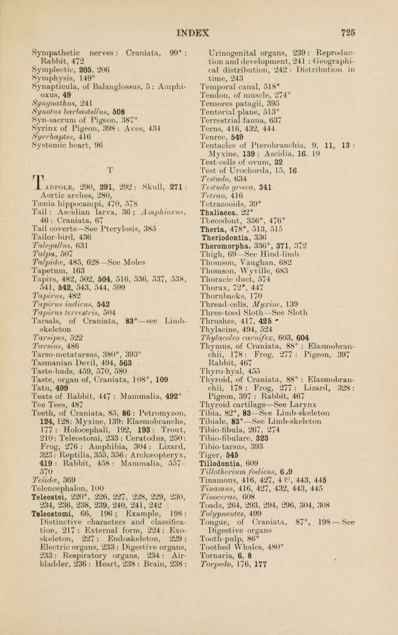 Sympathetic nerves: Craniata, 99* : Rabbit, 472 Symplectic, 205. 206 Symphysis, 149* Synapticula, of Balanglossus, 5 : Amphi- oxus, 49 Syngnathus, 241 Synotus barbastell us, 508 Syn-sacrum of Pigeon, 387* Syrinx of Pigeon, 398 : Aves, 434 Ayrrhaptes, 416 Systemic heart, 96 T T _L adpole, 290, 291, 292: Skull, 271: Aortic arches, 280, Tienia hippocampi, 470, 578 Tail : Ascidian larva, 36 ; Amphioxus, 46 : Craniata, 67 Tail coverts—See Pterylosis, 385 Tailor-bird, 436 Talegallus, 631 Talpa, 507 Talpidct, 485, 628—See Moles Tapetum, 163 Tapirs, 482, 502, 504, 516, 536, 537, 538, 541, 542, 543, 544, 599 Tapirus, 482 Tapirus indicus, 542 Tapirus terrestris, 504 Tarsals, of Craniata, 83*—see Limb- skeleton Tarsipes, 522 Tarsius, 486 Tarso-metatarsus, 380*, 393* Tasmanian Devil, 494, 563 Taste-buds, 459, 570, 580 Taste, organ of, Craniata, 108*, 109 Tatu, 499 Teats of Rabbit, 447 : Mammalia, 492* Tee Tees, 487 Teeth, of Craniata, 85, 86 : Petromyzon, 124, 128: Myxine, 139: Elasmobranchs, 177 : Holocephali, 192, 193: Trout, 210: Teleostomi, 233: Ceratodus, 250: Frog, 276 : Amphibia, 304 : Lizard, 323: Reptilia, 355, 356: Archseopteryx, 419 : Rabbit, 458 : Mammalia, 557- 570 Teiidce, 369 Telencephalon, 100 Teleostei, 220*, 226, 227, 228, 229, 230, 234, 236, 238, 239, 240, 241, 242 Teleostomi, 66, 196 ; Example, 198: Distinctive characters and classifica¬ tion, 217 : External form, 224 : Exo¬ skeleton, 227 : Endoskeleton, 229 : Electric organs, 233 : Digestive organs, 233: Respiratory organs, 234 : Air- bladder, 236 : Heart, 238 : Brain, 238 : Urinogenital organs, 239 : Reproduc¬ tion and development, 241 : (Geographi¬ cal distribution, 242 : Distribution in time, 243 Temporal canal, 518* Tendon, of muscle, 274* Tensores patagii, 395 Tentorial plane, 513* Terrestrial fauna, 637 Terns, 416, 432, 444 Tenrec., 549 Tentacles of Pterobranchia, 9, 11, 13 : Myxine, 139: Ascidia, 16. 19 Test-cells of ovum, 32 Test of Urochorda, 15, 16 Testudo, 634 Testudo grreca, 341 Tetrao, 416 Tetrazooids, 39* Thaliacea, 22* Thecodont, 356*, 476* Theria, 478*, 513, 515 Theriodontia, 336 Theromorpha, 336*, 371, 372 Thigh, 69—See Hind-limb Thomson, Vaughan, 682 Thomson, Wyville, 683 Thoracic duct, 574 Thorax, 72*, 447 Thornbacks, 170 Thread-cells, Myxine, 139 Three-toed Sloth—See Sloth Thrushes, 417, 425 * Thylacine, 494, 524 Thylacoleo carnifex, 603, 604 Thymus, of Craniata, 88* : Elasmobran- chii, 178: Frog, 277 : Pigeon, 397 Rabbit, 467 Thyro-hyal, 455 Thyroid, of Craniata, 88* : Elasmobran- chii, 178 : Frog, 277 : Lizard, 328: Pigeon, 397 : Rabbit, 467 Thyroid cartilage—See Larynx Tibia, 82*, 83—See Limb-skeleton Tibiale, 83*—See Limb-skeleton Tibio-fibula, 267, 274 Tibio-fibulare, 323 Tibio-tarsus, 393 Tiger, 545 Tillodontia, 609 Tillotherium fodiens, 6 j9 Tinamous, 416, 427, 4 k7, 443, 445 Tinamus, 416, 427, 432, 443, 445 Tinoceras, 608 Toads, 264, 293, 294, 296, 304, 308 Tolypneutes, 499 Tongue, of Craniata, 87*, 198 — See Digestive organs Tooth-pulp, 86* Toothed Whales, 480* Tornaria, 6, 8 Torpedo, 176, 177