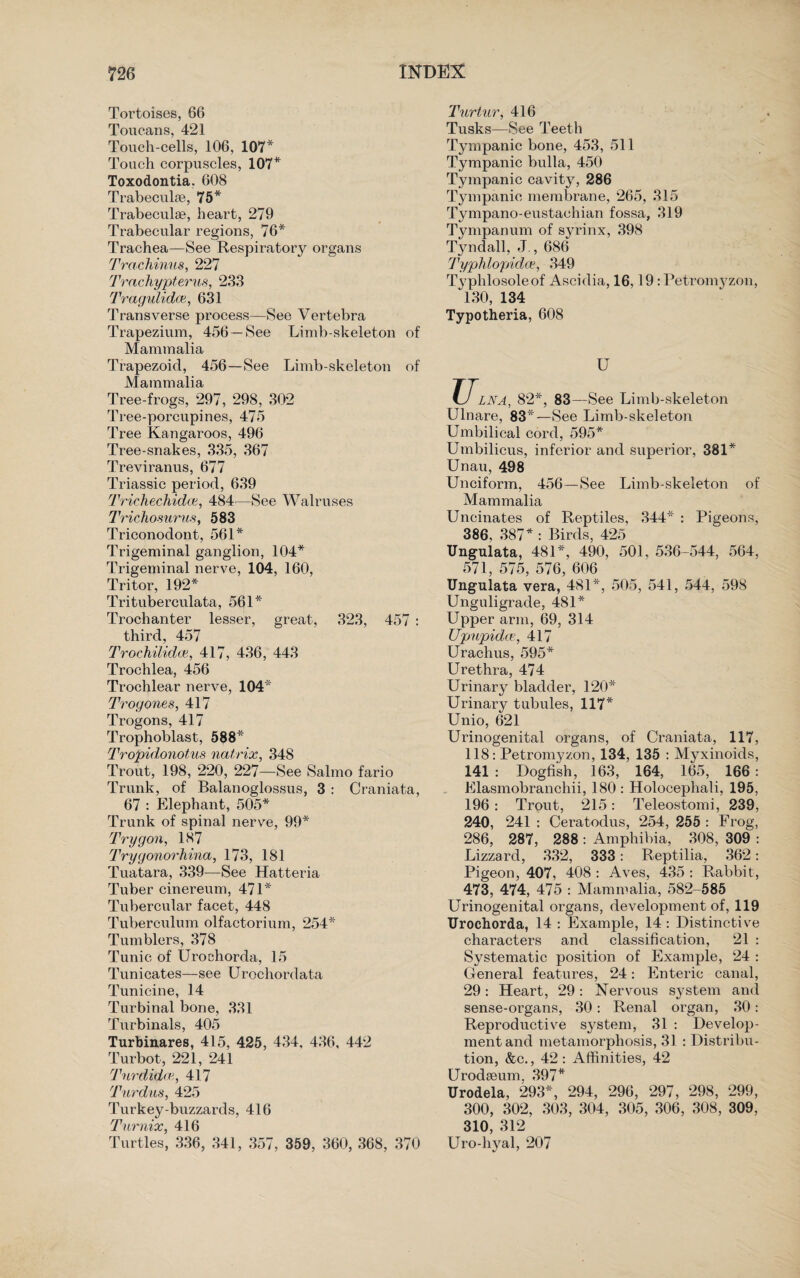 Tortoises, 66 Toucans, 421 Touch-cells, 106, 107* Touch corpuscles, 107* Toxodontia. 608 Trabeculae, 75* Trabeculae, heart, 279 Trabecular regions, 76* Trachea—See Respiratory organs Trachinus, 227 Trachypterus, 233 Tragulidca, 631 Transverse process—See Vertebra Trapezium, 456—See Limb-skeleton of Mammalia Trapezoid, 456—See Limb-skeleton of Mammalia Tree-frogs, 297, 298, 302 Tree-porcupines, 475 Tree Kangaroos, 496 Tree-snakes, 335, 367 Treviranus, 677 Triassic period, 639 Trichechidce, 484—See Walruses Trichosurus, 583 Triconodont, 561* Trigeminal ganglion, 104* Trigeminal nerve, 104, 160, Tritor, 192* Trituberculata, 561* Trochanter lesser, great, 323, 457 : third, 457 TrochUidoB, 417, 436, 443 Trochlea, 456 Trochlear nerve, 104* Trogones, 417 Trogons, 417 Trophoblast, 588* Tropidonotus natrix, 348 Trout, 198, 220, 227—See Salmo fario Trunk, of Balanoglossus, 3 : Craniata, 67 : Elephant, 505* Trunk of spinal nerve, 99* Trygon, 187 Trygonorhina, 173, 181 Tuatara, 339—See Hatteria Tuber cinereum, 471* Tubercular facet, 448 Tubereulum olfactorium, 254* Tumblers, 378 Tunic of Urochorda, 15 Tunicates—see Urochordata Tunicine, 14 Turbinal bone, 331 Turbinals, 405 Turbinares, 415, 425, 434, 436, 442 Turbot, 221, 241 Turdidce, 417 Tardus, 425 Turkey-buzzards, 416 Tar nix, 416 Turtles, 336, 341, 357, 359, 360, 368, 370 Turtur, 416 Tusks—See Teeth Tympanic bone, 453, 511 Tympanic bulla, 450 Tympanic cavity, 286 Tympanic membrane, 265, 315 Tympano-eustachian fossa, 319 Tympanum of syrinx, 398 Tyndall, J., 686 Typhlopidce, 349 Typhlosoleof Ascidia, 16,19 :Petromyzon, 130, 134 Typotheria, 608 U 'LNA, 82*, 83—See Limb-skeleton Ulnare, 83*—See Limb-skeleton Umbilical cord, 595* Umbilicus, inferior and superior, 381* Unau, 498 Unciform, 456—See Limb-skeleton of Mammalia Uncinates of Reptiles, 344* : Pigeons, 386, 387* : Birds, 425 Ungulata, 481*, 490, 501, 536-544, 564, 571, 575, 576, 606 Ungulata vera, 481*, 505, 541, 544, 598 Unguligrade, 481* Upper arm, 69, 314 Upupidce, 417 Urachus, 595* Urethra, 474 Urinary bladder, 120* Urinary tubules, 117* Unio, 621 Urinogenital organs, of Craniata, 117, 118: Petromyzon, 134, 135 : Myxinoids, 141 : Dogfish, 163, 164, 165, 166 : Elasmobranchii, 180 : Holocephali, 195, 196 : Trout, 215: Teleostomi, 239, 240, 241 : Ceratodus, 254, 255 : Frog, 286, 287, 288 : Amphibia, 308, 309 : Lizzard, 332, 333: Reptilia, 362: Pigeon, 407, 408 : Aves, 435 : Rabbit, 473, 474, 475 : Mammalia, 582-585 Urinogenital organs, development of, 119 Urochorda, 14 : Example, 14 : Distinctive characters and classification, 21 : Systematic position of Example, 24 : General features, 24: Enteric canal, 29: Heart, 29: Nervous system and sense-organs, 30: Renal organ, 30: Reproductive system, 31 : Develop¬ ment and metamorphosis, 31 : Distribu¬ tion, &c., 42: Affinities, 42 Urodseum. 397* Urodela, 293*, 294, 296, 297, 298, 299, 300, 302, 303, 304, 305, 306, 308, 309, 310, 312 Uro-hyal, 207