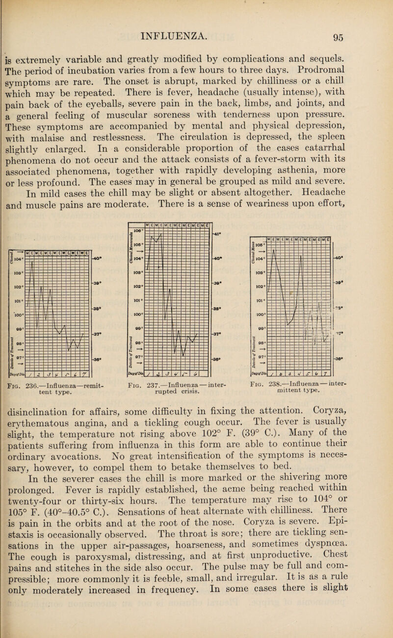 is extremely variable and greatly modified by complications and sequels. The period of incubation varies from a few hours to three days. Prodromal symptoms are rare. The onset is abrupt, marked by chilliness or a chill which may be repeated. There is fever, headache (usually intense), with pain back of the eyeballs, severe pain in the back, limbs, and joints, and a general feeling of muscular soreness with tenderness upon pressure. These symptoms are accompanied by mental and physical depression, with malaise and restlessness. The circulation is depressed, the spleen slightly enlarged. In a considerable proportion of the cases catarrhal phenomena do not occur and the attack consists of a fever-storm with its associated phenomena, together with rapidly developing asthenia, more or less profound. The cases may in general be grouped as mild and severe. In mild cases the chill may be slight or absent altogether. Headache and muscle pains are moderate. There is a sense of weariness upon effort. Fig. 236.—Influenza—remit¬ tent type. Fig. 237.—Influenza — inter¬ rupted crisis. -40® 39 3° ! 17® -38® Fig. 238.—Influenza — inter¬ mittent type. disinclination for affairs, some difficulty in fixing the attention. Coryza, erythematous angina, and a tickling cough occur. The fever is usually slight, the temperature not rising above 102° F. (39° C.). Many of the patients suffering from influenza in this form are able to continue their ordinary avocations. No great intensification of the symptoms is neces¬ sary, however, to compel them to betake themselves to bed. In the severer cases the chill is more marked or the shivering more prolonged. Fever is rapidly established, the acme being reached within twenty-four or thirty-six hours. The temperature may rise to 104° or 105° F. (40°-40.5° C.) . Sensations of heat alternate with chilliness. There is pain in the orbits and at the root of the nose. Coryza is severe. Epi- staxis is occasionally observed. The throat is sore; there are tickling sen¬ sations in the upper air-passages, hoarseness, and sometimes ayspncea. The cough is paroxysmal, distressing, and at first unproductive. Chest pains and stitches in the side also occur. The pulse may be full and com¬ pressible; more commonly it is feeble, small, and irregular. It is as a rule only moderately increased in frequency. In some cases there is slight