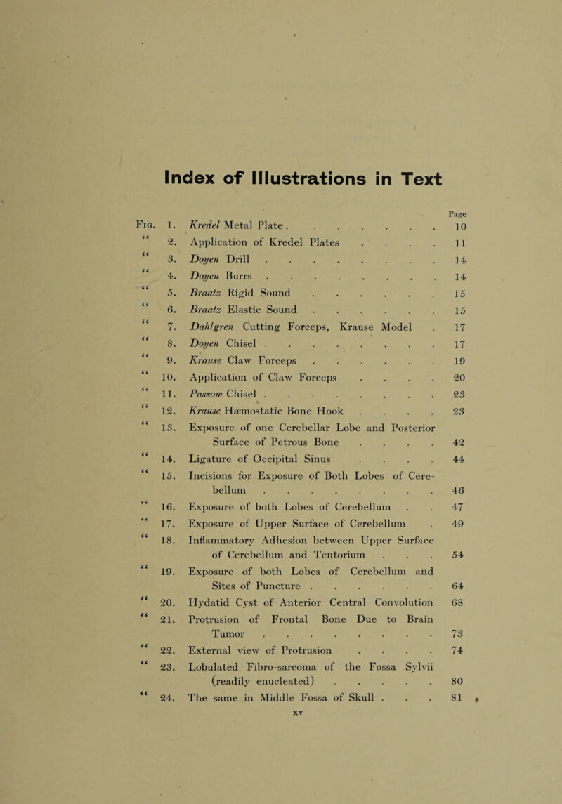 Index of Illustrations in Text Page Fig. i. Kredel Metal Plate . ...... 10 6 6 2. Application of Kredel Plates .... 11 6 6 3. Doyen Drill ........ 14 6 6 4. Doyen Burrs ........ 14 6 6 5. Braatz Rigid Sound. 15 6 6 6. Braatz Elastic Sound ...... 15 66 7. Dahlgren Cutting Forceps, Krause Model 17 6 6 8. Doyen Chisel ........ 17 6 6 9. Krause Claw Forceps ...... 19 6 6 10. Application of Claw Forceps .... 20 6 6 11. Passow Chisel ........ 23 6 6 12. Krause Haemostatic Bone Hook .... 23 6 6 13. Exposure of one Cerebellar Lobe and Posterior Surface of Petrous Bone .... 42 66 14. Ligature of Occipital Sinus .... 44 66 15. Incisions for Exposure of Both Lobes of Cere¬ bellum ........ 46 6 6 16. Exposure of both Lobes of Cerebellum 47 66 17. Exposure of Upper Surface of Cerebellum 49 6 6 18. Inflammatory Adhesion between Upper Surface of Cex*ebellum and Tentorium 54 66 19. Exposure of both Lobes of Cerebellum and Sites of Puncture ...... 64 66 20. Hydatid Cyst of Anterior Central Convolution 68 66 21. Protrusion of Frontal Bone Due to Brain T umor . . . . . . 73 66 22. External view of Protrusion .... 74 66 23. Lobulated Fibro-sareoma of the Fossa Sylvii (readily enucleated) ..... 80 a 24. The same in Middle Fossa of Skull . 81