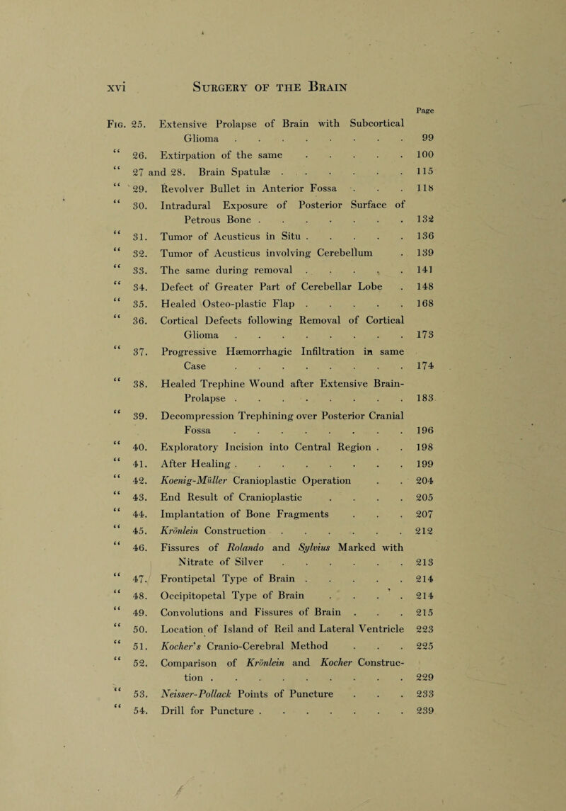 * XVI Surgery of the Brain 6 6 6 6 Fig. 25. Extensive Prolapse of Brain with Subcortical Glioma ........ “ 26. Extirpation of the same ..... “ 27 and 28. Brain Spatulae. “ 29. Revolver Bullet in Anterior Fossa “ 30. Intradural Exposure of Posterior Surface of Petrous Bone. “ 31. Tumor of Acusticus in Situ. “ 32. Tumor of Acusticus involving Cerebellum “ 33. The same during removal ..... 34. Defect of Greater Part of Cerebellar Lobe 35. Healed Osteo-plastic Flap. 36. Cortical Defects following Removal of Cortical Glioma ........ 37. Progressive Haemorrhagic Infiltration in same Case ........ 38. Healed Trephine Wound after Extensive Brain- Prolapse . 39. Decompression Trephining over Posterior Cranial Fossa ........ 40. Exploratory Incision into Central Region . 41. After Healing ........ 42. Koenig-Muller Cranioplastic Operation 43. End Result of Cranioplastic .... 44. Implantation of Bone Fragments 45. Kronlein Construction ...... 46. Fissures of Rolando and Sylvius Marked with Nitrate of Silver. 47. Frontipetal Type of Brain. 48. Occipitopetal Type of Brain .... 49. Convolutions and Fissures of Brain 50. Location of Island of Reil and Lateral Ventricle 51. Kocher's Cranio-Cerebral Method 52. Comparison of Kronlein and Kocher Construc¬ tion ......... 53. Neisser-Pollack Points of Puncture 54. Drill for Puncture. ( c i < Page 99 100 115 118 132 136 139 141 148 168 173 174 183 196 198 199 204 205 207 212 213 214 214 215 223 225 229 233 239 /
