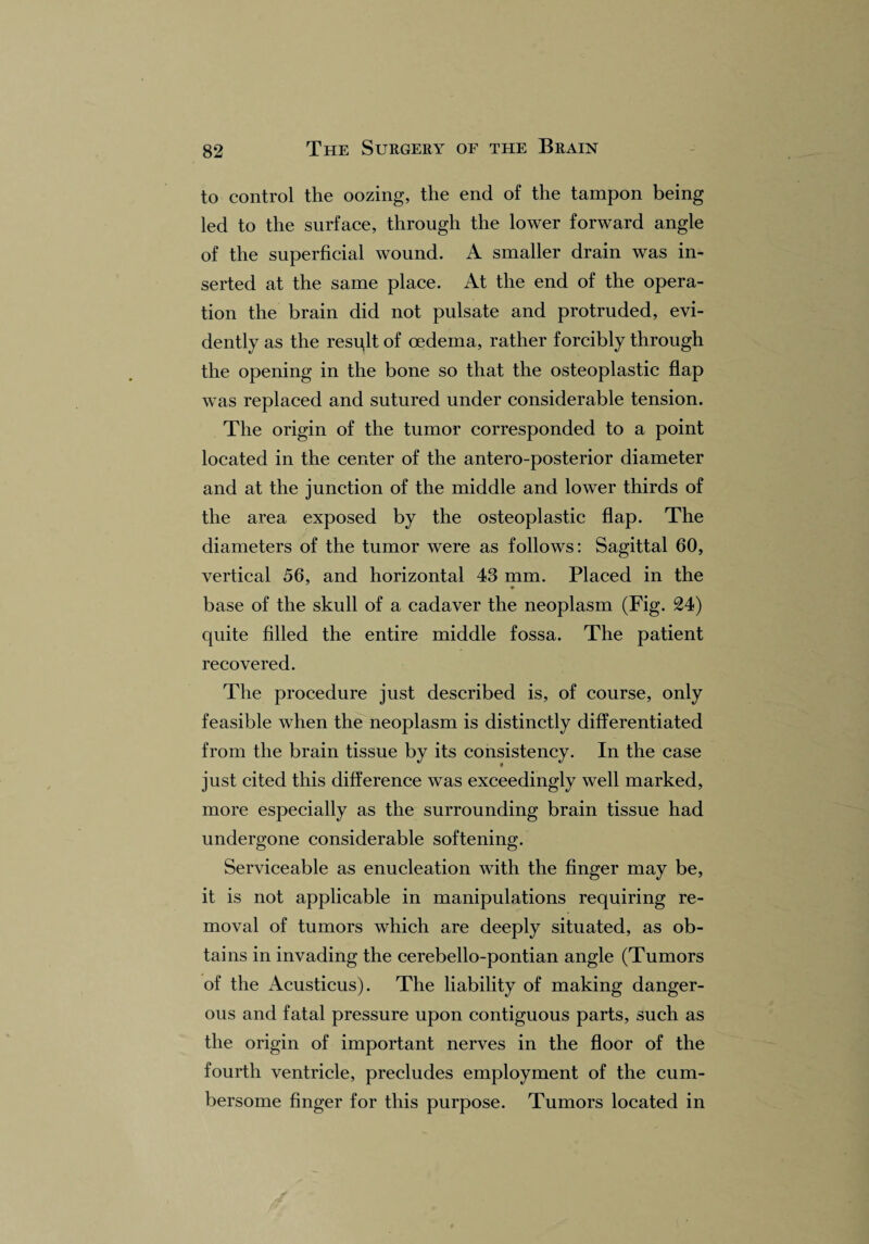 to control the oozing, the end of the tampon being led to the surface, through the lower forward angle of the superficial wound. A smaller drain was in¬ serted at the same place. At the end of the opera¬ tion the brain did not pulsate and protruded, evi¬ dently as the result of oedema, rather forcibly through the opening in the bone so that the osteoplastic flap was replaced and sutured under considerable tension. The origin of the tumor corresponded to a point located in the center of the antero-posterior diameter and at the junction of the middle and lower thirds of the area exposed by the osteoplastic flap. The diameters of the tumor were as follows: Sagittal 60, vertical 56, and horizontal 43 mm. Placed in the base of the skull of a cadaver the neoplasm (Fig. 24) quite filled the entire middle fossa. The patient recovered. The procedure just described is, of course, only feasible when the neoplasm is distinctly differentiated from the brain tissue by its consistency. In the case just cited this difference was exceedingly well marked, more especially as the surrounding brain tissue had undergone considerable softening. Serviceable as enucleation with the finger may be, it is not applicable in manipulations requiring re¬ moval of tumors which are deeply situated, as ob¬ tains in invading the cerebello-pontian angle (Tumors of the Acusticus). The liability of making danger¬ ous and fatal pressure upon contiguous parts, such as the origin of important nerves in the floor of the fourth ventricle, precludes employment of the cum¬ bersome finger for this purpose. Tumors located in