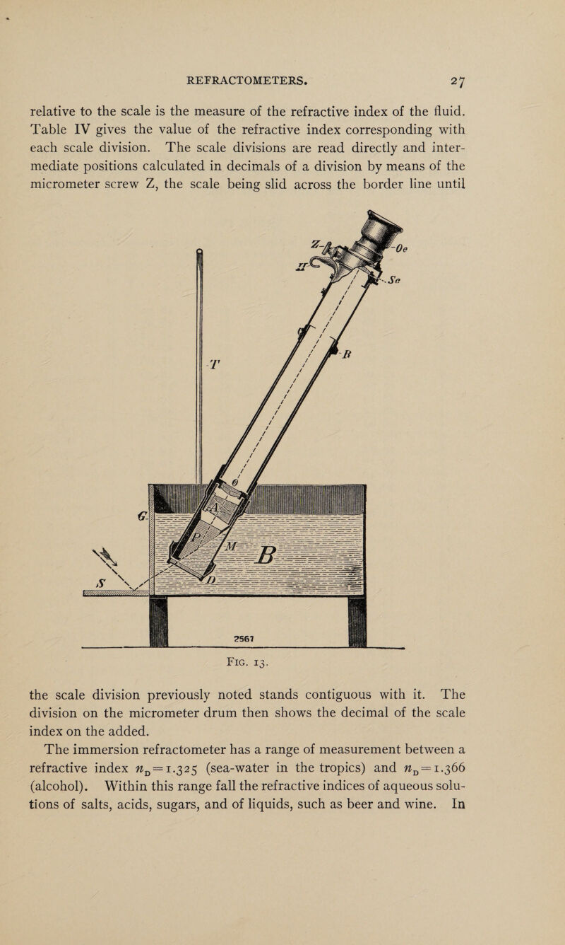 relative to the scale is the measure of the refractive index of the fluid. Table IV gives the value of the refractive index corresponding with each scale division. The scale divisions are read directly and inter¬ mediate positions calculated in decimals of a division by means of the micrometer screw Z, the scale being slid across the border line until Fig. 13. the scale division previously noted stands contiguous with it. The division on the micrometer drum then shows the decimal of the scale index on the added. The immersion refractometer has a range of measurement between a refractive index nD = 1.325 (sea-water in the tropics) and »D= 1.366 (alcohol). Within this range fall the refractive indices of aqueous solu¬ tions of salts, acids, sugars, and of liquids, such as beer and wine. In