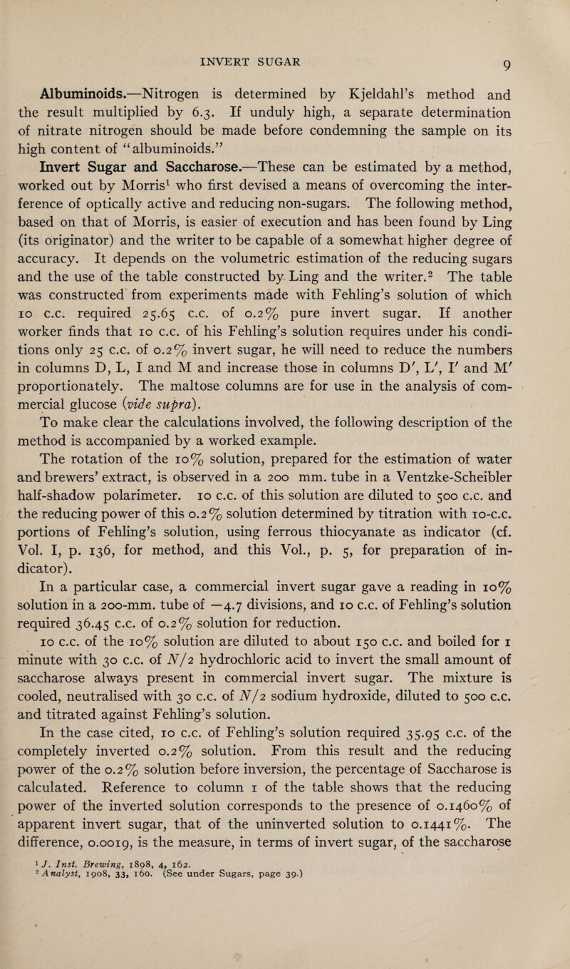 INVERT SUGAR Albuminoids.—Nitrogen is determined by Kjeldahl’s method and the result multiplied by 6.3. If unduly high, a separate determination of nitrate nitrogen should be made before condemning the sample on its high content of “albuminoids.” Invert Sugar and Saccharose.—These can be estimated by a method, worked out by Morris1 who first devised a means of overcoming the inter¬ ference of optically active and reducing non-sugars. The following method, based on that of Morris, is easier of execution and has been found by Ling (its originator) and the writer to be capable of a somewhat higher degree of accuracy. It depends on the volumetric estimation of the reducing sugars and the use of the table constructed by Ling and the writer.2 The table was constructed from experiments made with Fehling’s solution of which 10 c.c. required 25.65 c.c. of 0.2% pure invert sugar. If another worker finds that 10 c.c. of his Fehling’s solution requires under his condi¬ tions only 25 c.c. of 0.2% invert sugar, he will need to reduce the numbers in columns D, L, I and M and increase those in columns D', L', I' and M' proportionately. The maltose columns are for use in the analysis of com¬ mercial glucose (vide supra). To make clear the calculations involved, the following description of the method is accompanied by a worked example. The rotation of the 10% solution, prepared for the estimation of water and brewers’ extract, is observed in a 200 mm. tube in a Ventzke-Scheibler half-shadow polarimeter. 10 c.c. of this solution are diluted to 500 c.c. and the reducing power of this 0.2% solution determined by titration with 10-c.c. portions of Fehling’s solution, using ferrous thiocyanate as indicator (cf. Vol. I, p. 136, for method, and this Vol., p. 5, for preparation of in¬ dicator). In a particular case, a commercial invert sugar gave a reading in 10% solution in a 200-mm. tube of —4.7 divisions, and 10 c.c. of Fehling’s solution required 36.45 c.c. of 0.2% solution for reduction. 10 c.c. of the 10% solution are diluted to about 150 c.c. and boiled for 1 minute with 30 c.c. of N/2 hydrochloric acid to invert the small amount of saccharose always present in commercial invert sugar. The mixture is cooled, neutralised with 30 c.c. of N/2 sodium hydroxide, diluted to 500 c.c. and titrated against Fehling’s solution. In the case cited, 10 c.c. of Fehling’s solution required 35.95 c.c. of the completely inverted 0.2% solution. From this result and the reducing power of the 0.2% solution before inversion, the percentage of Saccharose is calculated. Reference to column 1 of the table shows that the reducing power of the inverted solution corresponds to the presence of 0.1460% of apparent invert sugar, that of the uninverted solution to 0.1441%. The difference, 0.0019, 1S the measure, in terms of invert sugar, of the saccharose 1 J. Inst. Brewing, 1898, 4, 162. 2 Analyst, 1908, 33, 160. (See under Sugars, page 39.)