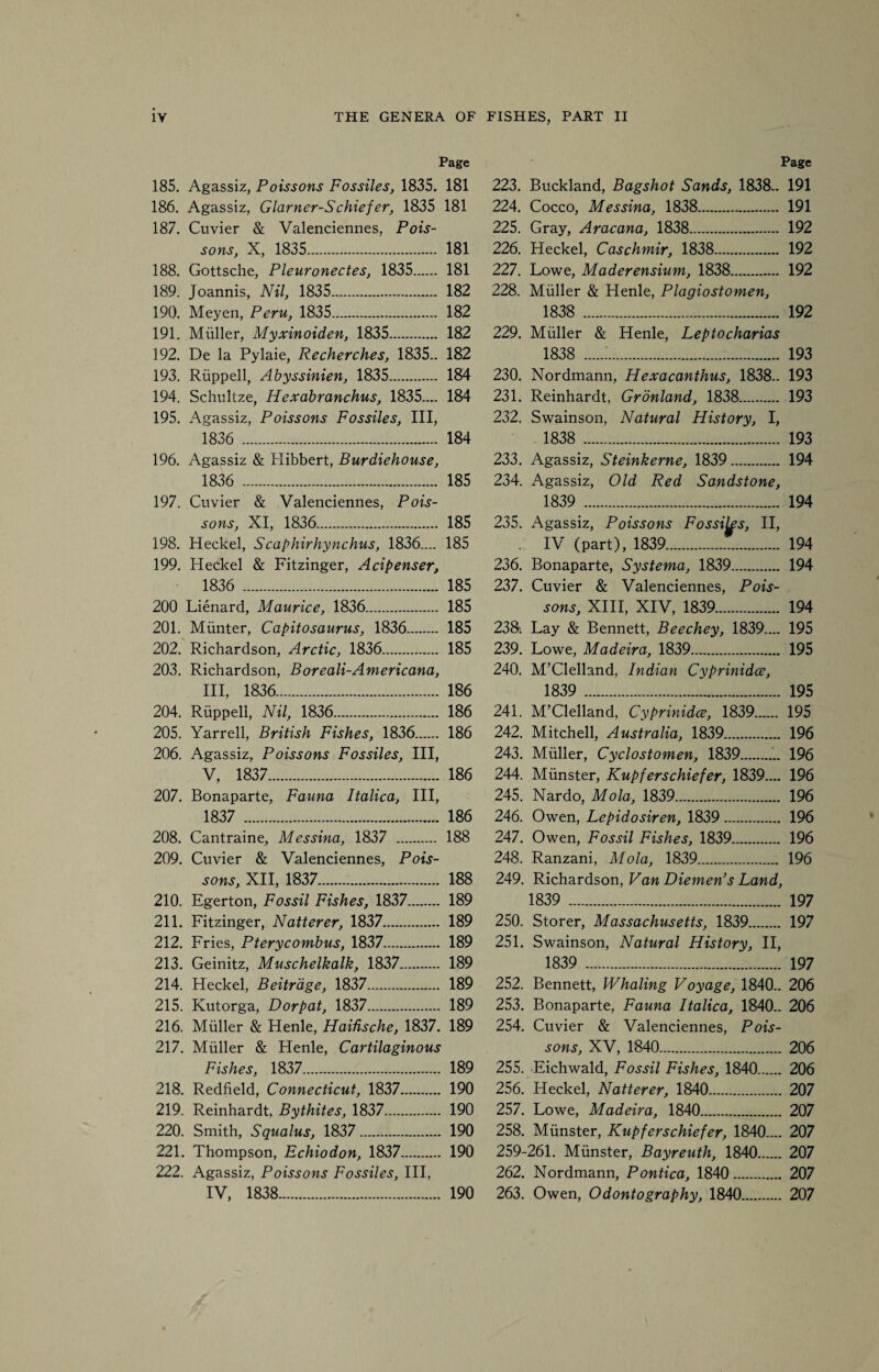 Page 185. Agassiz, Poissons Fossiles, 1835. 181 186. Agassiz, Glarner-Schiefer, 1835 181 187. Cuvier & Valenciennes, Pois¬ sons, X, 1835. 181 188. Gottsche, Pleuronectes, 1835. 181 189. Joannis, Nil, 1835. 182 190. Meyen, Peru, 1835. 182 191. Muller, Myxinoiden, 1835. 182 192. De la Pylaie, Recherches, 1835.. 182 193. Ruppell, Abyssinien, 1835. 184 194. Schultze, Hexabranchus, 1835.... 184 195. Agassiz, Poissons Fossiles, III, 1836 . 184 196. Agassiz & Hibbert, Burdiehouse, 1836 . 185 197. Cuvier & Valenciennes, Pois¬ sons, XI, 1836. 185 198. Heckel, Scaphirhynchus, 1836.... 185 199. Heckel & Fitzinger, Acipenser, 1836 . 185 200 Lienard, Maurice, 1836. 185 201. Miinter, Capitosaurus, 1836. 185 202. Richardson, Arctic, 1836. 185 203. Richardson, Boreali-Americana, III, 1836. 186 204. Ruppell, Nil, 1836. 186 205. Yarrell, British Fishes, 1836. 186 206. Agassiz, Poissons Fossiles, III, V, 1837. 186 207. Bonaparte, Fauna Italica, III, 1837 . 186 208. Cantraine, Messina, 1837 . 188 209. Cuvier & Valenciennes, Pois¬ sons, XII, 1837. 188 210. Egerton, Fossil Fishes, 1837. 189 211. Fitzinger, Natterer, 1837. 189 212. Fries, Pterycombus, 1837. 189 213. Geinitz, Muschelkalk, 1837. 189 214. Heckel, Beitrdge, 1837. 189 215. Kutorga, Dorpat, 1837. 189 216. Muller & Henle, Haifische, 1837. 189 217. Muller & Henle, Cartilaginous Fishes, 1837. 189 218. Redfield, Connecticut, 1837. 190 219. Reinhardt, Bythites, 1837. 190 220. Smith, Squalus, 1837. 190 221. Thompson, Echiodon, 1837. 190 222. Agassiz, Poissons Fossiles, III, IV, 1838. 190 Page 223. Buckland, Bagshot Sands, 1838.. 191 224. Cocco, Messina, 1838. 191 225. Gray, Aracana, 1838. 192 226. Heckel, Caschmir, 1838. 192 227. Lowe, Maderensium, 1838. 192 228. Muller & Henle, Plagiostomen, 1838 . 192 229. Muller & Henle, Leptocharias 1838 ..'. 193 230. Nordmann, Hexacanthus, 1838.. 193 231. Reinhardt, Gronland, 1838. 193 232. Swainson, Natural History, I, 1838 . 193 233. Agassiz, Steinkerne, 1839. 194 234. Agassiz, Old Red Sandstone, 1839 . 194 235. Agassiz, Poissons Fossiles, II, . IV (part), 1839. 194 236. Bonaparte, Systema, 1839. 194 237. Cuvier & Valenciennes, Pois¬ sons, XIII, XIV, 1839. 194 238. Lay & Bennett, Beechey, 1839.... 195 239. Lowe, Madeira, 1839. 195 240. M’Clelland, Indian Cyprinidce, 1839 . 195 241. M’Clelland, Cyprinidce, 1839. 195 242. Mitchell, Australia, 1839. 196 243. Muller, Cyclostomen, 1839. 196 244. Munster, Kupferschiefer, 1839.... 196 245. Nardo, Mola, 1839. 196 246. Owen, Lepidosiren, 1839. 196 247. Owen, Fossil Fishes, 1839. 196 248. Ranzani, Mola, 1839. 196 249. Richardson, Van Diemen’s Land, 1839 . 197 250. Storer, Massachusetts, 1839. 197 251. Swainson, Natural History, II, 1839 . 197 252. Bennett, Whaling Voyage, 1840.. 206 253. Bonaparte, Fauna Italica, 1840.. 206 254. Cuvier & Valenciennes, Pois¬ sons, XV, 1840. 206 255. Eichwald, Fossil Fishes, 1840. 206 256. Heckel, Natterer, 1840. 207 257. Lowe, Madeira, 1840. 207 258. Munster, Kupferschiefer, 1840.... 207 259-261. Munster, Bayreuth, 1840. 207 262. Nordmann, Pontica, 1840. 207 263. Owen, Odontography, 1840. 207