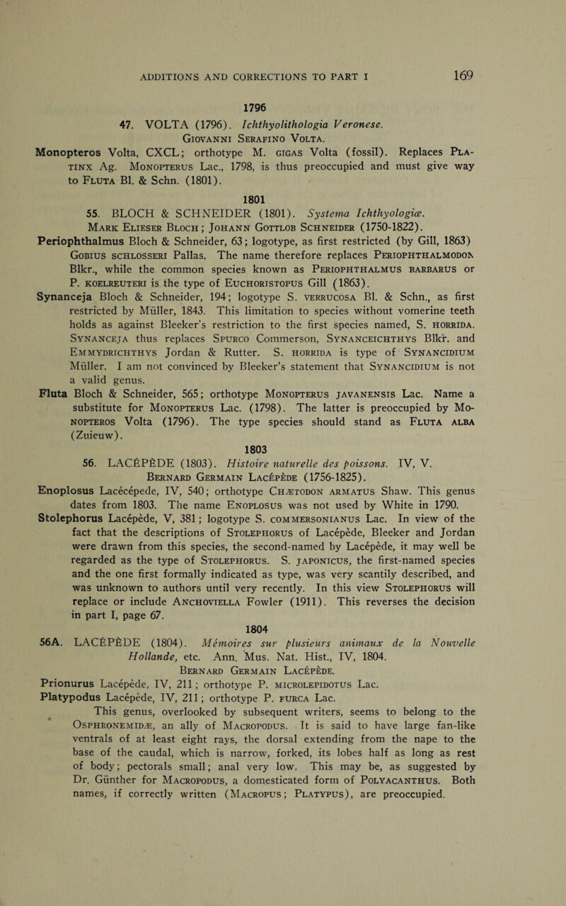 1796 47. VOLTA (1796). Ichthyolithologia Veronese. Giovanni Serafino Volta. Monopteros Volta, CXCL; orthotype M. gigas Volta (fossil). Replaces Pla- tinx Ag. Monopterus Lac., 1798, is thus preoccupied and must give way to Fluta Bl. & Schn. (1801). 1801 55. BLOCH & SCHNEIDER (1801). Systema Ichthyologies. Mark Elieser Bloch; Johann Gottlob Schneider (1750-1822). Periophthalmus Bloch & Schneider, 63; logotype, as first restricted (by Gill, 1863) Gobius schlosseri Pallas. The name therefore replaces Periophthalmodon Blkr., while the common species known as Periophthalmus barbarus or P. koelreuteri is the type of Euchoristopus Gill (1863). Synanceja Bloch & Schneider, 194; logotype S. verrucosa Bl. & Schn., as first restricted by Muller, 1843. This limitation to species without vomerine teeth holds as against Bleeker’s restriction to the first species named, S. horrida. Synanceja thus replaces Spurco Commerson, Synanceichthys Blkr. and Emmydrichthys Jordan & Rutter. S. horrida is type of Synancidium Muller. I am not convinced by Bleeker’s statement that Synancidium is not a valid genus. Fluta Bloch & Schneider, 565; orthotype Monopterus javanensis Lac. Name a substitute for Monopterus Lac. (1798). The latter is preoccupied by Mo¬ nopteros Volta (1796). The type species should stand as Fluta alba (Zuieuw). 1803 56. LACEPEDE (1803). Histoire naturelle des poissons. IV, V. Bernard Germain Lacepede (1756-1825). Enoplosus Lacecepede, IV, 540; orthotype Ch^todon armatus Shaw. This genus dates from 1803. The name Enoplosus was not used by White in 1790. Stolephorus Lacepede, V, 381; logotype S. commersonianus Lac. In view of the fact that the descriptions of Stolephorus of Lacepede, Bleeker and Jordan were drawn from this species, the second-named by Lacepede, it may well be regarded as the type of Stolephorus. S. japonicus, the first-named species and the one first formally indicated as type, was very scantily described, and was unknown to authors until very recently. In this view Stolephorus will replace or include Anchoviella Fowler (1911). This reverses the decision in part I, page 67. 1804 56A. LACEPEDE (1804). Memoires sur plusieurs animaux de la Nouvelle Hollande, etc. Ann. Mus. Nat. Hist., IV, 1804. Bernard Germain Lacepede. Prionurus Lacepede, IV, 211; orthotype P. microlepidotus Lac. Platypodus Lacepede, IV, 211; orthotype P. furca Lac. This genus, overlooked by subsequent writers, seems to belong to the Osphronemid.e, an ally of Macropodus. It is said to have large fan-like ventrals of at least eight rays, the dorsal extending from the nape to the base of the caudal, which is narrow, forked, its lobes half as long as rest of body; pectorals small; anal very low. This may be, as suggested by Dr. Gunther for Macropodus, a domesticated form of Polyacanthus. Both names, if correctly written (Macropus; Platypus), are preoccupied.