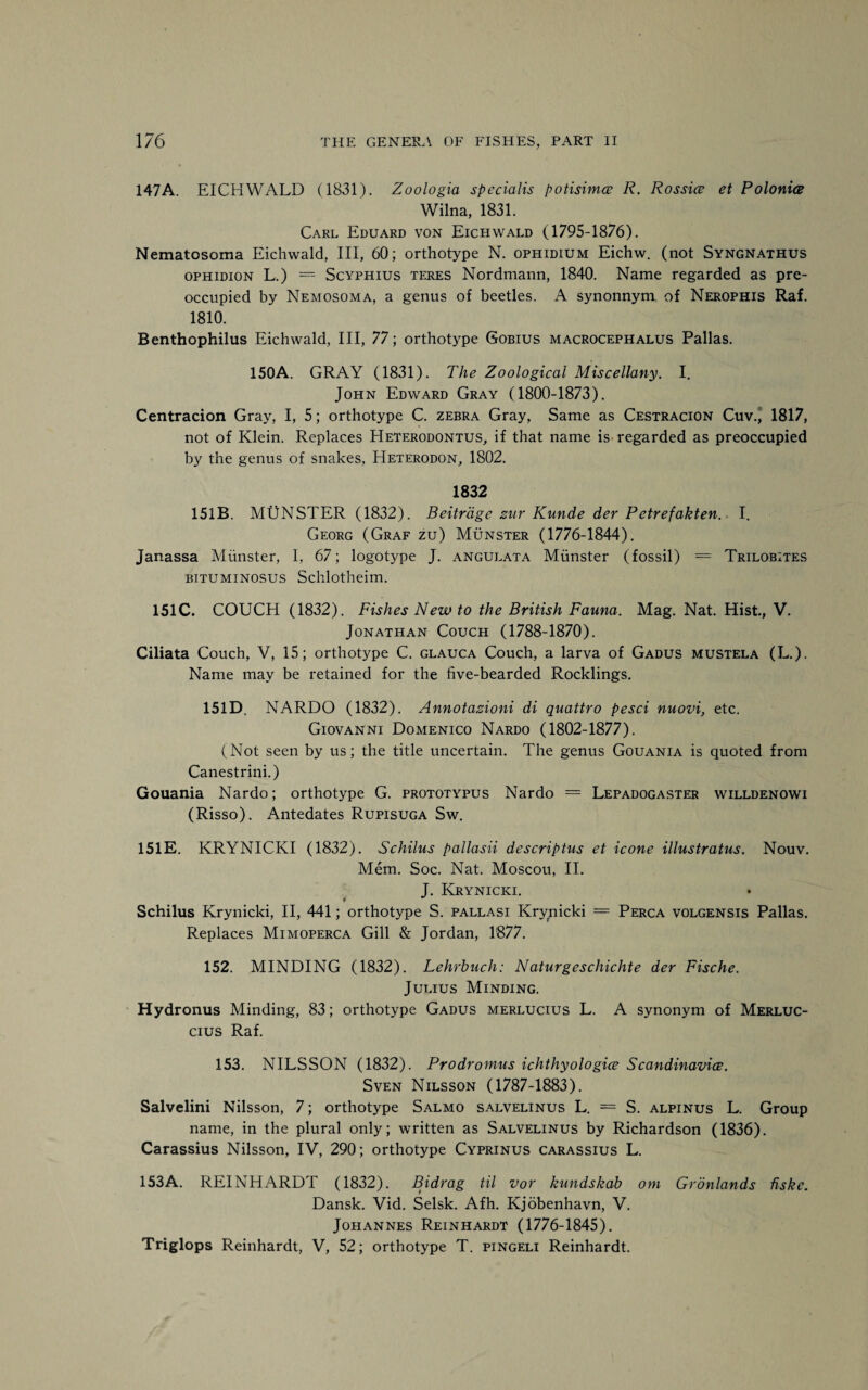147A. EICHWALD (1831). Zoologia specialis potisimce R. Rossice et Polonies Wilna, 1831. Carl Eduard von Eichwald (1795-1876). Nematosoma Eichwald, III, 60; orthotype N. ophidium Eichw. (not Syngnathus ophidion L.) = Scyphius teres Nordmann, 1840. Name regarded as pre¬ occupied by Nemosoma, a genus of beetles. A synonnym of Nerophis Raf. 1810. Benthophilus Eichwald, III, 77; orthotype Gobius macrocephalus Pallas. 15QA. GRAY (1831). The Zoological Miscellany. I. John Edward Gray (1800-1873). Centracion Gray, I, 5; orthotype C. zebra Gray, Same as Cestracion Cuv., 1817, not of Klein. Replaces Heterodontus, if that name is regarded as preoccupied by the genus of snakes, Heterodon, 1802. 1832 151B. MUNSTER (1832). Beitrage zur Kunde der Petrefakten. I. Georg (Graf zu) Munster (1776-1844). Janassa Munster, I, 67; logotype J. angulata Munster (fossil) = Trilobites bituminosus Schlotheim. 151C. COUCH (1832). Fishes New to the British Fauna. Mag. Nat. Hist., V. Jonathan Couch (1788-1870). Ciliata Couch, V, 15; orthotype C. glauca Couch, a larva of Gadus mustela (L.). Name may be retained for the five-bearded Rocklings. 151D. NARDO (1832). Annotazioni di quattro pesci nuovi, etc. Giovanni Domenico Nardo (1802-1877). (Not seen by us; the title uncertain. The genus Gouania is quoted from Canestrini.) Gouania Nardo; orthotype G. prototypus Nardo — Lepadogaster willdenowi (Risso). Antedates Rupisuga Sw. 151E. KRYNICKI (1832). Schilus pallasii descriptus et icone illustratus. Nouv. Mem. Soc. Nat. Moscou, II. J. Krynicki. 4 J Schilus Krynicki, II, 441; orthotype S. pallasi Krynicki = Perca volgensis Pallas. Replaces Mimoperca Gill & Jordan, 1877. 152. MINDING (1832). Lehrbuch: Naturgeschichte der Fische. Julius Minding. Hydronus Minding, 83; orthotype Gadus merlucius L. A synonym of Merluc- cius Raf. 153. NILSSON (1832). Prodromus ichthyologice Scandinavice. Sven Nilsson (1787-1883). Salvelini Nilsson, 7; orthotype Salmo salvelinus L. = S. alpinus L. Group name, in the plural only; written as Salvelinus by Richardson (1836). Carassius Nilsson, IV, 290; orthotype Cyprinus carassius L. 153A. REINHARDT (1832). Bidrag til vor kundskab om Gronlands fiske. Dansk. Vid. Selsk. Afh. Kjobenhavn, V. Johannes Reinhardt (1776-1845). Triglops Reinhardt, V, 52; orthotype T. pingeli Reinhardt.