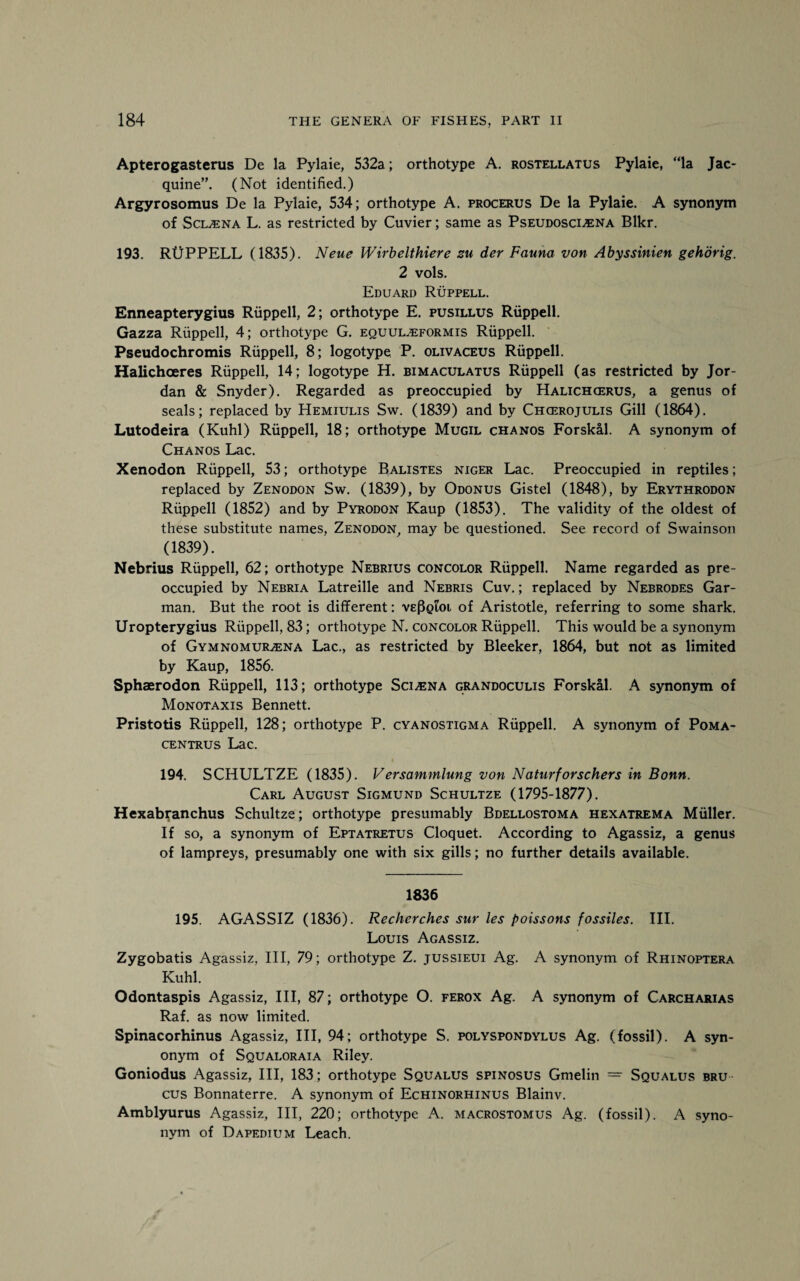 Apterogasterus De la Pylaie, 532a; orthotype A. rostellatus Pylaie, “la Jac- quine”. (Not identified.) Argyrosomus De la Pylaie, 534; orthotype A. procerus De la Pylaie. A synonym of ScLAiNA L. as restricted by Cuvier; same as Pseudosci^ena Blkr. 193. RtjPPELL (1835). Neue Wirbelthiere zu der Fauna von Abyssinien gehorig. 2 vols. Eduard Ruppell. Enneapterygius Ruppell, 2; orthotype E. pusillus Ruppell. Gazza Ruppell, 4; orthotype G. equul^eformis Ruppell. Pseudochromis Ruppell, 8; logotype P. olivaceus Ruppell. Halichoeres Ruppell, 14; logotype H. bimaculatus Ruppell (as restricted by Jor¬ dan & Snyder). Regarded as preoccupied by Halichcerus, a genus of seals; replaced by Hemiulis Sw. (1839) and by Chcerojulis Gill (1864). Lutodeira (Kuhl) Ruppell, 18; orthotype Mugil chanos Forskal. A synonym of Chanos Lac. Xenodon Ruppell, 53; orthotype Balistes Niger Lac. Preoccupied in reptiles; replaced by Zenodon Sw. (1839), by Odonus Gistel (1848), by Erythrodon Ruppell (1852) and by Pyrodon Kaup (1853). The validity of the oldest of these substitute names, Zenodon, may be questioned. See record of Swainson (1839). Nebrius Ruppell, 62; orthotype Nebrius concolor Ruppell. Name regarded as pre¬ occupied by Nebria Latreille and Nebris Cuv. ; replaced by Nebrodes Gar- man. But the root is different: vePqioi of Aristotle, referring to some shark. Uropterygius Ruppell, 83; orthotype N. concolor Ruppell. This would be a synonym of Gymnomur^ena Lac., as restricted by Bleeker, 1864, but not as limited by Kaup, 1856. Sphaerodon Ruppell, 113; orthotype Sci^ena grandoculis Forskal. A synonym of Monotaxis Bennett. Pristotis Ruppell, 128; orthotype P. cyanostigma Ruppell. A synonym of Poma- centrus Lac. 194. SCHULTZE (1835). Versammlung von Naturforschers in Bonn. Carl August Sigmund Schultze (1795-1877). Hexabranchus Schultze; orthotype presumably Bdellostoma hexatrema Muller. If so, a synonym of Eptatretus Cloquet. According to Agassiz, a genus of lampreys, presumably one with six gills; no further details available. 1836 195. AGASSIZ (1836). Recherches sur les poissons fossiles. III. Louis Agassiz. Zygobatis Agassiz, III, 79; orthotype Z. jussieui Ag. A synonym of Rhinoptera Kuhl. Odontaspis Agassiz, III, 87; orthotype O. ferox Ag. A synonym of Carcharias Raf. as now limited. Spinacorhinus Agassiz, III, 94; orthotype S. polyspondylus Ag. (fossil). A syn¬ onym of Squaloraia Riley. Goniodus Agassiz, III, 183; orthotype Squalus spinosus Gmelin ==• Squalus bru cus Bonnaterre. A synonym of Echinorhinus Blainv. Amblyurus Agassiz, III, 220; orthotype A. macrostomus Ag. (fossil). A syno¬ nym of Dapedium Leach.