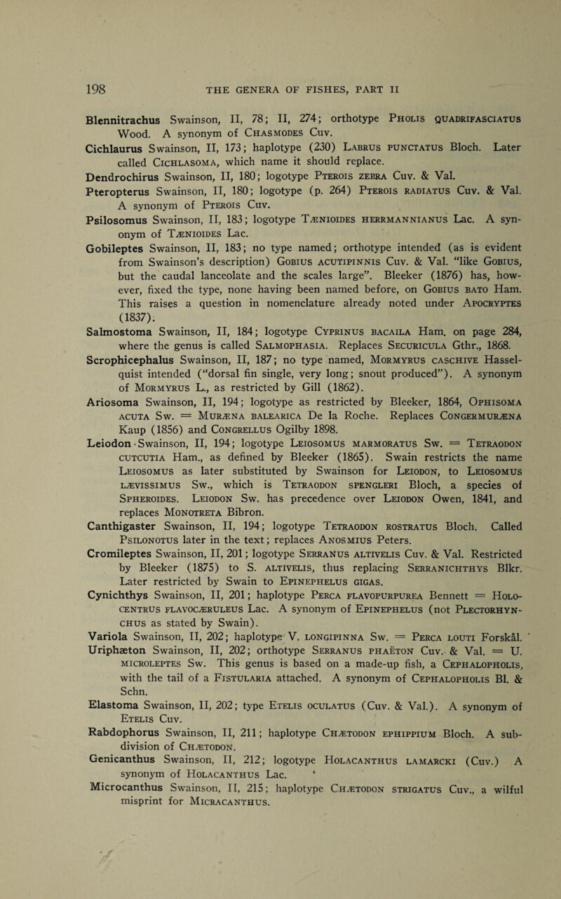 Blennitrachus Swainson, II, 78; II, 274; orthotype Pholis quadrifasciatus Wood. A synonym of Ch as modes Cuv. Cichlaurus Swainson, II, 173; haplotype (230) Labrus punctatus Bloch. Later called Cichlasoma, which name it should replace. Dendrochirus Swainson, II, 180; logotype Pterois zebra Cuv. & Val. Pteropterus Swainson, II, 180; logotype (p. 264) Pterois radiatus Cuv. & Val. A synonym of Pterois Cuv. Psilosomus Swainson, II, 183; logotype T^nioides herrmannianus Lac. A syn¬ onym of Tasnioides Lac. Gobileptes Swainson, II, 183; no type named; orthotype intended (as is evident from Swainson’s description) Gobius acutipinnis Cuv. & Val. “like Gobius, but the caudal lanceolate and the scales large”. Bleeker (1876) has, how¬ ever, fixed the type, none having been named before, on Gobius bato Ham. This raises a question in nomenclature already noted under Apocryptes (1837). Salmostoma Swainson, II, 184; logotype Cyprinus bacaila Ham. on page 284, where the genus is called Salmophasia. Replaces Securicula Gthr., 1868. Scrophicephalus Swainson, II, 187; no type named, Mormyrus caschive Hassel- quist intended (“dorsal fin single, very long; snout produced”). A synonym of Mormyrus L., as restricted by Gill (1862). Ariosoma Swainson, II, 194; logotype as restricted by Bleeker, 1864, Ophisoma acuta Sw. = Murzena balearica De la Roche. Replaces Congermuiuena Kaup (1856) and Congrellus Ogilby 1898. Leiodon • Swainson, II, 194; logotype Leiosomus marmoratus Sw. = Tetraodon cutcutia Ham., as defined by Bleeker (1865). Swain restricts the name Leiosomus as later substituted by Swainson for Leiodon, to Leiosomus l^evissimus Sw., which is Tetraodon spengleri Bloch, a species of Spheroides. Leiodon Sw. has precedence over Leiodon Owen, 1841, and replaces Monotreta Bibron. Canthigaster Swainson, II, 194; logotype Tetraodon rostratus Bloch. Called Psilonotus later in the text; replaces Anosmius Peters. Cromileptes Swainson, II, 201; logotype Serranus altivelis Cuv. & Val. Restricted by Bleeker (1875) to S. altivelis, thus replacing Serranichthys Blkr. Later restricted by Swain to Epinephelus gigas. Cynichthys Swainson, II, 201; haplotype Perca flavopurpurea Bennett = Holo- centrus flavooeruleus Lac. A synonym of Epinephelus (not Plectorhyn- chus as stated by Swain). Variola Swainson, II, 202; haplotype V. longipinna Sw. = Perca louti Forskal. ' Uriphaeton Swainson, II, 202; orthotype Serranus phaeton Cuv. & Val. = U. microleptes Sw. This genus is based on a made-up fish, a Cephalopholis, with the tail of a Fistularia attached. A synonym of Cephalopholis Bl. & Schn. Elastoma Swainson, II, 202; type Etelis oculatus (Cuv. & Val.). A synonym of Etelis Cuv. Rabdophorus Swainson, II, 211; haplotype Ch^todon ephippium Bloch. A sub¬ division of Ch^todon. Genicanthus Swainson, II, 212; logotype Holacanthus lamarcki (Cuv.) A synonym of Holacanthus Lac. * Microcanthus Swainson, II, 215; haplotype Ch.etodon strigatus Cuv., a wilful misprint for Micracanthus.