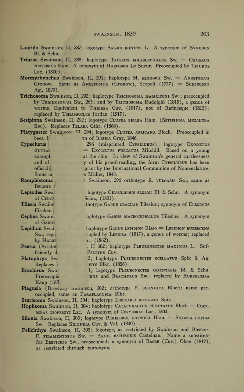 Laurida Swainson, II, 287; logotype Salmo fcetens L. A synonym of Synodus Bl. & Schn. Triurus Swainson, II, 288; haplotype Triurus microcephalus Sw. = Osmerus nehereus Ham. A synonym of Harpodon Le Sueur. Preoccupied by Triurus Lac. (1800). Mormyrhynchus Swainson, II, 291; haplotype M. gronovii Sw. = Anostomus Gronow. Same as Anostomus (Gronow), Scopoli (1777) = Schizodon Ag., 1829). Trichosoma Swainson, II, 292; haplotype Trichosoma hamiltoni Sw.; preoccupied by Trichosomus Sw., 265; and by Trichosoma Rudolphi (1819), a genus of worms. Equivalent to Thrissa Cuv. (1817), not of Rafinesque (1815) ; replaced by Thrissocles Jordan (1917). Setipinna Swainson, II, 292; logotype Clupea phasa Ham. (Setipinna megalura Sw.). Replaces Telara Gthr. (1868). Platygaster Swainson TT 294; logotype Clupea africana Bloch. Preoccupied in im of Ilisha Gray, 1846. 296 (misprinted Cypsilurus) ; logotype Exoccetus = Exoccetus furcatus Mitchill. Based on a young at the chin. In view of Swainson’s general carelessness :y of his proof-reading, the form Cypsilurus has been sprint by the International Communion of Nomenclature, s Miilier, 1843. I Swainson, 296 orthotype R. vulgaris Sw., same as ; logotype Chauliodus sloani Bl. & Schn. A synonym Schn., (1801). thotype Gadus gracilis Tilesius; synonym of Eleginus laplotype Gadus macrocephalus Tilesius. A synonym haplotype Gadus lepidion Risso = Lepidion rubescens zupied by Lepidea (1817), a genus of worms; replaced ir. (1862). , II 302; haplotype Pleuronectes maximus L. Suf- Psettus Cuv. 2; haplotype Pleuronectes ocellatus Spix & Ag. hys Blkr. (1856). 3; logotype Pleuronectes orientalis Bl. & Schn. [rus and Brachyrus Sw. ; replaced by Euryglossa bees, V Cypselurus NUTTAl exampl and of officially Same as Ramphistoma Belone ( Leptodes Swas of Chau Tilesia Swain^ Fischer. Cephus Swaini of Gadus Lepidion Swaii Sw., rega by Halof Psetta (Aristot ficiently d Platophrys Sw Replaces 1 Brachirus Swai Preoccupie Kaup (185 Plagusia (Brow**w owainson, 302; orthotype P. bilineata Bloch; name pre¬ occupied, same as Paraplagusia Blkr. Sturisoma Swainson, II, 304; haplotype Loricaria rostrata Spix. Hoplisoma Swainson, II, 304; haplotype Cataphractus punctatus Bloch = Cory- doras geoffroyi Lac. A synonym of Corydoras Lac., 1803. Silonia Swainson, II, 305; logotype Pimelodus silondia Ham. = Silonia lurida Sw. Replaces Silundia Cuv. & Val. (1830). Felichthys Swainson, II, 305; logotype, as restricted by Swainson and Bleeker, F. filamentosus Sw. = Arius bahiensis Castelnau. Name a substitute for Breviceps Sw., preoccupied; a synonym of Bagre (Cuv.) Oken (1817), as restricted through tautonymy.