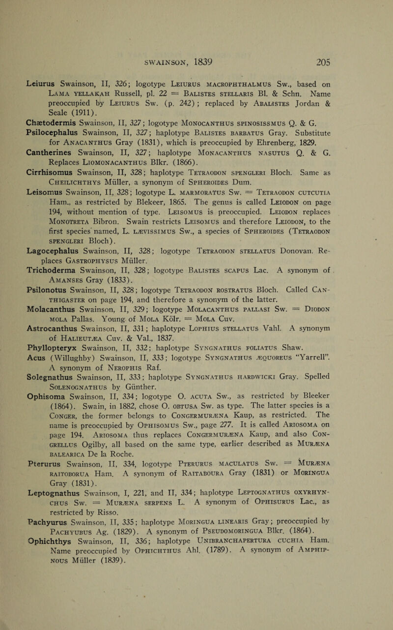 Leiurus Swainson, II, 326; logotype Leiurus macrophthalmus Sw., based on Lama yellakah Russell, pi. 22 — Balistes stellaris Bl. & Schn. Name preoccupied by Leiurus Sw. (p. 242) ; replaced by Abal-istes Jordan & Seale (1911). Chaetodermis Swainson, II, 327; logotype Monocanthus spinosissmus Q. & G. Psilocephalus Swainson, II, 327; haplotype Balistes barbatus Gray. Substitute for Anacanthus Gray (1831), which is preoccupied by Ehrenberg, 1829. Cantherines Swainson, II, 327; haplotype Monacanthus nasutus Q. & G. Replaces Liomonacanthus Blkr. (1866). Cirrhisomus Swainson, II, 328; haplotype Tetraodon spengleri Bloch. Same as Cheilichthys Muller, a synonym of Spheroides Dum. Leisomus Swainson, II, 328; logotype L. marmoratus Sw. = Tetraodon cutcutia Ham., as restricted by Blekeer, 1865. The genus is called Leiodon on page 194, without mention of type. Leisomus is preoccupied. Leiodon replaces Monotreta Bibron. Swain restricts Leisomus and therefore Leiodon, to the first species' named, L. l^evissimus Sw., a species of Spheroides (Tetraodon spengleri Bloch). Lagocephalus Swainson, II, 328; logotype Tetraodon stellatus Donovan. Re¬ places Gastrophysus Muller. Trichoderma Swainson, II, 328; logotype Balistes scapus Lac. A synonym of. Amanses Gray (1833). Psilonotus Swainson, II, 328; logotype Tetraodon rostratus Bloch. Called Can- thigaster on page 194, and therefore a synonym of the latter. Molacanthus Swainson, II, 329; logotype Molacanthus pallasi Sw. = Diodon mola Pallas. Young of Mola Kolr. = Mola Cuv. Astrocanthus Swainson, II, 331; haplotype Lophius stellatus Vahl. A synonym of Halieutjea Cuv. & Val., 1837. Phyllopteryx Swainson, II, 332; haplotype Syngnathus foliatus Shaw. Acus (Willughby) Swainson, II, 333; logotype Syngnathus ^equoreus “Yarrell”. A synonym of Nerophis Raf. Solegnathus Swainson, II, 333; haplotype Syngnathus hardwicki Gray. Spelled Solenognathus by Gunther. Ophisoma Swainson, II, 334; logotype O. acuta Sw., as restricted by Bleeker (1864). Swain, in 1882, chose O. obtusa Sw. as type. The latter species is a Conger, the former belongs to Congermur^ena Kaup, as restricted. The name is preoccupied by Ophisomus Sw., page 277. It is called Ariosoma on page 194. Ariosoma thus replaces Congermur^ena Kaup, and also Con- grellus Ogilby, all based on the same type, earlier described as Mur^ena balearica De la Roche. Pterurus Swainson, II, 334, logotype Pterurus maculatus Sw. — MuryENA raitoborua Ham. A synonym of Raitaboura Gray (1831) or Moringua Gray (1831). Leptognathus Swainson, I, 221, and II, 334; haplotype Leptognathus oxyrhyn- chus Sw. = Muilena serpens L. A synonym of Ophisurus Lac., as restricted by Risso. Pachyurus Swainson, II, 335; haplotype Moringua linearis Gray; preoccupied by Pachyubus Ag. (1829). A synonym of Pseudomoringua Blkr. (1864). Ophichthys Swainson, II, 336; haplotype Unibranchapertura cuchia Ham. Name preoccupied by Ophichthus Ahl. (1789). A synonym of Amphip- nous Muller (1839).