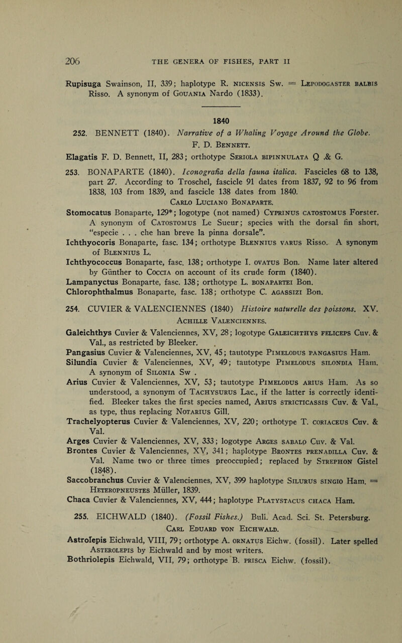 Rupisuga Swainson, II, 339; haplotype R. nicensis Sw. = Lepodogaster balbis Risso. A synonym of Gouania Nardo (1833). 1840 252. BENNETT (1840). Narrative of a Whaling Voyage Around the Globe. F. D. Bennett. Elagatis F. D. Bennett, II, 283; orthotype Seriola bipinnulata Q .& G. 253. BONAPARTE (1840). Iconograha della fauna italica. Fascicles 68 to 138, part 27. According to Troschel, fascicle 91 dates from 1837, 92 to 96 from 1838, 103 from 1839, and fascicle 138 dates from 1840. Carlo Luciano Bonaparte. Stomocatus Bonaparte, 129*; logotype (not named) Cyprinus catostomus Forster. A synonym of Catostomus Le Sueur; species with the dorsal fin short, “especie . . . che han breve la pinna dorsale”. Ichthyocoris Bonaparte, fasc. 134; orthotype Blennius varus Risso. A synonym of Blennius L. Ichthyococcus Bonaparte, fasc. 138; orthotype I. ovatus Bon. Name later altered by Gunther to Coccia on account of its crude form (1840). Lampanyctus Bonaparte, fasc. 138; orthotype L. bonapartei Bon. Chlorophthalmus Bonaparte, fasc. 138; orthotype C. agassizi Bon. 254. CUVIER & VALENCIENNES (1840) Histoire naturelle des poissons. XV. Achille Valenciennes. Galeichthys Cuvier & Valenciennes, XV, 28; logotype Galeichthys feliceps Cuv. & Val., as restricted by Bleeker. Pangasius Cuvier & Valenciennes, XV, 45; tautotype Pimelodus pangasius Ham. Silundia Cuvier & Valenciennes, XV, 49; tautotype Pimelodus silondia Ham. A synonym of Silonia Sw . Arius Cuvier & Valenciennes, XV, 53; tautotype Pimelodus arius Ham. As so understood, a synonym of Tachysurus Lac., if the latter is correctly identi¬ fied. Bleeker takes the first species named, Arius stricticassis Cuv. & Val., as type, thus replacing Notarius Gill. Trachelyopterus Cuvier & Valenciennes, XV, 220; orthotype T. coriaceus Cuv. & Val. Arges Cuvier & Valenciennes, XV, 333; logotype Arges sabalo Cuv. & Val. Brontes Cuvier & Valenciennes, XV, 341; haplotype Brontes prenadilla Cuv. & Val. Name two or three times preoccupied; replaced by Strephon Gistel (1848). Saccobranchus Cuvier & Valenciennes, XV, 399 haplotype Silurus singio Ham. = Heteropneustes Muller, 1839. Chaca Cuvier & Valenciennes, XV, 444; haplotype Platystacus chaca Ham. 255. EICHWALD (1840). (Fossil Fishes.) Bull. Acad. Sci. St. Petersburg. Carl Eduard von Eichwald. Astrolepis Eichwald, VIII, 79; orthotype A. ornatus Eichw. (fossil). Later spelled Asterolepis by Eichwald and by most writers. Bothriolepis Eichwald, VII, 79; orthotype B. prisca Eichw. (fossil).