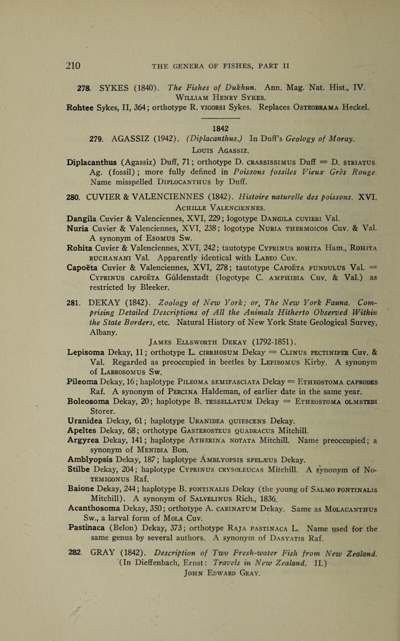 278. SYKES (1840). The Fishes of Dukhun. Ann. Mag. Nat. Hist., IV. William Henry Sykes. Rohtee Sykes, II, 364; orthotype R. vigorsi Sykes. Replaces Osteobrama Heckel. 1842 279. AGASSIZ (1942). (Diplacanthus.) In Duff’s Geology of Moray. Louis Agassiz. Diplacanthus (Agassiz) Duff, 71; orthotype D. crassissimus Duff = D. striatus Ag. (fossil) ; more fully defined in Poissons fossiles Vieux Gres Rouge. Name misspelled Diplocanthus by Duff. 280. CUVIER & VALENCIENNES (1842). ITistoire naturelle des poissons. XVI. Achille Valenciennes. Dangila Cuvier & Valenciennes, XVI, 229; logotype Dangila cuvieri Val. Nuria Cuvier & Valenciennes, XVI, 238; logotype Nuria thermoicos Cuv. & Val. A synonym of Esomus Sw. Rohita Cuvier & Valenciennes, XVI, 242; tautotype Cyprinus rohita Ham., Rohita ruchanani Val. Apparently identical with Labeo Cuv. Capoeta Cuvier & Valenciennes, XVI, 278; tautotype Capoeta fundulus Val. = Cyprinus capoeta Giildenstadt (logotype C. amphibia Cuv. & Val.) as restricted by Bleeker. 281. DEKAY (1842). Zoology of New York; or, The New York Fauna. Com¬ prising Detailed Descriptions of All the Animals Hitherto Observed Within the State Borders, etc. Natural History of New York State Geological Survey, Albany. James Ellsworth Dekay (1792-1851). Lepisoma Dekay, 11; orthotype L. cirrhosum Dekay = Clinus pectinifer Cuv. & Val. Regarded as preoccupied in beetles by Lepisomus Kirby. A synonym of Labrosomus Sw. Pileoma Dekay, 16; haplotype Pileoma semifasciata Dekay = Etheostoma caprodes Raf. A synonym of Percina Haldeman, of earlier date in the same year. Boleosoma Dekay, 20; haplotype B. tessellatum Dekay = Etheostoma olmstedi Storer. Uranidea Dekay, 61; haplotype Uranidea quiescens Dekay. Apeltes Dekay, 68; orthotype Gasterosteus quadracus Mitchill. Argyrea Dekay, 141; haplotype Atherina notata Mitchill. Name preoccupied; a synonym of Menidia Bon. Amblyopsis Dekay, 187; haplotype Amblyopsis spel^us Dekay. Stilbe Dekay, 204; haplotype Cyprinus crysoleucas Mitchill. A synonym of No- temigonus Raf. Baione Dekay, 244; haplotype B. fontinalis Dekay (the young of Salmo fontinalis Mitchill). A synonym of Salvelinus Rich., 1836. Acanthosoma Dekay, 350; orthotype A. carinatum Dekay. Same as Molacanthus Sw., a larval form of Mola Cuv. Pastinaca (Belon) Dekay, 373; orthotype Raja pastinaca L. Name used for the same genus by several authors. A synonym of Dasyatis Raf. 282. GRAY (1842). Description of Two Fresh-water Fish from New Zealand. (In Dieffenbach, Ernst: Travels in New Zealand. II.) John Edward Gray.