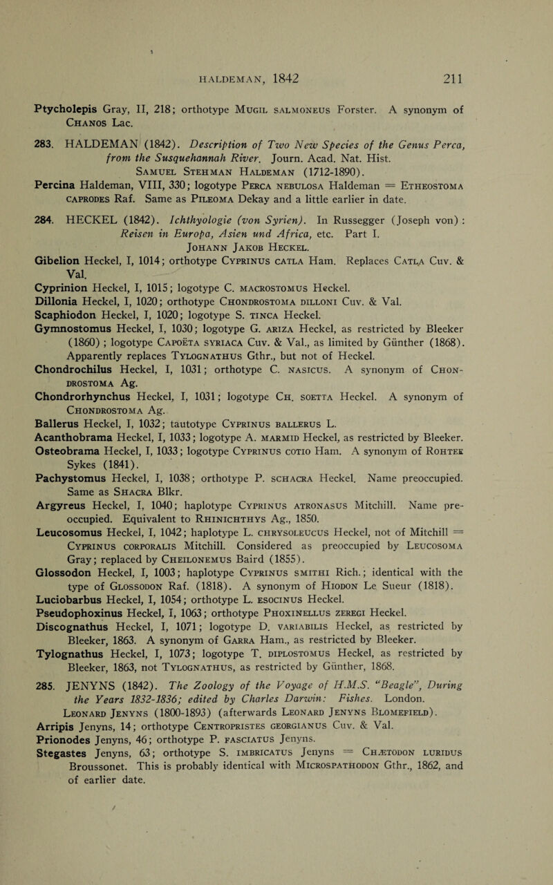 Ptycholepis Gray, II, 218; orthotype Mugil salmoneus Forster. A synonym of Chanos Lac. 283. HALDEMAN (1842). Description of Two New Species of the Genus Perea, from the Susquehannah River. Journ. Acad. Nat. Hist. Samuel Stehman Haldeman (1712-1890). Percina Haldeman, VIII, 330; logotype Perca nebulosa Haldeman = Etheostoma caprodes Raf. Same as Pileoma Dekay and a little earlier in date. 284. HECKEL (1842). Ichthyologie (von Syrien). In Russegger (Joseph von) : Reisen in Europa, Asien und Africa, etc. Part I. Johann Jakob Heckel. Gibelion Heckel, I, 1014; orthotype Cyprinus catla Ham. Replaces Catla Cuv. & Val. Cyprinion Heckel, I, 1015; logotype C. macrostomus Heckel. Dillonia Heckel, I, 1020; orthotype Chondrostoma dilloni Cuv. & Val. Scaphiodon Heckel, I, 1020; logotype S. tinca Heckel. Gymnostomus Heckel, I, 1030; logotype G. ariza Heckel, as restricted by Bleeker (1860) ; logotype Capoeta syriaca Cuv. & Val., as limited by Gunther (1868). Apparently replaces Tylognathus Gthr., but not of Heckel. Chondrochilus Heckel, I, 1031; orthotype C. nasicus. A synonym of Chon¬ drostoma Ag. Chondrorhynchus Heckel, I, 1031; logotype Ch. soetta Heckel. A synonym of Chondrostoma Ag. Ballerus Heckel, I, 1032; tautotype Cyprinus ballerus L. Acanthobrama Heckel, I, 1033; logotype A. marmid Heckel, as restricted by Bleeker. Osteobrama Heckel, I, 1033; logotype Cyprinus cotio Ham. A synonym of Rohtee Sykes (1841). Pachystomus Heckel, I, 1038; orthotype P. schacra Heckel. Name preoccupied. Same as Shacra Blkr. Argyreus Heckel, I, 1040; haplotype Cyprinus atronasus Mitchill. Name pre¬ occupied. Equivalent to Rhinichthys Ag., 1850. Leucosomus Heckel, I, 1042; haplotype L. chrysoleucus Heckel, not of Mitchill = Cyprinus corporalis Mitchill. Considered as preoccupied by Leucosoma Gray; replaced by Cheilonemus Baird (1855). Glossodon Heckel, I, 1003; haplotype Cyprinus smithi Rich.; identical with the type of Glossodon Raf. (1818). A synonym of Hiodon Le Sueur (1818). Luciobarbus Heckel, I, 1054; orthotype L. esocinus Heckel. Pseudophoxinus Heckel, I, 1063; orthotype Phoxinellus zeregi Heckel. Discognathus Heckel, I, 1071; logotype D. variabilis Heckel, as restricted by Bleeker, 1863. A synonym of Garra Ham., as restricted by Bleeker. Tylognathus Heckel, I, 1073; logotype T. diplostomus Heckel, as restricted by Bleeker, 1863, not Tylognathus, as restricted by Gunther, 1868. 285. JENYNS (1842). The Zoology of the Voyage of IT.M.S. “Beagle”, During the Years 1832-1836; edited by Charles Danvin: Fishes. London. Leonard Jenyns (1800-1893) (afterwards Leonard Jenyns Blomefield). Arripis Jenyns, 14; orthotype Centropristes georgianus Cuv. & Val. Prionodes Jenyns, 46; orthotype P. fasciatus Jenyns. Stegastes Jenyns, 63; orthotype S. imbricatus Jenyns = Ch.etodon luridus Broussonet. This is probably identical with Microspathodon Gthr., 1862, and of earlier date.