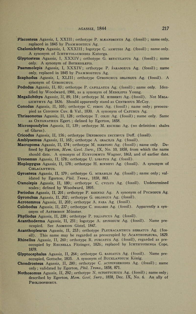 Placosteus Agassiz, I, XXIII; orthotype P. m;eandrinus Ag. (fossil); name only, replaced in 1845 by Psammosteus Ag. Chelonichthys Agassiz, I, XXXIII; logotype C. asmussi Ag. (fossil) ; name only. A synonym of Ichthyosauroides Kutorga. Glyptosteus Agassiz, I, XXXIV; orthotype G. reticulatus Ag. (fossil); name only. A synonym of Bothriolepis. Psammolepis Agassiz, I, XXXIV; orthotype P. paradoxus Ag. (fossil); name only, replaced in 1845 by Psammosteus Ag. Scaphodus Agassiz, I, XLIII; orthotype Gyronchus oblongus Ag. (fossil). A synonym of Gyronchus. Pododus Agassiz, II, 83; orthotype P. capillatus Ag. (fossil) ; name only. Iden¬ tified by Woodward, 1901, as a synonym of Mesolepis Young. Megalichthys Agassiz, II, 89, 154; orthotype M. hibberti Ag. (fossil). Not Mega- lichthys Ag. 1836. Should apparently stand as Centrodus McCoy. Conodus Agassiz, II, 105; orthotype C. ferox Ag. (fossil); name only; preoccu¬ pied as Conodon Cuv. & Val., 1830. A synonym of Caturus Ag. Thrissonotus Agassiz, II, 128; orthotype T. colei Ag. (fossil); name only. Same as Oxygnathus Egert.; defined by Egerton, 1858. Microspondylos Agassiz, II, 139; orthotype M. escheri Ag. (no definition: shales of Glarus). Cricodus Agassiz, II, 156; orthotype Dendrodus incurvus Duff, (fossil). Amblysemus Agassiz, II, 165; orthotype A. gracilis Ag. (fossil). Macropoma Agassiz, II, 174; orthotype M. egertoni Ag. (fossil) ; name only. De¬ fined by Egerton, Mem. Geol. Surv., IX, No. 10, 1858, from which the name should date. A synonym of Eurycormus Wagner, 1863, and of earlier date. Uronemus Agassiz, II, 178; orthotype U. lobatus Ag. (fossil). Hoplopygus Agassiz, II, 178; orthotype H. binneyi Ag. (fossil). A synonym of Ccelacanthus. Gyrosteus Agassiz, II, 179; orthotype G. mirabilis Ag. (fossil) ; name only; val¬ idated by Egerton, Phil. Trans., 1858, 883. Ctenolepis Agassiz, II, 180; orthotype C. cyclus Ag. (fossil). Undetermined scales; defined by Woodward, 1895. Periodus Agassiz, II, 201; orthotype P. koenigi Ag. A synonym of Pycnodus Ag. Gyronchus Agassiz, II, 202; orthotype G. oblongus Ag. (fossil). Acrotemnus Agassiz, II, 203; orthotype A. faba Ag. (fossil). Colobodus Agassiz, II, 237; orthotype C. hogardi Ag. (fossil). Apparently a syn¬ onym of Asterodon Munster. Phyllodus Agassiz, II, 238; orthotype P. toliapicus Ag. (fossil). Acanthoderma Agassiz, II, 251; logotype A. spinosum Ag. (fossil). Name pre- ocupied. See Agoreion Gistel, 1847. Acanthopleurus Agassiz, II, 253; orthotype Pleuracanthus serratus Ag. (fos¬ sil). This name may be regarded as preoccupied by Acanthopleura, 1829. Rhinellus Agassiz, II, 260; orthotype R. furcatus Ag. (fossil), regarded as pre¬ occupied by Rhinella Fitzinger, 1826; replaced by Ichthyotringa Cope, 1878. Glyptocephalus Agassiz, II, 264; orthotype G. radiatus Ag. (fossil). Name pre¬ occupied, Gottsche, 1835. A synonym of Bucklandium Konig. Chondrosteus Agassiz, II, 280; orthotype C. acipenseroides Ag. (fossil); name only; validated by Egerton, Phil. Trans., 1858, 871. Nothosomus Agassiz, II, 292; orthotype N. octostychius Ag. (fossil) ; name only; described by Egerton, Mem. Geol. Surv., 1858, Dec. IX, No. 6. An ally of Pholidophorus.