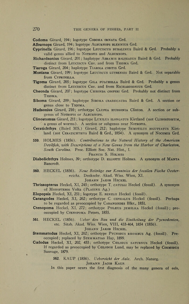 Codoma Girard, 194; logotype Codoma ornata Grd. Alburnops Girard, 194; logotype Alburnops blennius Grd. Cyprinella Girard, 196; logotype Leuciscus bubalinus Baird & Grd. Probably a valid genus allied to Notropis and Alburnops. Richardsonius Girard, 201; haplotype Abramis balteatus Baird & Grd. Probably distinct from Leuciscus Cuv. and from Tigoma Grd. Tiaroga Girard, 204; haplotype Tiaroga cobitis Grd. Moniana Girard, 199; logotype Leuciscus lutrensis Baird & Grd. Not separable from Cyprinella. Tigoma Girard, 205; logotype Gila pulchella Baird & Grd. Probably a genus distinct from Leuciscus Cuv. and from Richardsonius Grd. Cheonda Girard, 207; logotype Cheonda cooperi Grd. Probably not distinct from Tigoma. Siboma Girard, 209; haplotype Siboma crassicauda Baird & Grd. A section or genus close to Tigoma. Hudsonius Girard, 210; orthotype Clupea hudsonia Clinton. A section or sub¬ genus of Notropis or Alburnops. Clinostomus Girard, 211; logotype Luxilus elongatus Kirtland (not Clinostomum, a genus of worms). A section or subgenus near Notropis. Ceratichthys (Baird MS.) Girard, 212; haplotype Semotilus biguttatus Kirt¬ land (not Ceratichthys Baird & Grd., 1854). A synonym of Nocomis Grd. 559. HOLMES (1856). Contributions to the Natural History of the American Devilfish, ivith Descriptions of a New Genus from the Harbor of Charleston, South Carolina. Proc. Elliott Soc. Nat. Hist., I. Francis S. Holmes Diabolichthys Holmes, 39; orthotype D. elliotti Holmes. A synonym of Manta Bancroft. 560. HECKEL (1856). Neue Beitrage zur Kenntniss der fossilen Fische Oester- reichs. Denkschr. Akad. Wiss. Wien, XI. Johann Jakob Heckel. Thrissopterus Heckel, XI, 245; orthotype T. catulli Heckel (fossil). A synonym of Monopteros Volta (Platinx Ag.) Elopopsis Heckel, XI, 251; logotype E. fenzlii Heckel (fossil). Carangodes Heckel, XI, 262; orthotype C. cephalus Heckel (fossil). Perhaps to be regarded as preoccupied by Carangoides Blkr., 1851. Ctenopoma Heckel, XI, 272; orthotype Pyg^us jemelka Heckel (fossil); pre¬ occupied by Ctenopoma Peters, 1855. 561. HECKEL (1856). Ueber den Bau und die Eintheilung der Pycnodonten, etc. Sitzb. Akad. Wiss. Wien, VIII, 433-464, 1854 (1856). Johann Jakob Heckel. Stemmatodus Heckel, XI, 202; orthotype Pycnodus rhombus Ag. (fossil). Pre¬ occupied; replaced by Stemmatias Hay, 1899. Ccelodus Heckel, XI, 202, 455; orthotype Ccelodus saturnus Heckel (fossil). If regarded as preoccupied by Ccelodon Lund, may be replaced by Cosmodus Sauvage, 1879. 562. KAUP (1856). Uebersicht der Aale. Arch. Naturg. Johann Jacob Kaup. In this paper ocurs the first diagnosis of the many genera of eels,