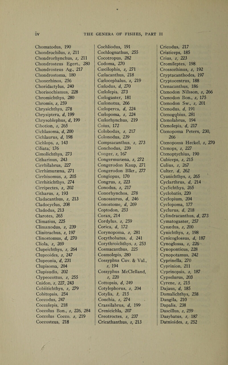 Chomatodus, 190 Chondrochilus, s, 211 Chondrorhynchus, s, 211 Chondrosteus Egert., 280 Chondrosteus Ag., 217 Chondrostoma, 180 Chonerhinos, 256 Choridactylus, 240 Chorisochismus, 228 Chromichthys, 280 Chromis, s, 259 Chrysichthys, 278 Chrysiptera, d, 199 Chrysoblephus, d, 199 Cibotion, s, 265 Cichlasoma, d, 200 Cichlaurus, d, 198 Cichlops, s, 143 Ciliata, 176 Cimolichthys, 273 Citharinus, 243 Cirrhilabrus, 227 Cirrhimursena, 271 Cirrhisomus, s, 205 Cirrhitichthys, 274 Cirripectes, s, 202 Citharus, s, 193 Cladacanthus, s, 213 Cladocyclus, 208 Cladodus, 213 Clarotes, 265 Climatius, 225 Climaxodus, s, 239 Clinitrachus, s, 197 Clinostomus, d, 270 Cliola, 269 Clupeichthys, s, 264 Clupeoides, s, 247 Clupeonia, d, 231 Clupisoma, 204 Clupisudis, 202 Clypeocottus, s, 255 Cnidon, s, 227, 243 Cobiitichthys, s, 279 Cobitopsis, 254 Cbccodus, 247 Coccolepis, 218 Cbccblus Bon., s, 226, 284 Coccblus Cbccb, s, 219 Coccbsteus, 218 Cbchlibdus, 191 Cbchlbgnathus, 255 Cocbtrbpus, 282 Codoma, 270 Coecilbphis, s, 271 Coelacanthus, 218 Coelbcephalus, s, 219 Coelbdus, d, 270 Coelblepis, 273 Coelogaster, 181 Ccelbnotus, 266 Coelbperca, d, 224 Coelbpoma, s, 224 Coelbrhynchus, 219 Coius, 172 Cblobbdus, s, 217 Colonodus, 239 Compsacanthus, s, 273 Cbnchodus, 239 Conger, s, 167 Cbngermursena, s, 272 Cbngerodon Kaup, 271 Cbngerbdon Blkr., 277 Cbngibpus, 170 Cbngrus, s, 223 Cbnodus, s, 217 Conbrhynchbs. 278 Cbnbsaurus, d, 246 Cbnostbme, d, 269 Coptbdon, 253 Cbrax, 214 Cbrdylus, s, 259 Cbrica, d, 172 Cbrynbpbma, s, 281 Cbtythobatus, d, 241 Cbrythrbichthys, s, 253 Cbsmacanthus, 225 Cbsniblepis, 280 Cossyphus Cuv. & Val., j, 194 Cossyphus McClelland, s, 220 Cottopsis, d, 249 Cotylephorus, s, 204 Cotylis, s, 215 Couchia, s, 274 Crassilabrus, d, 199 Crenicichla, 207 Creotroctes, s, 237 Cricathanthus, s, 213 Cricodus, 217 Cristiceps, 185 Crius, s, 223 Cromileptes, 198 Crossorhinus, s, 192 Cryptacanthodes, 197 Cryptocentrus, 188 Ctenacanthus, 186 Ctenodon Nilsson, s, 266 Ctenodon Bon., s, 175 Ctenodon Sw., s, 201 Ctenodus, d, 191 Ctenog^bius, 281 Ctenolabrus, 194 Ctenolepis, d, 217 Ctenopoma Peters, 230, 266 Ctenopoma Heckel, s, 270 Ctenops, s, 227 Ctenoptychius, 190 Cubiceps, s, 215 Culius, s, 267 Culter, d, 262 Cyanichthys, s, 265 Cyclarthrus, d, 214 Cyclichthys, 265 Cyclobatis, 220 Cyclopium, 204 Cyclopoma, 177 Cyclurus, d, 218 Cylindracanthus, d, 273 Cymatogaster, 257 Cynsedus, s, 200 Cynichthys, s, 198 Cynicoglossus, d, 187 Cynoglossa, s, 226 Cynoponticus, 228 Cynopotamus, 242 Cyprinella, 270 Cyprinion, 211 Cyprinopsis, s, 187 Cypselurus, 203 Cyrene, s, 215 Dajaus, d, 185 Damalichthys, 258 Dangila, 210 Dapalis, 238 Dascillus, s, 259 Dasybatus, s, 187 Datnioides, s, 252