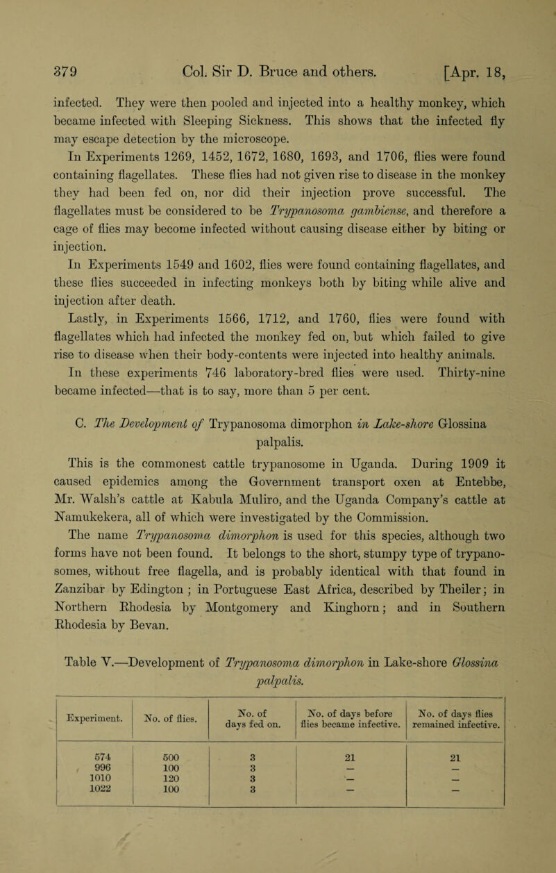 infected. They were then pooled and injected into a healthy monkey, which became infected with Sleeping Sickness. This shows that the infected fly may escape detection by the microscope. In Experiments 1269, 1452, 1672, 1680, 1693, and 1706, flies were found containing flagellates. These flies had not given rise to disease in the monkey they had been fed on, nor did their injection prove successful. The flagellates must be considered to be Trypanosoma gambiense, and therefore a cage of flies may become infected without causing disease either by biting or injection. In Experiments 1549 and 1602, flies were found containing flagellates, and these flies succeeded in infecting monkeys both by biting while alive and injection after death. Lastly, in Experiments 1566, 1712, and 1760, flies were found with flagellates which had infected the monkey fed on, but which failed to give rise to disease when their body-contents were injected into healthy animals. In these experiments 746 laboratory-bred flies were used. Thirty-nine became infected—that is to say, more than 5 per cent. C. The Development of Trypanosoma dimorphon in Lake-shore Glossina palpalis. This is the commonest cattle trypanosome in Uganda. Daring 1909 it caused epidemics among the Government transport oxen at Entebbe, Mr. Walsh’s cattle at Kabula Muliro, and the Uganda Company’s cattle at Namukekera, all of which were investigated by the Commission. The name Trypanosoma dimorphon is used for this species, although two forms have not been found. It belongs to the short, stumpy type of trypano¬ somes, without free flagella, and is probably identical with that found in Zanzibar by Edington ; in Portuguese East Africa, described by Theiler; in Northern Khodesia by Montgomery and Kinghorn; and in Southern Ehodesia by Bevan. Table V.—Development of Trypanosoma dimorphon in Lake-shore Glossina palpalis. Experiment. No. of flies. No. of days fed on. No. of days before flies became infective. No. of days flies remained infective. 574 500 3 21 21 996 100 3 — — 1010 120 3 ■ '- _ 1022 100 3 — —