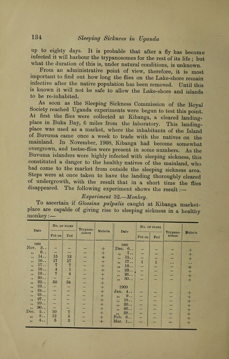 up to eighty days. It is probable that after a fly has become infected it will harbour the trypanosomes for the rest of its life ; but what the duration of this is, under natural conditions, is unknown. From an administrative point of view, therefore, it is most impoitant to find out how long the flies on the Lake-shore remain infective after the native population has been removed. Until this is known it will not be safe to allow the Lake-shore and islands to be re-inhabited. As soon as the Sleeping Sickness Commission of the Royal Society reached Uganda experiments were begun to test this point. At first the flies were collected at Kibanga, a cleared landing- place in Buka Bay, G miles from the laboratory. This landing- place was used as a market, where the inhabitants of the Island of Buvuma came once a week to trade with the natives on the mainland. In November, 1908, Kibanga had become somewhat overgrown, and tsetse-flies were present in some numbers. As the Buvuma islanders were highly infected with sleeping sickness, this constituted a danger to the healthy natives of the mainland, who had come to the market from outside the sleeping sickness area. Steps were at once taken to have the landing thoroughly cleared of undergrowth, with the result that in a short time the flies disappeared. The following experiment shows the result:— Experiment 52.—Monkey. To ascertain if Glossina palpalis caught at Kibanga market¬ place are capable of giving rise to sleeping sickness in a healthy monkey:—