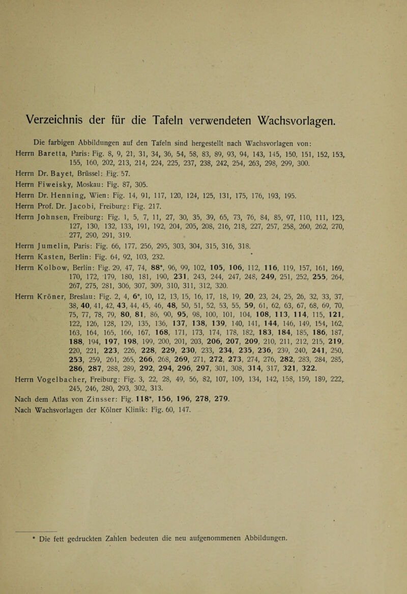 Verzeichnis der für die Tafeln verwendeten Wachsvorlagen. Die farbigen Abbildungen auf den Tafeln sind hergestellt nach Wachsvorlagen von: Herrn Baretta, Paris: Fig. 8, 9, 21, 31, 34, 36, 54, 58, 83, 89, 93, 94, 143, 145, 150, 151, 152, 153, 155, 160, 202, 213, 214, 224, 225, 237, 238, 242, 254, 263, 298, 299, 300. Herrn Dr. Bayet, Brüssel: Fig. 57. Herrn Fiweisky, Moskau: Fig. 87, 305. Herrn Dr. Henning, Wien: Fig. 14, 91, 117, 120, 124, 125, 131, 175, 176, 193, 195. Herrn Prof. Dr. Jacobi, Freiburg: Fig. 217. Herrn Johnsen, Freiburg: Fig. 1, 5, 7, 11, 27, 30, 35, 39, 65, 73, 76, 84, 85, 97, 110, 111, 123,. 127, 130, 132, 133, 191, 192, 204, 205, 208, 216, 218, 227, 257, 258, 260, 262, 270, 277, 290, 291, 319. Herrn Jumelin, Paris: Fig. 66, 177, 256, 295, 303, 304, 315, 316, 318. Herrn Kasten, Berlin: Fig. 64, 92, 103, 232. Herrn Kolbow, Berlin: Fig. 29, 47, 74, 88*, 96, 99, 102, 105, 106, 112, 116, 119, 157, 161, 169, 170, 172, 179, 180, 181, 190, 231, 243, 244, 247, 248, 249, 251, 252, 255, 264, 267, 275, 281, 306, 307, 309, 310, 311, 312, 320. Herrn Kröne r, Breslau: Fig. 2, 4, 6*, 10, 12, 13, 15, 16, 17, 18, 19, 20, 23, 24, 25, 26, 32, 33, 37, 38, 40, 41, 42, 43, 44, 45, 46, 48, 50, 51, 52, 53, 55, 59, 61, 62, 63, 67, 68, 69, 70, 75, 77, 78, 79, 80, 81, 86, 90, 95, 98, 100, 101, 104, 108, 113, 114, 115, 121,. 122, 126, 128, 129, 135, 136, 137, 138, 139, 140, 141, 144, 146, 149, 154, 162, 163, 164, 165, 166, 167, 168, 171, 173, 174, 178, 182, 183, 184, 185, 186, 187, 188, 194, 197, 198, 199, 200, 201, 203, 206, 207, 209, 210, 211, 212, 215, 219,. 220, 221, 223, 226, 228, 229, 230, 233, 234, 235, 236, 239, 240, 241, 250, 253, 259, 261, 265, 266, 268, 269, 271, 272, 273, 274, 276, 282, 283, 284, 285, 286, 2 8 7 , 288, 289, 292, 294, 296, 29 7 , 301, 308, 314, 317, 321, 322. Herrn Vogelbacher, Freiburg: Fig. 3, 22, 28, 49, 56, 82, 245, 246, 280, 293, 302, 313. 107, 109, 134, 142, 158, 159, 189, 222,. Nach dem Atlas von Zinsser: Fig. 118*, 156, 196, 278, 279. Nach Wachsvorlagen der Kölner Klinik: Fig. 60, 147. Die fett gedruckten Zahlen bedeuten die neu aufgenommenen Abbildungen.