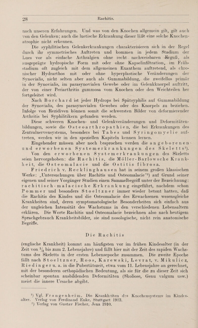 nach unseren Erfahrungen. Und was von den Knochen allgemein gilt, gilt auch von den Gelenken; auch die luetische Erkrankung dieser läßt eine solche Knochen¬ atrophie nicht erkennen. Die syphilitischen Gelenkerkrankungen charakterisieren sich in der Regel durch ihr symmetrisches Auftreten und kommen in jedem Stadium der Lues vor als einfache Arthralgien ohne recht nachweisbaren Erguß, als ausgeprägte hydropische Form mit oder ohne Kapselinfiltration, im Fiiih- stadium oft zugleich mit dem allgemeinen Exanthem auftretend, als chro¬ nischer Hydrarthos mit oder ohne hyperplastische Veränderungen der Synovialis, nicht selten aber auch als Gummabildung, die zweifellos primär in der Synovialis, im parasynovialen Gewebe oder im Gelenkknorpel auf tritt, der von einer Periarthritis gummosa vom Knochen oder den Weichteilen her fortgeleitet wird. Nach Borchard ist jeder Hydrops bei Spätsyphilis auf Gummabildung der Synovialis, des parasynovialen Gewebes oder des Knorpels zu beziehen. Infolge von Rezidiven können somit die schwersten Bilder von deformierender Arthritis bei Syphilitikern gefunden werden. Diese schweren Knochen- und Gelenkveränderungen und Deformitäten¬ bildungen, sowie die Osteoarthropathien, die bei Erkrankungen des Zentralnervensystems, besonders bei Tabes und Syringomyelie auf- treten, werden wir in den speziellen Kapiteln kennen lernen. Eingehender müssen aber noch besprochen werden die angeborenen' und erworbenen Systemerkrankungen des Skeletts1). Von den erworbenen Systemerkrankungen des Skeletts seien hervorgehoben: die Rachitis, die M ö 11 e r - B a r 1 o w s c h e Krank¬ heit, die Osteom alacie und die Ostitis f i b r o s a. Friedrich v. Recklinghausen hat in seinem großen klassischen Werke: „Untersuchungen über Rachitis und Osteomalacie“2) auf Grund seiner eigenen und seiner Vorgänger Studien einen Sammelbegriff unter der Bezeichnung: rachitisch-malacische Erkrankung eingeführt, nachdem schon Pommer und besonders Stoeltzner immer wieder betont hatten, daß die Rachitis des Kindes und die Osteomalacie des Erwachsenen wesensgleiche Krankheiten sind, deren symptomatologische Besonderheiten sich einfach aus der ungleichen Intensität des Wachstums in den verschiedenen Lebensaltern erklären. Die Worte Rachitis und Osteomalacie bezeichnen also nach heutigem Sprachgebrauch Krankheitsbilder, sie sind nosologische, nicht rein anatomische Begriffe. Die Rachitis (englische Krankheit) kommt am häufigsten vor im frühen Kindesalter (in der Zeit von x/2 bis zum 2. Lebensjahre) und fällt hier mit der Zeit des rapiden Wachs¬ tums des Skeletts in der ersten Lebensepoche zusammen. Die zweite Epoche fällt nach Stoeltzner, Roos, Karewski, Lev rat, v. Mikulicz, Riedingeru. a. in die Pubertätszeit, etwa vom 11. Lebensjahre an gerechnet, mit der besonderen orthopädischen Bedeutung, als sie für die zu dieser Zeit sich scheinbar spontan ausbildenden Deformitäten (Skoliose, Genu valgum usw.) meist die innere Ursache abgibt. 3) Vgl. Frangenheim, Die Krankheiten des Knochensystems im Kindes¬ alter. Verlag von Ferdinand Enke, Stuttgart 1913. 2) Verlag von Gustav Fischer, Jena 1910.