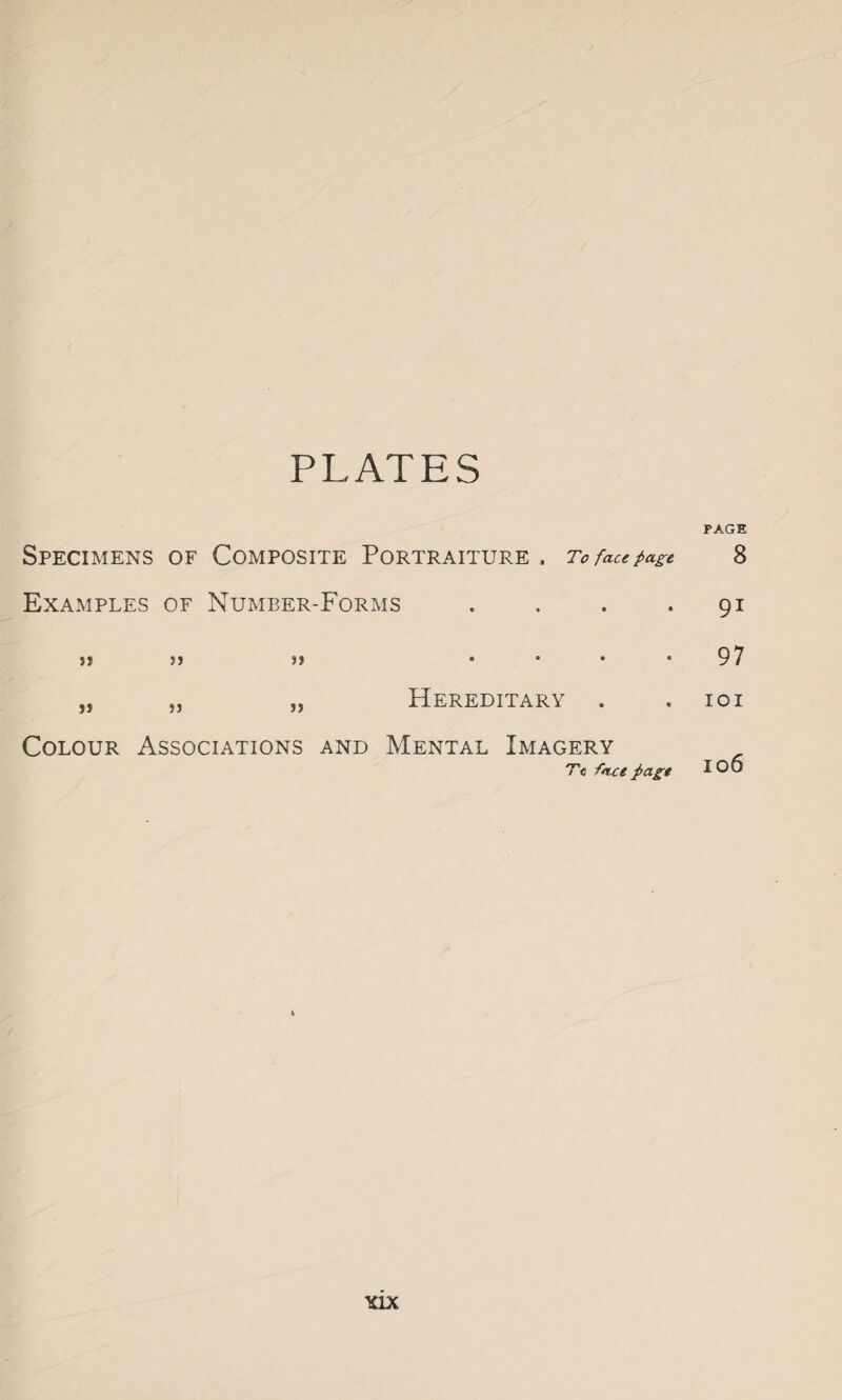 PLATES Specimens of Composite Portraiture , To fact page Examples of Number-Forms . j? 33 33 >5 3 3 33 Hereditary Colour Associations and Mental Imagery Tc fact page PAGE 8 9i 97 101 106