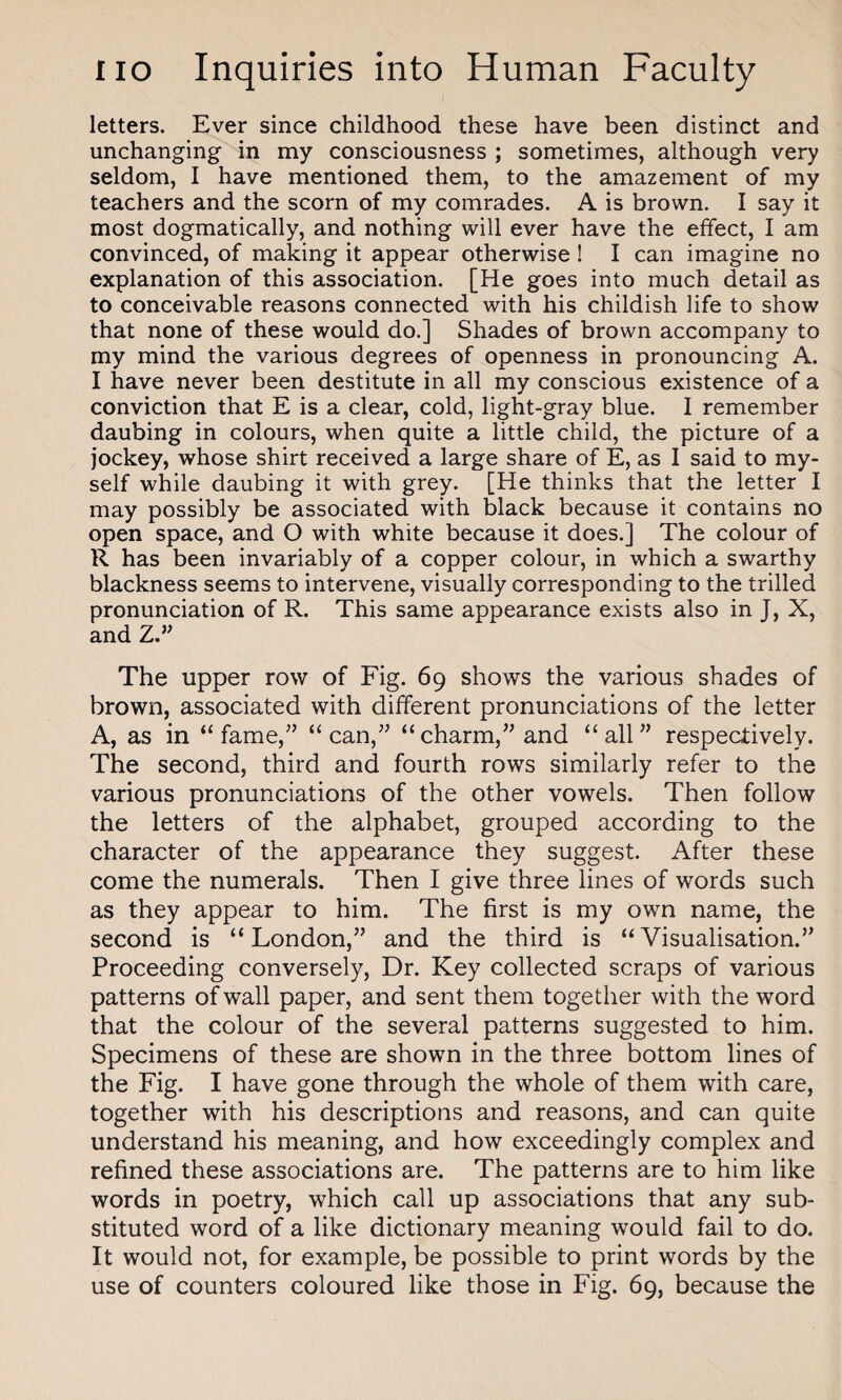 letters. Ever since childhood these have been distinct and unchanging in my consciousness ; sometimes, although very seldom, I have mentioned them, to the amazement of my teachers and the scorn of my comrades. A is brown. I say it most dogmatically, and nothing will ever have the effect, I am convinced, of making it appear otherwise ! I can imagine no explanation of this association. [He goes into much detail as to conceivable reasons connected with his childish life to show that none of these would do.] Shades of brown accompany to my mind the various degrees of openness in pronouncing A. I have never been destitute in all my conscious existence of a conviction that E is a clear, cold, light-gray blue. I remember daubing in colours, when quite a little child, the picture of a jockey, whose shirt received a large share of E, as I said to my¬ self while daubing it with grey. [He thinks that the letter I may possibly be associated with black because it contains no open space, and O with white because it does.] The colour of R has been invariably of a copper colour, in which a swarthy blackness seems to intervene, visually corresponding to the trilled pronunciation of R. This same appearance exists also in J, X, and Z.” The upper row of Fig. 69 shows the various shades of brown, associated with different pronunciations of the letter A, as in “fame,” “can,” “charm,” and “all” respectively. The second, third and fourth rows similarly refer to the various pronunciations of the other vowels. Then follow the letters of the alphabet, grouped according to the character of the appearance they suggest. After these come the numerals. Then I give three lines of words such as they appear to him. The first is my own name, the second is “London,” and the third is “Visualisation.” Proceeding conversely, Dr. Key collected scraps of various patterns of wall paper, and sent them together with the word that the colour of the several patterns suggested to him. Specimens of these are shown in the three bottom lines of the Fig. I have gone through the whole of them with care, together with his descriptions and reasons, and can quite understand his meaning, and how exceedingly complex and refined these associations are. The patterns are to him like words in poetry, which call up associations that any sub¬ stituted word of a like dictionary meaning would fail to do. It would not, for example, be possible to print words by the use of counters coloured like those in Fig. 69, because the