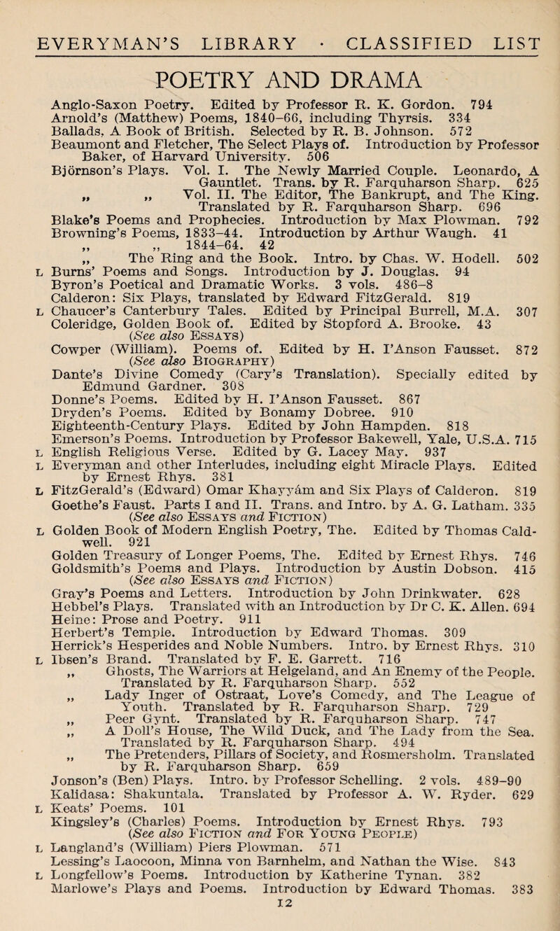 POETRY AND DRAMA Anglo-Saxon Poetry. Edited by Professor R. K. Gordon. 794 Arnold’s (Matthew) Poems, 1840-66, including Thyrsis. 334 Ballads, A Book of British. Selected hy It. B. Johnson. 572 Beaumont and Fletcher, The Select Plays of. Introduction by Professor Baker, of Harvard University. 506 Bjornson’s Plays. Vol. I. The Newly Married Couple. Leonardo, A Gauntlet. Trans, by It. Farquharson Sharp. 625 „ „ Yol. II. The Editor, The Bankrupt, and The King. Translated by R. Farquharson Sharp. 696 Blake’s Poems and Prophecies. Introduction by Max Plowman. 792 Browning’s Poems, 1833-44. Introduction by Arthur Waugh. 41 „ „ 1844-64. 42 „ The Ring and the Book. Intro, hy Chas. W. Hodell. 502 L Burns’ Poems and Songs. Introduction by J. Douglas. 94 Byron’s Poetical and Dramatic Works. 3 vols. 486-8 Calderon: Six Plays, translated by Edward FitzGerald. 819 l Chaucer’s Canterbury Tales. Edited by Principal Burrell, M.A. 307 Coleridge, Golden Book of. Edited by Stopford A. Brooke. 43 {See also Essays) Cowper (William). Poems of. Edited by H. I’Anson Fausset. 872 (See also Biography) Dante’s Divine Comedy (Cary’s Translation). Specially edited by Edmund Gardner. 308 Donne’s Poems. Edited by H. I’Anson Fausset. 867 Dryden’s Poems. Edited by Bonamy Dobree. 910 Eighteenth-Century Plays. Edited by John Hampden. 818 Emerson’s Poems. Introduction by Professor Bakewell, Yale, U.S.A. 715 L English Religious Verse. Edited by G. Lacey May. 937 L Everyman and other Interludes, including eight Miracle Plays. Edited by Ernest Rhys. 381 L FitzGerald’s (Edward) Omar Khayyam and Six Plays of Calderon. 819 Goethe’s Faust. Parts I and II. Trans, and Intro, by A. G. Latham. 335 (See also Essays and Fiction) l Golden Book of Modern English Poetry, The. Edited by Thomas Cald¬ well. 921 Golden Treasury of Longer Poems, The. Edited by Ernest Rhys. 746 Goldsmith’s Poems and Plays. Introduction by Austin Dobson. 415 {See also Essays and Fiction) Gray’s Poems and Letters. Introduction by John Drinkwater. 628 Hebbel’s Plays. Translated with an Introduction by Dr C. K. Allen. 694 Heine: Prose and Poetry. 911 Herbert’s Temple. Introduction by Edward Thomas. 309 Herrick’s Hesperides and Noble Numbers. Intro, by Ernest Rhys. 310 L Ibsen’s Brand. Translated by F. E. Garrett. 716 „ Ghosts, The Warriors at Helgeland, and An Enemy of the People. Translated by R. Farquharson Sharp. 552 „ Lady Inger of Ostraat, Love’s Comedy, and The League of Youth. Translated by R. Farquharson Sharp. 729 „ Peer Gynt. Translated by R. Farquharson Sharp. 747 „ A Doll’s House, The Wild Duck, and The Lady from the Sea. Translated by R. Farquharson Sharp. 494 „ The Pretenders, Pillars of Society, and Rosmersholm. Translated by R. Farquharson Sharp. 659 Jonson’s (Ben) Plays. Intro, by Professor Schelling. 2 vols. 489-90 Kalidasa: Shakuntala. Translated by Professor A. W. Ryder. 629 l Keats’ Poems. 101 Kingsley’s (Charles) Poems. Introduction by Ernest Rhys. 793 {See also Fiction and For Young People) l Langland’s (William) Piers Plowman. 571 Lessing’s Laocoon, Minna von Barnhelm, and Nathan the Wise. 843 L Longfellow’s Poems. Introduction by Katherine Tynan. 382 Marlowe’s Plays and Poems. Introduction by Edward Thomas. 383