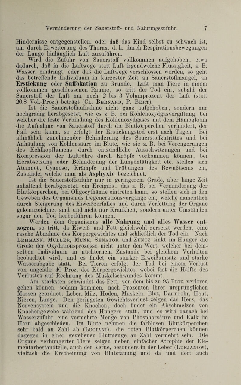 Hindernisse entgegenstellen, oder daß das Kind selbst zu schwach ist, um durch Erweiterung des Thorax, d. h. durch Respirationsbewegungen der Lunge hinlänglich Luft zuzuführen. Wird die Zufuhr von Sauerstoff vollkommen aufgehoben, etwa dadurch, daß in die Luftwege statt Luft irgendwelche Flüssigkeit, z. B. Wasser, eindringt, oder daß die Luftwege verschlossen werden, so geht das betreffende Individuum in kürzester Zeit an Sauerstoffmangel, an Erstickung oder Suffokation zu Grunde. Läßt man Tiere in einem vollkommen geschlossenen Raume, so tritt der Tod ein, sobald der Sauerstoff der Luft nur noch 2 bis 3 Volumprozent der Luft (statt 20,8 Vol.-Proz.) beträgt (Cl. Bernard, P. Bert). Ist die Sauerstoffaufnahme nicht ganz aufgehoben, sondern nur hochgradig herabgesetzt, wie es z. B. bei Kohlenoxydgasvergiftung, bei welcher die feste Verbindung des Kohlenoxydgases mit dem Hämoglobin die Aufnahme von Sauerstoff durch die Blutkörperchen verhindert, der Fall sein kann, so erfolgt der Erstickungstod erst nach Tagen. Bei allmählich zunehmender Behinderung des Sauerstoffzutrittes und bei Anhäufung von Kohlensäure im Blute, wie sie z. B. bei Verengerungen des Kehlkopflumens durch entzündliche Ausschwitzungen und bei Kompression der Luftröhre durch Kröpfe Vorkommen können, bei Herabsetzung oder Behinderung der Lungentätigkeit etc. stellen sich Atemnot, Cyanose, Krämpfe und Trübungen des Bewußtseins ein, Zustände, welche man als Asphyxie bezeichnet. Ist die Sauerstoffzufuhr nur in geringerem Grade, aber lange Zeit anhaltend herabgesetzt, ein Ereignis, das z. B. bei Verminderung der Blutkörperchen, bei Oligocythämie eintreten kann, so stellen sich in den Geweben des Organismus Degenerationsvorgänge ein, welche namentlich durch Steigerung des Eiweißzerfalles und durch Verfettung der Organe gekennzeichnet sind und nicht nur Krankheit, sondern unter Umständen sogar den Tod herbeiführen können. Werden dem Organismus alle Nahrung und alles Wasser ent¬ zogen, so tritt, da Eiweiß und Fett gleichwohl zersetzt werden, eine rasche Abnahme des Körpergewichtes und schließlich der Tod ein. Nach Lehmann, Müller, Munk, Senator und Zuntz sinkt im Hunger die Größe der Oxydationsprozesse nicht unter den Wert, welcher bei dem¬ selben Individuum in nüchternem Zustande bei gleichem Verhalten beobachtet wird, und es findet ein starker Eiweißumsatz und starke Wasserabgabe statt. Bei Tieren erfolgt der Tod bei einem Verlust von ungefähr 40 Proz. des Körpergewichtes, wobei fast die Hälfte des Verlustes auf Rechnung des Muskelschwundes kommt. Am stärksten schwindet das Fett, von dem bis zu 93 Proz. verloren gehen können, sodann kommen, nach Prozenten ihrer ursprünglichen Massen geordnet: Leber, Milz, Hoden, Muskeln, Blut, Darmrohr, Haut, Nieren, Lunge. Den geringsten Gewichtsverlust zeigen das Herz, das Nervensystem und die Knochen, doch findet ein Abschmelzen von Knochengewebe während des Hungers statt, und es wird danach bei Wasserzufuhr eine vermehrte Menge von Phosphorsäure und Kalk im Harn abgeschieden. Im Blute nehmen die farblosen Blutkörperchen sehr bald an Zahl ab (Luciani), die roten Blutkörperchen können dagegen in einer gegebenen Blutmenge an Zahl vermehrt sein. Die Organe verhungerter Tiere zeigen neben einfacher Atrophie der Ele¬ mentarbestandteile, auch der Kerne, besonders in der Leber (Lukjanow), vielfach die Erscheinung von Blutstauung und da und dort auch