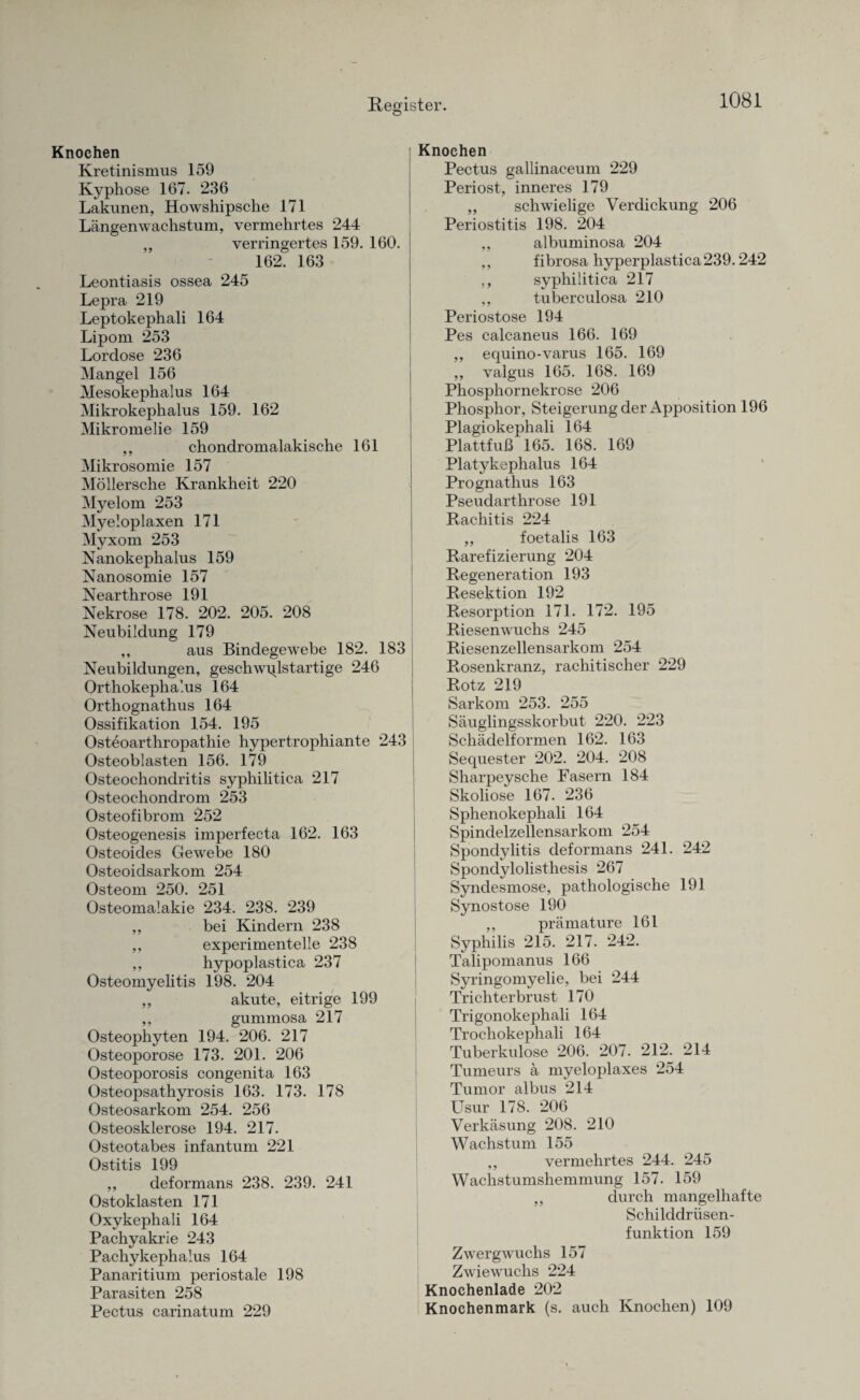 Knochen Kretinismus 159 Kyphose 167. 236 Lakunen, Howshipsche 171 Längenwachstum, vermehrtes 244 „ verringertes 159. 160. 162. 163 Leontiasis ossea 245 Lepra 219 Leptokephali 164 Lipom 253 Lordose 236 Mangel 156 Mesokephalus 164 Mikrokephalus 159. 162 Mikromelie 159 ,, chondromalakische 161 Mikrosomie 157 Möllersche Krankheit 220 Myelom 253 Myeloplaxen 171 Myxom 253 Nanokephalus 159 Nanosomie 157 Nearthrose 191 Nekrose 178. 202. 205. 208 Neubildung 179 ,, aus Bindegewebe 182. 183 Neubildungen, geschwqlstartige 246 Orthokephalus 164 Orthognathus 164 Ossifikation 154. 195 Osteoarthropathie hypertrophiante 243 Osteoblasten 156. 179 Osteochondritis syphilitica 217 Osteochondrom 253 Osteofibrom 252 Osteogenesis imperfecta 162. 163 Osteoides Gewebe 180 Osteoidsarkom 254 Osteom 250. 251 Osteomalakie 234. 238. 239 „ bei Kindern 238 ,, experimentelle 238 ,, hypoplastica 237 Osteomyelitis 198. 204 ,, akute, eitrige 199 ,, gummosa 217 Osteophyten 194. 206. 217 Osteoporose 173. 201. 206 Osteoporosis congenita 163 Osteopsathyrosis 163. 173. 178 Osteosarkom 254. 256 Osteosklerose 194. 217. Osteotabes infantum 221 Ostitis 199 ,, deformans 238. 239. 241 Ostoklasten 171 Oxykephali 164 Packyakrie 243 Pachykephalus 164 Panaritium periostale 198 Parasiten 258 Pectus carinatum 229 Knochen Pectus gallinaceum 229 Periost, inneres 179 „ schwielige Verdickung 206 Periostitis 198. 204 ,, albuminosa 204 ,, fibrosa hyperplastica239.242 ,, syphilitica 217 ,, tuberculosa 210 Periostose 194 Pes calcaneus 166. 169 ,, equino-varus 165. 169 ,, valgus 165. 168. 169 Phosphornekrose 206 Phosphor, Steigerung der Apposition 196 Plagiokephali 164 Plattfuß 165. 168. 169 Platykephalus 164 Prognathus 163 Pseudarthrose 191 Rachitis 224 „ foetalis 163 Rarefizierung 204 Regeneration 193 Resektion 192 Resorption 171. 172. 195 Riesenwuchs 245 Riesenzellensarkom 254 Rosenkranz, rachitischer 229 Rotz 219 Sarkom 253. 255 Säuglingsskorbut 220. 223 Schädelformen 162. 163 Secpiester 202. 204. 208 Sharpeysche Fasern 184 Skoliose 167. 236 Sphenokephali 164 Spindelzellensarkom 254 Spondylitis deformans 241. 242 Spondylolisthesis 267 Syndesmose, pathologische 191 Synostose 190 ,, prämature 161 Syphilis 215. 217. 242. Talipomanus 166 Syringomyelie, bei 244 Trichterbrust 170 Trigonokephali 164 Trochokephali 164 Tuberkulose 206. 207. 212. 214 Tumeurs ä myeloplaxes 254 Tumor albus 214 Usur 178. 206 Verkäsung 208. 210 Wachstum 155 ,, vermehrtes 244. 245 Wachstumshemmung 157. 159 ,, durch mangelhafte Schilddrüsen¬ funktion 159 Zwergwuchs 157 Zwiewuchs 224 Knochenlade 202 Knochenmark (s. auch Knochen) 109