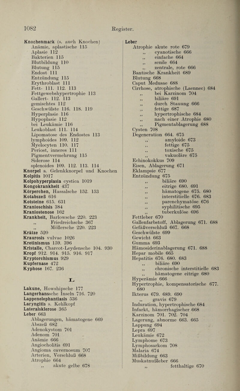 Knochenmark (s. auch Knochen) Anämie, apiastische 115 Aplasie 112 Bakterien 115 Blutbildung 110 Blutung 115 Endost 111 Entzündung 115 Erythroblast 111 Fett- 111. 112. 113 Fettgewebshypertrophie 113 Gallert- 112. 113 gemischtes 112 Geschwülste 116. 118. 119 Hyperplasie 116 Hypoplasie 112 bei Leukämie 116 Leukoblast 111. 114 Lipomatose des Endostes 113 lymphoides 109. 112 Myelocyten 110. 117 Periost, inneres 111 Pigment Vermehrung 115 Siderose 114 splenoides 109. 112. 113. 114 Knorpel s. Gelenkknorpel und Knochen Kolpitis 1017 Kolpohyperplasia cystica 1019 Kongokrankheit 437 Körperchen, Hassalsche 152. 153 Kotabszeß 616 Kotsteine 615. 631 Kranioschisis 384 Kraniostenose 162 Krankheit, Barlowsche 220. 223 ,, Friedreichsche 367 ,, Möllersche 220. 223 Krätze 520 Kraurosis vulvae 1026 Kretinismus 159. 396 Kristalle, Charcot-Leydensche 104. 930 Kropf 912. 914. 915* 916. 917 Kryptorchismus 929 Kupfernase 472 Kyphose 167. 236 L Lakune, Howshipsche 177 Langerhanssche Inseln 716. 720 Lappenelephantiasis 536 Laryngitis s. Kehlkopf Lateralsklerose 365 Leber 663 Ablagerungen, hämatogene 669 Abszeß 682 Adenokystom 701 Adenom 701 Anämie 666 Angiocholitis 691 Angioma cavernosum 707 Arterien, Verschluß 668 Atrophie 664 ,, akute gelbe 678 Leber Atrophie akute rote 679 ,, cyanotische 666 ,, einfache 664 ,, senile 664 ,, zentrale, rote 666 Bantische Krankheit 689 Blutung 668 Caput Medusae 688 Cirrhose, atrophische (Laennec) 684 ,, bei Karzinom 704 ,, biliäre 691 ,, durch Stauung 666 ,, fettige 687 ,, hypertrophische 684 ,, nach einer Atrophie 680 ,, Pigmentablagerung 688 Cysten 708 Degeneration 664. 675 ,,v amyloide 673 fettige 675 ,, toxische 675 ,, vakuoläre 675 Echinokokkus 709 Eisen, Ablagerung 671 Eklampsie 677 Entzündung 675 ,, biliäre 690 ,, eitrige 680. 691 ,, hämatogene 675. 680 ,, interstitielle 676. 683 ,, parenchymatöse 676 ,, syphilitische 695 ,, tuberkulöse 696 Fettleber 670 Gallenfarbstoff, Ablagerung 671. 688 Gefäßverschluß 667. 668 Geschwülste 699 Gewicht 663 Gumma 693 Hämosiderinablagerung 671. 688 Hepar mobile 665 Hepatitis 676. 680. 683 ,, biliäre 690 ,, chronische interstitielle 683 ,, hämatogene eitrige 680 Hyperämie 666 Hypertrophie, kompensatorische 677. 680 Ikterus 679. 689. 690 ,, gravis 679 Induration, hypertrophische 684 Infarkt, hämorrhagischer 668 Karzinom 701. 702. 704 Lagerung, abnorme 663. 665 Lappung 694 Lepra 697 Leukämie 672 Lymphome 673 Lymphosarkom 708 Malaria 674 Mißbildung 663 Muskatnußleber 666 ,, fetthaltige 670