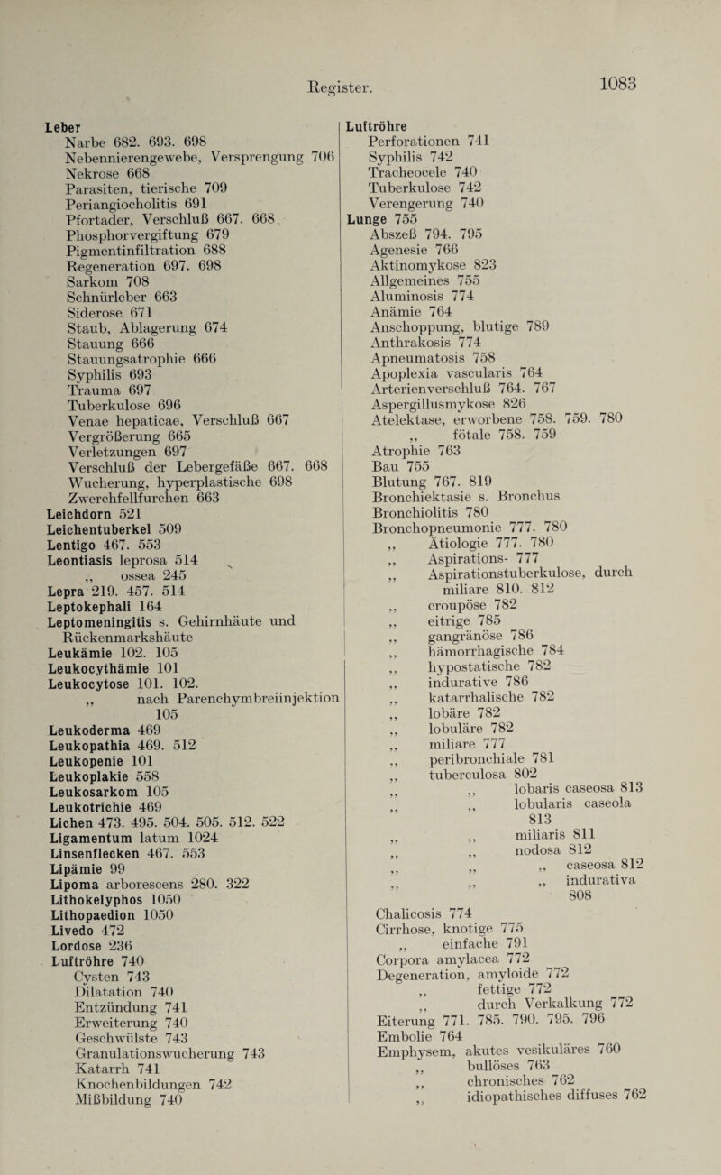 Leber Narbe 682. 693. 698 Nebennierengewebe, Versprengung 706 Nekrose 668 Parasiten, tierische 709 Periangiocholitis 691 Pfortader, Verschluß 667. 668 Phosphor Vergiftung 679 Pigmentinfiltration 688 Regeneration 697. 698 Sarkom 708 Schnürleber 663 Siderose 671 Staub, Ablagerung 674 Stauung 666 Stauungsatrophie 666 Syphilis 693 Trauma 697 Tuberkulose 696 Venae hepaticae, Verschluß 667 Vergrößerung 665 Verletzungen 697 Verschluß der Lebergefäße 667. 668 Wucherung, hyperplastische 698 Zwerchfellfurchen 663 Leichdorn 521 Leichentuberkel 509 Lentigo 467. 553 Leontiasis leprosa 514 N „ ossea 245 Lepra 219. 457. 514 Leptokephali 164 Leptomeningitis s. Gehirnhäute und Rückenmarkshäute Leukämie 102. 105 Leukocythämie 101 Leukocytose 101. 102. ,, nach Parenchymbreiinjektion 105 Leukoderma 469 Leukopathia 469. 512 Leukopenie 101 Leukoplakie 558 Leukosarkom 105 Leukotrichie 469 Lichen 473. 495. 504. 505. 512. 522 Ligamentum latum 1024 Linsenflecken 467. 553 Lipämie 99 Lipoma arborescens 280. 322 Lithokelyphos 1050 Lithopaedion 1050 Livedo 472 Lordose 236 Luftröhre 740 Cysten 743 Dilatation 740 Entzündung 741 Erweiterung 740 Geschwülste 743 Granulations Wucherung 743 Katarrh 741 Knochenbildungen 742 Mißbildung 740 Luftröhre Perforationen 741 Syphilis 742 Tracheocele 740 Tuberkulose 742 Verengerung 740 Lunge 755 Abszeß 794. 795 Agenesie 766 Aktinomykose 823 Allgemeines 755 Aluminosis 774 Anämie 764 Anschoppung, blutige 789 Anthrakosis 774 Apneumatosis 758 Apoplexia vascularis 764 Arterien Verschluß 764. 767 Aspergillusmykose 826 Atelektase, erworbene 758. 759. 780 „ fötale 758. 759 Atrophie 763 Bau 755 Blutung 767. 819 Bronchiektasie s. Bronchus Bronchiolitis 780 Bronchopneumonie 777. 780 ,, Ätiologie 777. 780 ,, Aspirations- 777 ,, Aspirationstuberkulose, durch miliare 810. 812 ,, croupöse 782 ,, eitrige 785 ,, gangränöse 786 ,, hämorrhagische 784 ,, hypostatische 782 ,, indurative 786 ,, katarrhalische 782 ,, lobäre 782 ,, lobuläre 782 ,, miliare 777 ,, peribronchiale 781 ,, tuberculosa 802 lobaris caseosa 813 lobularis caseola 813 miliaris 811 nodosa 812 ,, caseosa 812 ,, indurativa 808 Cirrhose, knotige 775 ,, einfache 791 Corpora amylacea 772 Degeneration, amyloide 772 „ fettige 772 durch Verkalkung 772 Eiterung 771. 785. 790. 795. 796 Embolie 764 Emphysem, akutes vesikuläres /60 „ bullöses 763 ,. chronisches 762 idiopathisches diffuses 762 9 9 9 9 99 99 9 9 99 9 9 99 Chalicosis 774